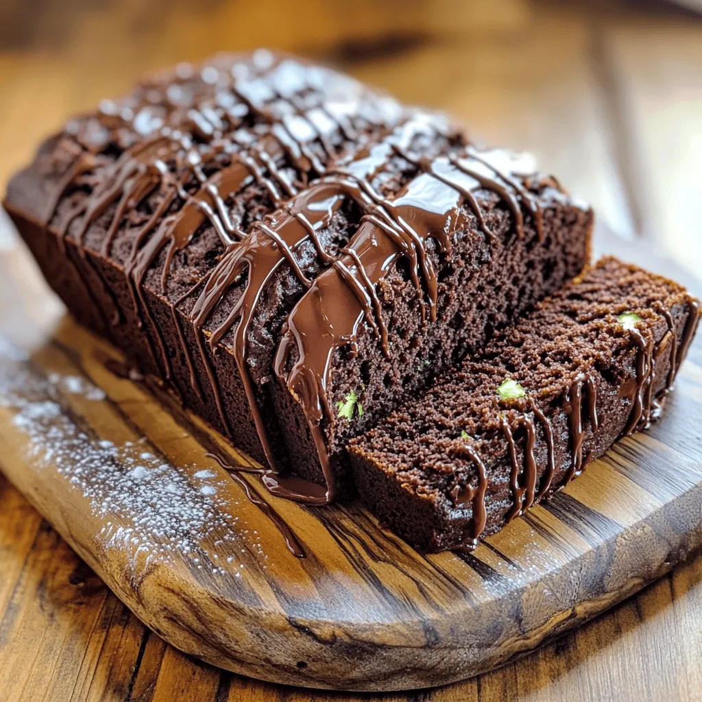 To make super moist chocolate zucchini bread, gather these simple ingredients: - 1 medium zucchini (approximately 1 cup when grated) - 1 cup all-purpose flour - 1/2 cup unsweetened cocoa powder - 1 cup granulated sugar - 1/2 cup packed brown sugar - 1/2 cup vegetable oil (or melted coconut oil for a tropical twist) - 2 large eggs - 1 teaspoon pure vanilla extract - 1 teaspoon baking soda - 1/2 teaspoon baking powder - 1/4 teaspoon salt - 1/2 cup semi-sweet or dark chocolate chips - Optional: 1/4 cup chopped nuts (such as walnuts or pecans) You can swap some of these ingredients for different options. For a healthier choice, use whole wheat flour instead of all-purpose flour. You can also try using applesauce or yogurt in place of oil for a lower-fat version. If you avoid eggs, consider using flaxseed meal mixed with water as a substitute. This will help bind the bread while adding fiber. - Zucchini: Grate the zucchini and squeeze out excess moisture using a clean kitchen towel. This helps keep the bread from becoming soggy. - Cocoa Powder: Use high-quality unsweetened cocoa powder for the best flavor. It makes a big difference! - Sugar: For a richer taste, try using brown sugar. It adds a nice depth to the bread. - Oil: If you use melted coconut oil, let it cool down slightly before mixing. This prevents cooking the eggs in the batter. - Chocolate Chips: Choose semi-sweet or dark chocolate chips for a more decadent treat. You can mix in some nuts for extra crunch if you like. For the full recipe, check the Super Moist Chocolate Zucchini Bread section. First, gather your ingredients. Start by grating the zucchini. You need about one cup. This adds moisture and flavor to your bread. In a large bowl, mix the grated zucchini, granulated sugar, brown sugar, vegetable oil, eggs, and vanilla extract. Use a whisk to blend everything well. Make sure the sugars dissolve completely. In another bowl, combine flour, cocoa powder, baking soda, baking powder, and salt. Whisk these dry ingredients together until they mix evenly. Now, slowly add the dry mix to the wet ingredients. Fold gently with a spatula. Be careful not to overmix; some lumps are okay. Finally, fold in the chocolate chips and nuts if you like. Your batter is now ready! Next, preheat your oven to 350°F (175°C). Prepare a 9x5-inch loaf pan by greasing it with butter or oil. Dust it with flour or use parchment paper for easy removal. Pour your batter into the pan, smoothing the top with a spatula. This helps the bread bake evenly. Place the pan in the oven and bake for 50 to 60 minutes. The sweet smell will fill your kitchen as it bakes. To check if the bread is ready, insert a toothpick into the center. If it comes out clean or with a few moist crumbs, it’s done! If the toothpick comes out wet, bake for a few more minutes. Once baked, take the bread out of the oven. Let it cool in the pan for about 10 minutes. Then, transfer it to a wire rack to cool completely. You’ll want to wait before slicing into this delicious treat! For the full recipe, check the section above. To keep your chocolate zucchini bread super moist, start with fresh zucchini. Grate it finely and squeeze out any excess water. This helps keep the bread light, but still moist. Another tip is to use oil instead of butter. Oil adds moisture that helps the bread stay soft. Lastly, don’t bake it too long. Overbaking can dry it out. Check it a few minutes before the time is up. One common mistake is overmixing the batter. Mix just until the flour disappears; lumps are fine. Another mistake is not measuring ingredients properly. Always use the right tools, like dry measuring cups for flour and cocoa. Make sure your baking soda and powder are fresh. Old leavening agents can make the bread dense. Lastly, use a toothpick to check for doneness. If it comes out with wet batter, it needs more time. For a lovely presentation, slice your bread evenly. Arrange the slices on a nice platter. You can add a drizzle of melted chocolate on top for a gourmet look. A light dusting of powdered sugar also adds a sweet touch. If you want to impress, serve each slice with a dollop of whipped cream. This will elevate your dish and make it more inviting. For the full recipe, check out the details above. {{image_4}} You can play with flavors to make this bread special. Adding spices like cinnamon or nutmeg can warm up the taste. A splash of almond extract adds a nice twist. You can even mix in some espresso powder for a rich touch. These additions help balance the sweetness and enhance the chocolate flavor. For a healthier version, swap all-purpose flour for whole wheat flour. This change adds fiber and nutrients. You might also try using applesauce instead of oil. This keeps the bread moist while cutting down on fat. Sweeteners like honey or maple syrup can replace granulated sugar, adding unique flavor notes. Each season brings a chance to change this recipe. In fall, add pumpkin puree for a festive twist. This adds moisture and flavor. You can also mix in spices like cinnamon and cloves for that cozy vibe. In spring, consider adding chopped strawberries or raspberries for a fresh taste. This keeps your chocolate zucchini bread exciting all year round. For the complete recipe, check out the [Full Recipe]. To keep your chocolate zucchini bread fresh, store it in a cool place. Wrap it tightly in plastic wrap or place it in an airtight container. This keeps moisture in and prevents it from drying out. If you plan to eat it within a few days, the counter is fine. For longer storage, the fridge is your best bet. Freezing is a great option if you want to save some for later. First, let the bread cool completely. Then, wrap it well in plastic wrap and aluminum foil. This protects it from freezer burn. You can freeze it for up to three months. When you’re ready to enjoy, thaw it in the fridge overnight. If your bread is a day old, don’t worry! You can bring back some of its moisture. Preheat your oven to 350°F (175°C). Place the bread on a baking sheet. Heat it for about 10 minutes. This warms it up and makes it taste fresh again. You can also slice it and toast it for a crunchy treat. Enjoy your delicious chocolate zucchini bread with a cup of coffee or tea! Yes, you can use frozen zucchini. Just thaw it first and drain any extra water. This helps keep your bread from becoming soggy. Frozen zucchini works well because it still has all the flavor and nutrients. To check if the bread is done, use a toothpick. Insert it into the center of the loaf. If it comes out clean or with a few moist crumbs, it is ready. If there is wet batter on the toothpick, bake it a little longer. Keep an eye on it to avoid overbaking. You can use applesauce or mashed banana as a substitute for eggs. Use 1/4 cup of either for each egg you replace. This will keep your bread moist and add a hint of sweetness. Another option is to use flaxseed meal. Mix one tablespoon of flaxseed meal with two and a half tablespoons of water, and let it sit for a few minutes before adding it to the batter. This also works well for binding. For the full recipe, check out the Super Moist Chocolate Zucchini Bread. This blog post covered key points for making chocolate zucchini bread. We explored main ingredients and their alternatives, along with helpful prep tips. Step-by-step, you learned to create the batter, bake successfully, and check for doneness. I shared vital tips for keeping the bread moist, avoiding mistakes, and presenting it well. Variations let you customize flavors and use healthier options. Finally, I provided storage tips to keep your bread fresh. Embrace these ideas and enjoy delicious baking!