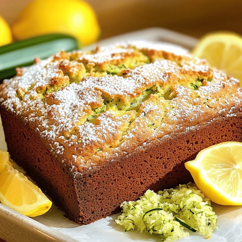 - 1 cup grated zucchini (approximately 1 medium zucchini) - 1 cup granulated sugar - 1/2 cup unsalted butter, melted and slightly cooled - 2 large eggs, at room temperature - 1 teaspoon pure vanilla extract - 1 tablespoon fresh lemon zest (zest from about 1 lemon) - 1/4 cup freshly squeezed lemon juice - 1 1/2 cups all-purpose flour - 1 teaspoon baking powder - 1 teaspoon baking soda - 1/2 teaspoon salt - 1 teaspoon ground cinnamon - 1/2 cup chopped walnuts or pecans (optional, for added texture) When it comes to baking, fresh ingredients make a big difference. I always recommend using fresh zucchini for this recipe. It gives the bread moisture and flavor. The zest from the lemon adds a bright note, while the juice balances the sweetness. I like to use unsalted butter because it allows me to control the salt in the recipe. The eggs should be at room temperature, as they mix better with the other ingredients. If you want to add a crunch, toss in some chopped nuts. You’ll need basic pantry staples like flour, sugar, baking powder, baking soda, salt, and cinnamon. Each of these ingredients plays a key role in the structure and flavor of the bread. For the full recipe, refer to the section above. This combination of ingredients will help you create a delicious lemon zucchini bread that everyone will enjoy! First, you need to preheat your oven to 350°F (175°C). This makes sure your bread cooks evenly. While the oven heats, grab a 9x5-inch loaf pan. Grease it with butter or oil, then sprinkle flour inside. This helps the bread slide out easily after baking. Next, take your grated zucchini and place it in a large bowl. Add one cup of granulated sugar to the zucchini. Mix them well. Let this sit for about 10 minutes. This resting time allows the zucchini to release extra moisture, which helps keep the bread soft. Now, it's time to mix the wet ingredients. In the same bowl with zucchini and sugar, add half a cup of melted butter. Make sure the butter is cool, not hot. Then, crack in two large eggs, pour one teaspoon of vanilla extract, add one tablespoon of lemon zest, and finally, pour in a quarter cup of fresh lemon juice. Stir everything together until mixed well. In a separate bowl, whisk together one and a half cups of all-purpose flour, one teaspoon of baking powder, one teaspoon of baking soda, half a teaspoon of salt, and one teaspoon of ground cinnamon. This ensures even mixing of all the dry ingredients. Now, slowly add the dry mixture to the wet mixture. Mix gently until just combined. Avoid overmixing to keep the bread soft. If you want, fold in half a cup of chopped walnuts or pecans for added texture. Pour the batter into your greased loaf pan. Use a spatula to smooth the top. This helps the bread bake evenly. Place the pan in your preheated oven and bake for 50 to 60 minutes. To check if it is done, insert a toothpick in the center. If it comes out clean or with a few moist crumbs, your bread is ready. After baking, let the bread cool in the pan for 10 minutes. Then, carefully transfer it to a wire rack to cool completely. Once cooled, slice it up and enjoy the tasty blend of zucchini and lemon flavors in every bite. For the complete recipe, check the Full Recipe section. - Avoiding overmixing: When you mix your batter, be gentle. Overmixing can make your bread tough. Mix just until the flour disappears. This keeps your bread soft and fluffy. - Adjusting sweetness and zest levels: Taste the batter before baking. If you want more zing, add more lemon zest. For a sweeter bite, increase the sugar a bit. Remember, balance is key! - Incorporating nuts for texture: I love adding chopped walnuts or pecans. They add crunch and flavor. Fold them into the batter just before pouring it into the pan. You can leave them out if you prefer a smoother texture. - Storing leftovers: Once your bread cools, wrap it tightly in plastic wrap. This keeps it fresh. You can also store it in an airtight container. It lasts about 3 days at room temperature. - Freezing tips for longer shelf life: If you want to save some for later, freeze it. Slice your bread, then wrap each piece. Use freezer bags for easy storage. It can last up to three months in the freezer. Just thaw it overnight in the fridge when you’re ready to eat! For the complete recipe, check out the Full Recipe section! {{image_4}} You can easily make lemon zucchini bread even better. Adding spices like nutmeg or ginger gives a warm twist. These spices add depth and a hint of warmth. You can also try a lemon glaze or icing on top. A simple glaze made from powdered sugar and lemon juice adds sweetness. It brightens the flavor and makes the bread look nice. If you need gluten-free options, use almond flour or a gluten-free blend. These substitutes keep the bread moist and tasty. For a vegan version, simply replace eggs with flax eggs or applesauce. You can swap butter for coconut oil or vegan butter. These changes make the bread fit many diets while keeping it delicious. To make your lemon zucchini bread look lovely, dust the top with powdered sugar. This gives the bread a sweet touch and a nice look. You can also serve slices with fresh lemon wedges. The lemon adds a burst of color and flavor. If you want something creamy, try adding a dollop of whipped cream on the side. This adds a soft texture that pairs well with the bread. For drinks, tea or coffee goes well with lemon zucchini bread. The warmth of these drinks balances the zesty flavor. You can also try herbal tea for a lighter option. For spreads, butter or cream cheese works great. Both add richness and make every bite more enjoyable. You can even mix in a bit of lemon zest into your spread for extra zing. This simple touch enhances the overall experience of your lemon zucchini bread. Remember, the recipe is flexible, so feel free to mix and match your favorite items! Can I use yellow squash instead of zucchini? Yes, you can use yellow squash. It has a similar texture and flavor. The bread will still taste great. How can I tell when my bread is done baking? To check if your bread is done, insert a toothpick into the center. If it comes out clean or with a few moist crumbs, the bread is ready. Can I make this recipe in muffin form? Absolutely! This recipe works well as muffins. Bake them for about 18-22 minutes. Use the same toothpick test to check for doneness. What variations can I try to make it healthier? You can reduce sugar or use whole wheat flour. Adding nuts or seeds boosts nutrition and adds texture. You can also add spices like nutmeg for flavor. How long does this bread last at room temperature? Lemon zucchini bread lasts about 2-3 days at room temperature. Store it in an airtight container to keep it fresh. Should I peel the zucchini before grating? No need to peel the zucchini! The skin adds flavor and nutrition. Just wash it well before grating. Lemon zucchini bread is a delightful treat that combines fresh ingredients for flavor. We covered the key ingredients, step-by-step instructions, and helpful tips for baking. You can also explore variations and serving suggestions to enhance your bread experience. Remember, adjusting sweetness and adding nuts can make a big difference. Enjoy your baking journey and share this tasty creation with others. Happy baking!