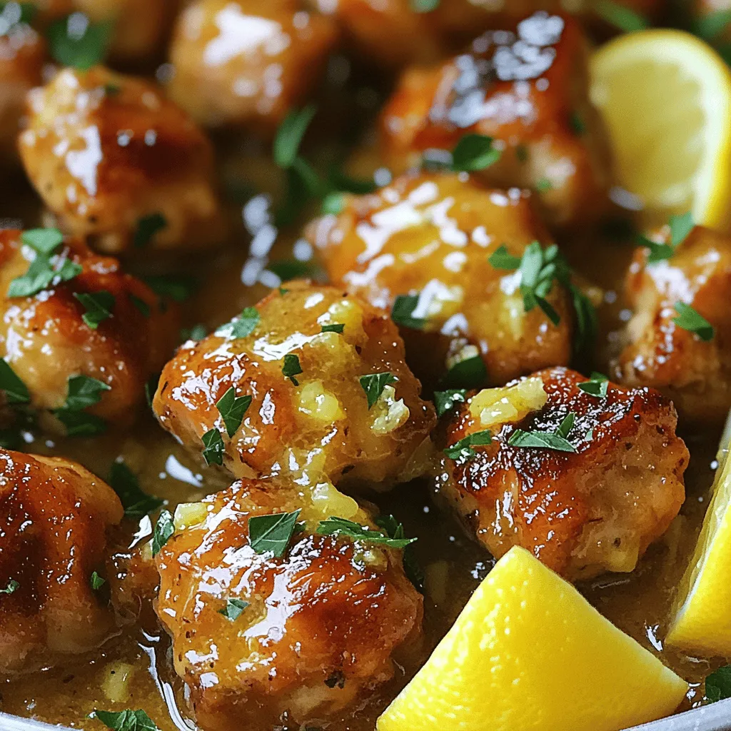 - 1 lb (450g) chicken breast, cut into bite-sized pieces - 4 tablespoons unsalted butter - 4 cloves garlic, minced - 1 teaspoon dried oregano - 1 teaspoon dried thyme - 1 teaspoon smoked paprika - 2 tablespoons fresh parsley, finely chopped (for garnish) - Lemon wedges (for serving) When it comes to creating garlic butter chicken bites, simplicity shines. First, the chicken breast acts as the star, offering a tender base. I always choose fresh chicken. It holds flavor well and cooks evenly. The unsalted butter gives richness and a creamy texture. The garlic, oh the garlic, adds a punch of flavor that makes this dish pop. For seasonings, dried oregano and thyme are my go-tos. They add warmth and earthiness. Smoked paprika brings a subtle smokiness that elevates the dish. Adjust the seasonings based on your taste, but these three work wonderfully together. Garnishing is just as important. Fresh parsley brightens up the plate. It adds a splash of color and a hint of freshness. Lemon wedges serve as a zesty contrast. When you squeeze lemon juice over the bites, it enhances the flavors even more. You can find the full recipe for garlic butter chicken bites to guide you through the cooking process. Enjoy these bites as a quick meal or serve them at your next gathering! - Seasoning the Chicken Pieces: Start with 1 pound of chicken breast. Cut it into bite-sized pieces. In a mixing bowl, toss the chicken with salt, black pepper, smoked paprika, and a pinch of dried oregano. Make sure each piece is coated well. This step adds great flavor to every bite. - Ensuring Even Coating: After seasoning, mix thoroughly. You want each piece to be evenly coated. This helps the chicken absorb the flavors during cooking. - Melting the Butter: Heat a large skillet over medium heat. Add 4 tablespoons of unsalted butter. Let it melt completely. Keep an eye on it as it melts. You want it to foam but not brown. - Sautéing Garlic: Once the butter is melted, add 4 cloves of minced garlic. Stir gently for 1 to 2 minutes. You should smell the garlic's aroma, but take care not to let it brown. Burnt garlic can taste bitter. - Adding the Chicken: Now, add your seasoned chicken pieces to the skillet. Cook for about 5 to 7 minutes. Stir occasionally to ensure even cooking. The chicken should turn golden brown and reach an internal temperature of 165°F. - Integrating Herbs: After the chicken is cooked, sprinkle 1 teaspoon of dried thyme and the remaining oregano over it. Stir well to mix. This will let the herbs infuse their flavors into the chicken bites. For the full recipe, check out the detailed instructions! - Ideal Skillet Temperature Start with medium heat. This helps the butter melt without burning. A hot skillet cooks the chicken quickly and evenly. Keep an eye on it as you don’t want it too hot. - Preventing Garlic from Burning Add garlic after the butter melts. Stir it gently for 1-2 minutes. If it turns brown, it can taste bitter. You want fragrant garlic, not burnt. - Adjusting Seasoning to Taste Taste the chicken bites as you cook. If you want more salt, add it slowly. You can also add a bit more paprika for a smoky flavor. Adjust to your liking. - Incorporating Other Herbs Try adding basil or rosemary for a twist. Fresh herbs can brighten the dish. Just remember to add them near the end of cooking for the best flavor. - Arrangement on the Plate Serve the chicken bites in a shallow dish. Arrange them in a circle or a nice pile. This makes your food look more inviting and tasty. - Garnishing Suggestions Sprinkle extra parsley on top for color. You can also add a few lemon wedges. This not only looks good but adds a fresh taste when squeezed over the dish. For the full recipe, check out the [Full Recipe]. {{image_4}} - Adding Vegetables You can enhance your garlic butter chicken bites by adding vegetables. Think of colorful bell peppers, green beans, or zucchini. Cut them into bite-sized pieces. Just toss them in with the chicken while cooking. They add flavor and nutrition to your dish. - Incorporating Different Proteins While chicken is great, you can also use shrimp or tofu. These alternatives offer new textures and flavors. Cook them in the same garlic butter and spices. Adjust cooking times to ensure they are cooked through. - Spicy Garlic Butter Chicken Bites Want some heat? Add red pepper flakes or cayenne pepper to the mix. Start with a small amount and taste as you go. This gives your chicken bites a nice kick without overpowering the garlic flavor. - Lemon Herb Garlic Chicken Bites For a fresh twist, add lemon zest and juice. Mix these into the garlic butter before cooking the chicken. You can also include fresh herbs like basil or dill for a bright taste. This variation is perfect for summer meals. - Side Dish Suggestions Garlic butter chicken bites pair well with rice, quinoa, or a simple salad. Consider roasted potatoes or sautéed greens for a hearty meal. These sides complement the rich flavors of the chicken. - Pairing with Dips Serve your bites with dips like ranch or garlic aioli. These add a creamy element to the dish. You can even make a spicy dip using yogurt and hot sauce. It’s a fun way to enjoy the bites with friends. For the full recipe and more ideas, check out the [Full Recipe]. Store your garlic butter chicken bites in an airtight container. This helps keep them fresh. The flavor stays strong for up to three days. The texture may change slightly, but they still taste great. Make sure to cool them down before sealing. This prevents steam from building up inside the container. To freeze, first let the chicken bites cool completely. Then, pack them in freezer bags. Remove as much air as possible before sealing. This keeps freezer burn away. They can stay in the freezer for up to three months. When you're ready to eat, thaw them overnight in the fridge. Reheating is simple. You can use a skillet over medium heat. Add a little butter to keep them moist. Heat until warmed through, about 5-7 minutes. Don’t waste any leftovers! You can add them to salads for extra protein. Toss them in pasta for a quick meal. They also work great in wraps with fresh veggies. Transforming these bites into new dishes is fun and easy. Get creative with your meals! Check out the Full Recipe for more inspiration. To season garlic butter chicken bites well, use simple herbs and spices. Start with salt and pepper. Add smoked paprika for a nice kick. Dried oregano and thyme bring out rich flavors. For a burst of freshness, finish with chopped parsley. You can also mix in a pinch of red pepper flakes for heat. Adjusting cooking time is easy. If you use larger chicken pieces, increase the cook time by a few minutes. Smaller pieces will cook faster, so check them at around 5 minutes. Always ensure the chicken reaches 165°F (74°C) inside. This keeps it safe and tasty. Use a meat thermometer for accuracy. Yes, you can make garlic butter chicken bites ahead of time. Cook the chicken and let it cool. Store it in an airtight container in the fridge for up to three days. When ready to eat, just reheat it in a skillet or microwave. This way, you save time on busy nights. For the full recipe, check out the complete guide. This blog covers the key steps to make delicious garlic butter chicken bites. We discussed the main ingredients like chicken, butter, and garlic, along with the right seasonings and herbs. You learned the cooking process and tips for better flavor and presentation. I shared variations so you can customize the dish. Finally, we touched on storage and meal prep ideas. Enjoy making this dish, and don't hesitate to experiment to match your taste! Your kitchen creativity will enhance every bite.