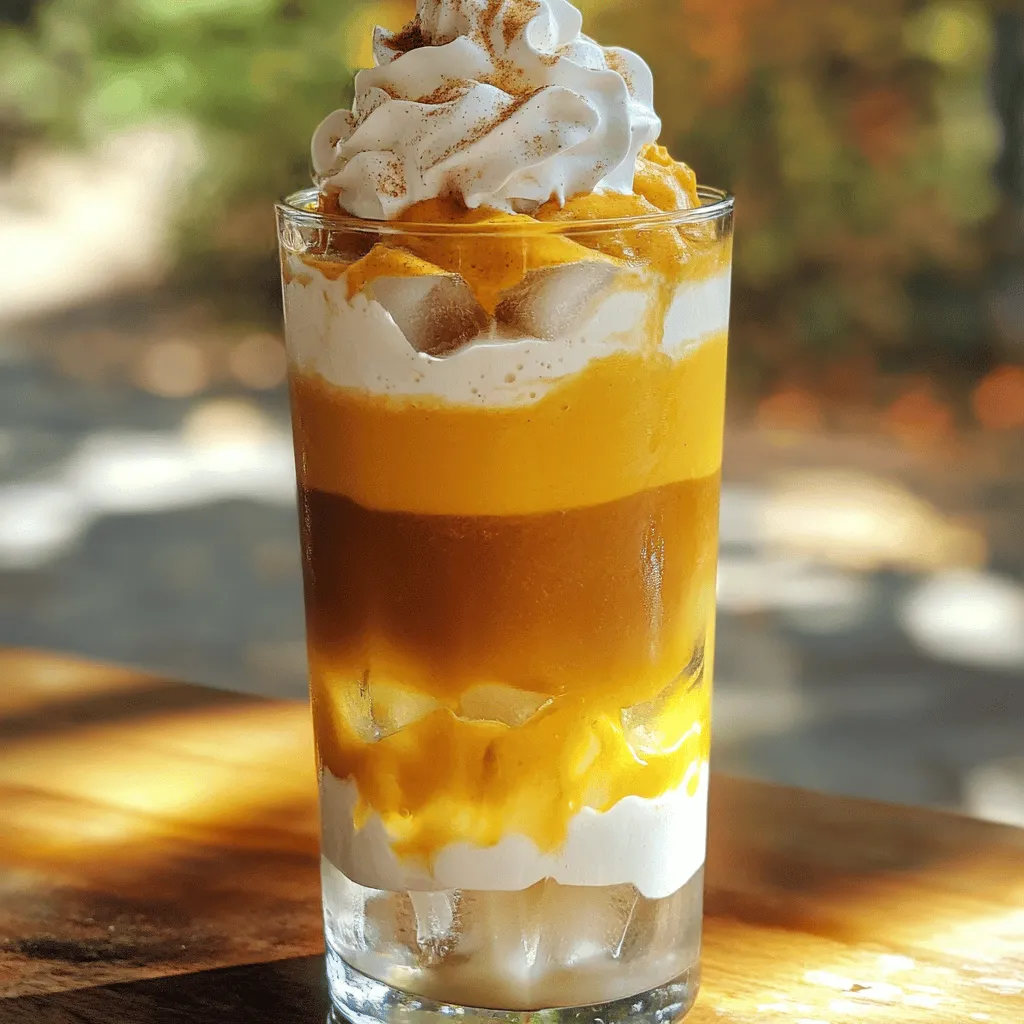 To make Iced Pumpkin Cream Chai Tea, gather these ingredients: - 2 cups strong brewed chai tea - 1/2 cup pumpkin puree - 1/4 cup milk (your choice of dairy or non-dairy) - 1/4 cup heavy cream (or substitute with coconut cream) - 2 tablespoons maple syrup (adjust to taste) - 1 teaspoon pumpkin pie spice (plus extra for garnish) - Ice cubes - Whipped cream (optional, for topping) This drink is rich in flavor and nutrients. Here’s what you get per serving: - Calories: Approximately 200-250 - Protein: 3-5 grams - Fat: 10-15 grams - Carbohydrates: 25-30 grams - Fiber: 2 grams Enjoying this drink gives you a nice boost of energy. The pumpkin adds fiber and vitamins, while chai offers antioxidants. You can swap ingredients to fit your tastes or needs: - Chai tea: Use rooibos tea for a caffeine-free option. - Pumpkin puree: Substitute with sweet potato puree for a different flavor. - Milk: Use almond, oat, or soy milk for dairy-free choices. - Heavy cream: Coconut cream gives a nice vegan alternative. - Maple syrup: Honey or agave syrup can replace maple syrup. - Pumpkin pie spice: Use cinnamon, nutmeg, or allspice if you need. These swaps let you customize the drink while keeping it tasty. You can make this recipe your own with simple changes. Now, let’s get ready for a delicious drink! For the full recipe, check out the [Full Recipe]. To begin, brew the chai tea. I recommend using two cups of strong chai tea. Use extra tea bags or loose leaf for a bold flavor. Follow the package instructions closely. After brewing, let the tea cool to room temperature. You can speed this up by placing it in the fridge for a bit. Next, prepare the pumpkin cream mixture. In a medium bowl, mix together the following: - 1/2 cup pumpkin puree - 1/4 cup milk (your choice) - 1/4 cup heavy cream (or coconut cream) - 2 tablespoons maple syrup (tweak to taste) - 1 teaspoon pumpkin pie spice Whisk these ingredients together until smooth. The mixture should be velvety and rich. Taste it and adjust the sweetness or spice as you like. Now, it’s time to assemble your drink. Grab a tall glass and fill it with ice cubes. Once the chai tea is cool, pour it over the ice, filling the glass about two-thirds full. Next, take the pumpkin cream mixture and spoon it gently over the chai tea. Watch as it floats! This makes a lovely layered drink. For an extra treat, add a dollop of whipped cream on top. Finish with a sprinkle of pumpkin pie spice for that fall vibe. To drink, give it a gentle stir to mix the layers, or enjoy the beautiful look as you sip. You can find the full recipe easily to follow along! To make your Iced Pumpkin Cream Chai Tea taste amazing, start with strong chai tea. Use double the amount of tea bags or loose leaf for a bold flavor. Let the tea cool before adding the pumpkin cream. This helps keep the drink refreshing. Mixing pumpkin puree with milk and cream creates a smooth blend. Whisk it well to avoid lumps. Taste it! Adjust the maple syrup and pumpkin pie spice to match your liking. Serve your drink in a tall glass filled with ice. Pour in the cooled chai tea, then add the pumpkin cream mixture on top. This creates a lovely layered look. For a fun touch, top it with whipped cream. A sprinkle of pumpkin pie spice on top makes it festive. Use a straw or spoon to mix it up before drinking. Share it with friends or enjoy it solo while relaxing. You can prepare the chai tea and pumpkin cream mix ahead. Brew the tea and chill it overnight. Prepare the pumpkin cream mixture and store it in the fridge. When you're ready, just pour the tea over ice and add the cream. This saves time and keeps your drink cool. You can also make a batch for a gathering. Just double the recipe for more servings. Enjoy every sip of this delightful fall drink! {{image_4}} You can easily make this drink vegan. Just swap the milk and cream with non-dairy options. Almond, oat, or soy milk works great. For the cream, use coconut cream. This keeps the rich flavor while being plant-based. You still get that pumpkin spice goodness without using any dairy. If you want to change the sweetness, try different sweeteners. Agave syrup, honey, or stevia can replace maple syrup. Adjust the amount to fit your taste. Each sweetener adds a unique flavor twist, so feel free to experiment. Less sugar can still give you a tasty drink. Want to change up the spices? You can! Try adding cinnamon, nutmeg, or ginger. Each spice brings its own warmth. For a spicy kick, add a pinch of cayenne pepper. Just a little can make your drink exciting. Mix and match spices for a unique flavor profile. For the full recipe, check out the main section on ingredients. To store any leftover Iced Pumpkin Cream Chai Tea, pour it into a sealed container. This keeps the drink fresh for up to three days in the fridge. If you plan to enjoy it later, do not add whipped cream until serving. If you have leftover chai tea, you can warm it up. Pour it into a pot and heat it on low. Stir it gently and avoid boiling. Once it's warm, you can add the pumpkin cream mix or enjoy it plain. You can freeze the chai tea base if you want to save it for later. Pour it into an ice cube tray and freeze until solid. Once frozen, pop the cubes into a bag. This gives you ready-made chai that you can blend with fresh pumpkin cream later. Avoid freezing the cream mixture, as it may change texture when thawed. Iced Pumpkin Cream Chai Tea is a cool drink that mixes chai tea with pumpkin and cream. It has warm spices, sweet pumpkin, and a rich creaminess. This drink is perfect for fall, making it a comforting choice on warm days. Yes, you can use any milk you like! Dairy milk, almond milk, or oat milk all work well. Each type of milk gives a different flavor and texture, so choose what you enjoy most. To reduce the sweetness, cut back on maple syrup. You can also skip the whipped cream or use unsweetened milk. Adjusting the pumpkin pie spice can also help balance the flavors without adding sugar. You can find Iced Pumpkin Cream Chai Tea at coffee shops, especially in fall. Many cafes offer seasonal drinks. You can also make it at home with the full recipe I shared above. - Chai Tea: Contains antioxidants and can boost heart health. - Pumpkin: Rich in vitamins A and C, good for your skin and vision. - Maple Syrup: Offers minerals like zinc and manganese, better than refined sugar. - Milk: Provides calcium and vitamin D for strong bones. Absolutely! If you have pre-made chai tea, just use that instead of brewing your own. This saves time and still gives the same great flavor. Just make sure it is strong for the best taste. Iced Pumpkin Cream Chai Tea is a fun and tasty drink. We discussed the key ingredients, including swaps for those you might not have. I shared easy steps to brew and prepare your chai. Tips helped you learn how to add great flavor. You found ways to make this drink vegan or adjust its sweetness. Enjoy making this drink at home. It's easy, fun, and perfect for fall!