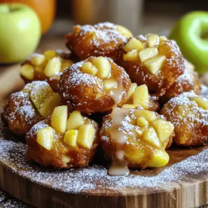 - 2 medium-sized apples (preferably Granny Smith or Honeycrisp), peeled and finely diced - 1 cup all-purpose flour - 1/2 cup granulated sugar (divided) - 1 teaspoon baking powder - 1/2 teaspoon ground cinnamon - 1/4 teaspoon ground nutmeg - A pinch of salt - 1/2 cup milk (whole or 2%) - 1 large egg - 1 teaspoon pure vanilla extract - 1/4 cup powdered sugar (for glaze) - 1 tablespoon apple juice (for glaze) - Vegetable oil (for frying) The main ingredients create a balanced blend of flavors. The apples bring sweetness and moisture. The flour acts as a base, while sugar adds sweetness and helps with browning. Baking powder lifts the bites, giving them a light texture. Cinnamon and nutmeg add warmth and spice. - Chopped nuts (like walnuts or pecans) - Raisins or dried cranberries - A splash of lemon juice for brightness - Extra spices like ginger or allspice Adding nuts or dried fruit gives extra texture and flavor. A splash of lemon juice can brighten the bites. You can mix in spices to change the flavor profile. Try a pinch of ginger for a warm kick. - Granny Smith - Honeycrisp - Fuji - Gala Granny Smith apples work well for their tartness. Honeycrisp adds sweetness and crunch. Fuji and Gala can also enhance flavor with their natural sugars. Choose apples based on your taste. The right apple makes a big difference in your fritter bites. First, peel and dice the apples. I like to use Granny Smith or Honeycrisp for their crunch. Place your diced apples in a mixing bowl. Add 1 tablespoon of granulated sugar. Toss them gently to coat. Let the apples sit for 10 minutes. This helps to draw out moisture, making your fritters less soggy. In a large mixing bowl, sift together the flour, baking powder, and spices. Combine 1/2 cup of granulated sugar, ground cinnamon, ground nutmeg, and a pinch of salt. Ensure all dry ingredients mix well. This step is key for even flavor in your fritters. In another bowl, whisk together the milk, egg, and vanilla extract. Mix until fully blended. Gradually pour this wet mixture into the bowl with dry ingredients. Stir gently with a spatula or wooden spoon. Mix until just combined. Be careful not to overmix. It’s okay if the batter is a bit lumpy. Heat vegetable oil in a deep skillet or pot. Aim for about 350°F (175°C). Use a thermometer for best results. Once hot, scoop tablespoons of batter. Gently lower them into the oil. Fry only a few at a time to keep them from sticking. Cook for 2-3 minutes on each side. They should turn golden brown. Remove them with a slotted spoon and drain on paper towels. For a quick glaze, mix powdered sugar with apple juice in a small bowl. Whisk until smooth. While the fritter bites are still warm, drizzle the glaze over them. This adds sweetness and a lovely finish. Enjoy your Apple Fritter Bites fresh and warm for the best flavor! For the complete recipe, check out the Full Recipe section. To get the best apple fritter bites, heat the oil to 350°F (175°C). Use a thermometer for accuracy. This temperature helps cook the bites evenly. If the oil is too hot, they will burn outside and stay raw inside. Fry a few bites at a time. This keeps the temperature stable. Gently drop the batter into the oil and do not overcrowd the pan. One common mistake is overmixing the batter. Mix just enough to combine the wet and dry ingredients. Overmixing can lead to tough bites. Another mistake is not letting the apples sit with sugar. This step pulls out moisture, making the bites less soggy. Also, avoid using too many apples. Too much fruit can make the batter weak. Serve the warm fritter bites on a nice plate. You can dust them with extra powdered sugar. Arrange thin apple slices around the bites for a pretty touch. For a fun twist, pair them with vanilla ice cream or whipped cream. This adds a creamy contrast to the sweet, warm bites. You can find the full recipe to explore more ideas for serving these treats! {{image_4}} You can take your Apple Fritter Bites to the next level by dipping them in chocolate. Use dark, milk, or white chocolate for this. Melt your chocolate in a bowl over simmering water or in the microwave. Once melted, dip the warm fritter bites into the chocolate. Let the excess drip off, then place them on parchment paper to cool. This adds a rich flavor and makes them even more special. Another fun way to mix it up is by adding nuts or raisins. Chopped walnuts, pecans, or even almonds add a nice crunch. If you prefer sweetness, toss in some raisins or dried cranberries. Just fold them into the batter when you add the apples. This extra texture makes each bite even more delightful. If you're looking for a healthier option, consider baking instead of frying. Preheat your oven to 400°F (200°C). Line a baking sheet with parchment paper. Use a spoon to drop the batter onto the pan, giving each bite space to spread. Bake for about 12-15 minutes until golden brown. Baked fritter bites still taste amazing, but they have less oil. You can enjoy them guilt-free while savoring all the flavors. For the full recipe, check out the detailed instructions above. Enjoy making your Apple Fritter Bites! To keep your Apple Fritter Bites fresh, store them in an airtight container. Place parchment paper between layers to prevent sticking. This method helps maintain their crispiness. Keep them at room temperature for up to two days. If you want them to last longer, consider refrigerating them. When reheating, avoid the microwave. It can make them soggy. Instead, use an oven or air fryer. Preheat the oven to 350°F (175°C). Place the fritter bites on a baking sheet. Heat for about 5-7 minutes. This method keeps them crispy and delicious. You can freeze Apple Fritter Bites for future enjoyment. First, let them cool completely. Place them in a single layer on a baking sheet. Freeze for about an hour, then transfer them to a freezer bag. Remove as much air as possible. They will last for up to three months. To reheat, bake from frozen at 350°F (175°C) for about 10-12 minutes. Enjoy your tasty treat later! For the full recipe, check the details above. Yes, you can use whole wheat flour or gluten-free flour. Keep in mind that this may change the texture. Whole wheat flour can make the bites denser. Gluten-free flour can work well, but check the package for the best results. Serve Apple Fritter Bites warm on a pretty plate. A dusting of powdered sugar adds a nice touch. You can also drizzle extra glaze on top. For a fun twist, pair them with vanilla ice cream. This adds creaminess that complements the bites. Apple Fritter Bites taste best the same day you make them. If you have leftovers, store them in an airtight container. They can last 1 to 2 days at room temperature. For longer storage, place them in the fridge. You can find Apple Fritter Bites at local bakeries or donut shops. Some grocery stores may also carry them fresh. If you prefer, check online delivery services for options. Apple fritter bites are fun to make and good to eat. We covered the main and optional ingredients, helping you choose the best apples. You learned how to prepare and fry the fritters, and we shared tips to perfect your bites. With variations like chocolate-dipped options, everyone can enjoy these treats. Store extras correctly, and they’ll last longer. Making apple fritter bites can be a rewarding kitchen project. Now it’s time to gather your ingredients and create your own tasty version!