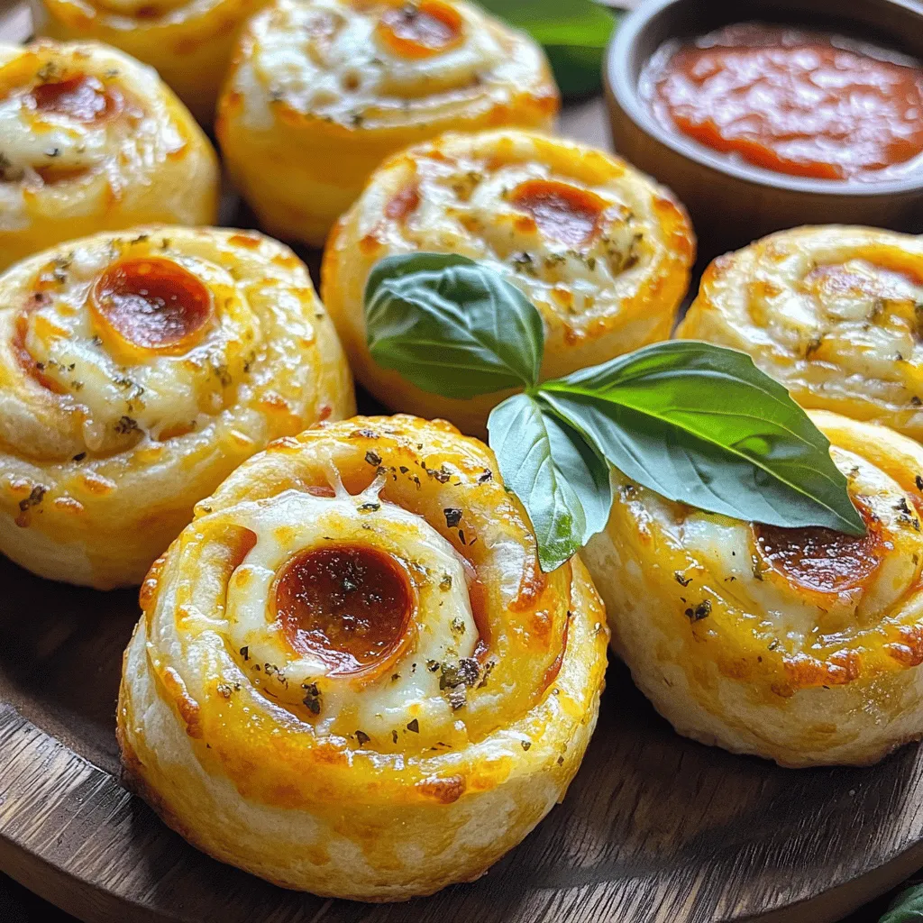 Making cheesy garlic pizza rolls is quick and fun. This recipe uses simple ingredients. You can whip them up in just 35 minutes. The taste is amazing, and they make a great snack. To make these pizza rolls, you will need: - 1 package (13.8 oz) refrigerated pizza dough - 1 cup shredded mozzarella cheese - 1/2 cup pepperoni slices, quartered - 1/4 cup grated Parmesan cheese - 2 tablespoons garlic powder - 2 tablespoons extra virgin olive oil - 1 teaspoon dried Italian seasoning - Marinara sauce for dipping These ingredients create a cheesy, savory treat that everyone loves. If you want to add more flavor, try these optional ingredients: - 1/2 teaspoon crushed red pepper flakes (for a kick) - Fresh basil leaves (for garnish) These extras can elevate your pizza rolls, making them even more delicious. Adding a little spice or fresh herbs can make a big difference! First, set your oven to 400°F (200°C). This is the perfect heat for baking. Next, grab your package of refrigerated pizza dough. Open it and place the dough on a clean, floured countertop. Roll it out into a rectangle, about 1/4 inch thick. Keep an eye on the edges; leave a 1-inch border. This will help seal your rolls later. Now comes the fun part! Spread 1 cup of shredded mozzarella cheese evenly over the dough. Next, take 1/2 cup of quartered pepperoni slices and sprinkle them over the cheese. Then, add 1/4 cup of grated Parmesan cheese on top. This mix will make your pizza rolls super tasty! It’s time to roll it up! Starting from one long edge, tightly roll the dough into a log shape. Pinch the seams well and tuck in the ends. Using a sharp knife, cut the log into 1-inch pieces. Place these pieces cut side up on a parchment-lined baking sheet. Brush each roll with a mix of 2 tablespoons of olive oil, 2 tablespoons of garlic powder, and 1 teaspoon of dried Italian seasoning. If you like a little heat, add 1/2 teaspoon of crushed red pepper flakes. Bake the rolls for 15-18 minutes until golden brown. Let them cool for a few minutes before serving. Enjoy your cheesy garlic pizza rolls! For the full recipe, check the ingredients section. One common mistake is rolling the dough too thin. If the dough is thin, the rolls may burst while baking. Always aim for about 1/4 inch thickness. Another mistake is overfilling the rolls. Too much filling can lead to leaks. Stick to the suggested amounts for the best results. Also, don’t skip the step of pinching the seams. Sealing the rolls helps keep all the cheesy goodness inside. To get that golden crust, brush the tops with olive oil before baking. This adds flavor and helps color the dough. Don’t rush the baking time. Allow the rolls to bake for 15-18 minutes. Keep an eye on them towards the end. If they brown too quickly, cover them with foil to finish baking. The goal is a crisp, golden exterior that contrasts with the gooey cheese inside. For a flavor boost, try adding fresh herbs like basil or oregano to the filling. You can also mix in some cooked sausage or veggies. A sprinkle of garlic powder in the filling adds a nice kick. If you like heat, the crushed red pepper flakes are perfect. Serve these rolls with marinara sauce for dipping. This adds a fresh taste that pairs well with the warm, cheesy goodness. For the full recipe, check out the detailed instructions to make these tasty bites! {{image_4}} You can create tasty vegetarian pizza rolls. Use fresh veggies like bell peppers, onions, and mushrooms. Add in some spinach or broccoli for a healthy twist. Instead of pepperoni, try artichokes or olives. Use the same cheese blend for great flavor. This way, you can enjoy a meatless option that still satisfies. Explore other fillings to make pizza rolls fun. You can use cooked sausage or crispy bacon for a savory bite. Cheese lovers can mix different types of cheese, like cheddar or gouda, for a richer taste. For a spicy kick, add jalapeños or hot sausage. The options are endless, so feel free to get creative! Pizza rolls aren't just for dinner. You can make sweet pizza rolls too! Use a sweet dough base and fill it with Nutella or apple pie filling. Sprinkle some cinnamon and sugar inside for extra flavor. Bake them until golden brown, and serve with a scoop of ice cream. This treat will impress everyone! For more details, check the Full Recipe. To store leftover pizza rolls, first let them cool completely. This helps avoid sogginess. Place them in an airtight container. You can also use a zip-top bag. Be sure to remove as much air as possible. Store them in the fridge for up to three days. For the best taste, reheat pizza rolls in the oven. Preheat your oven to 350°F (175°C). Place the rolls on a baking sheet. Heat them for about 10-12 minutes. This keeps the crust crispy. If you're in a hurry, you can use the microwave. Heat them for about 30-60 seconds, but be mindful; they may get soft. You can freeze pizza rolls for a quick snack later. First, let them cool completely. Then, arrange them in a single layer on a baking sheet. Freeze them for about an hour. Once frozen, transfer them to a zip-top bag. Label the bag with the date. You can freeze them for up to three months. When you're ready to eat, bake them straight from the freezer without thawing. This keeps them nice and tasty. For the full recipe, check out the cheesy garlic pizza rolls delight! Pizza rolls take about 15 to 18 minutes to cook. You want them to turn golden brown. The cheese should be bubbly. Always check them after 15 minutes. Ovens can vary in heat. Yes, you can use store-bought pizza dough. It saves time and effort. Just make sure it’s fresh. Roll it out as needed. This option is great for busy days. It helps you enjoy pizza rolls faster. Marinara sauce is a classic choice for dipping. It adds a nice flavor. You can also try ranch or garlic sauce. For a spicy kick, use sriracha. Sweet sauces, like barbecue, can work too. Get creative and find your favorite! In this article, we explored making delicious pizza rolls. I shared essential and optional ingredients that can boost flavor. We discussed each step, from prepping dough to assembling the filling and baking. I provided tips to avoid common mistakes and achieve that perfect golden crust. We looked at fun variations, like sweet rolls and vegetarian options. Lastly, I covered storage tips and FAQs. Now you have all you need to make tasty pizza rolls. Get in the kitchen and have fun with your recipes!