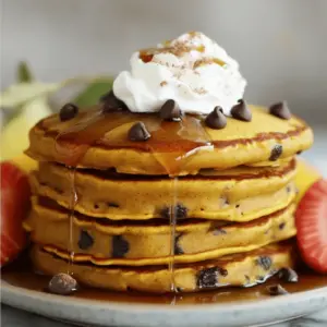 - 1 cup all-purpose flour - 1 cup pumpkin puree - 1/2 cup semi-sweet chocolate chips - 1 large egg The main ingredients give these pancakes their tasty flavor. Pumpkin puree adds a rich, smooth texture. It also brings a subtle sweetness that pairs well with chocolate. The semi-sweet chocolate chips create bursts of sweetness in each bite. Using a large egg helps bind everything together for a fluffy pancake. - 1 tablespoon baking powder - 1/2 teaspoon baking soda - 1/2 teaspoon salt - 1 teaspoon ground cinnamon - 1/4 teaspoon ground nutmeg The dry ingredients are key to rising and flavor. Baking powder and baking soda create air pockets, making the pancakes light and fluffy. Salt enhances the flavors, while cinnamon and nutmeg add warmth. These spices give the pancakes a cozy fall vibe, perfect for any breakfast table. - 1 cup milk (dairy or non-dairy) - 2 tablespoons granulated sugar - 2 tablespoons vegetable oil (or melted coconut oil) Wet ingredients bring moisture to the batter. Milk adds richness, while sugar gives a touch of sweetness. The oil keeps the pancakes tender. You can use coconut oil for a hint of tropical flavor. Each ingredient plays a role to ensure your pancakes are soft and delicious. For the full recipe, check out the details above. Start by whisking together the dry ingredients in a large bowl. You will need: - 1 cup all-purpose flour - 1 tablespoon baking powder - 1/2 teaspoon baking soda - 1/2 teaspoon salt - 1 teaspoon ground cinnamon - 1/4 teaspoon ground nutmeg Whisk until everything is well mixed. Sifting can help make the texture lighter. This step ensures no lumps remain, giving you fluffy pancakes. Next, grab another bowl to combine the wet ingredients. You will need: - 1 cup pumpkin puree - 1 cup milk (dairy or non-dairy) - 1 large egg - 2 tablespoons granulated sugar - 2 tablespoons vegetable oil Mix these until smooth. A smooth mixture helps create a uniform batter, which is key for even cooking. Now, it's time to combine both mixtures. Gradually pour the wet mixture into the dry ingredients. Use a spatula to gently fold them together. This technique is important. Overmixing can make the pancakes tough. You want some lumps in the batter for the best texture. For cooking, preheat a griddle or skillet over medium heat. Lightly grease the surface with butter or oil. Use about 1/4 cup of batter for each pancake. Cook until bubbles form on the surface, which takes about 2-3 minutes. Flip the pancakes and cook for another 2-3 minutes until golden brown. Adjust the heat if needed. Enjoy the delicious smell filling your kitchen! To make your pancakes light and fluffy, whip the batter gently. Use a spatula to mix the wet and dry ingredients. Stop mixing when you see some lumps. Overmixing makes pancakes tough, which is not what you want. If you want a dairy-free option, use almond milk or oat milk. They work great in this recipe. For gluten-free pancakes, swap the all-purpose flour with a gluten-free blend. Just check that it has xanthan gum to help it hold together. You can add more spices for a warm taste. Consider using ground ginger or cloves for extra flavor. For a fun twist, mix in some chopped nuts or dried fruit. When it comes to toppings, maple syrup is a classic choice. You can also try whipped cream, yogurt, or fresh fruit. Adding a sprinkle of cinnamon on top brings out the pumpkin taste. Explore the [Full Recipe] for detailed instructions and tips! {{image_4}} You can make your pancakes even better by adding nuts. Chopped walnuts or pecans give a nice crunch. They also add healthy fats and protein. If you want to try something different, use dark chocolate or white chocolate chips. Dark chocolate has a rich taste, while white chocolate adds sweetness. These options can change the whole flavor of your pancakes. As the seasons change, so can your pancakes. For fall, add more spices like ginger or allspice. This will give your pancakes a cozy, warm flavor. During the winter holidays, try adding nutmeg and cloves for a festive touch. You can also change the pumpkin spice amount. If you love pumpkin spice, go ahead and add extra! It can make each bite feel like a warm hug. How you serve your pancakes can make them even more special. Stack them high on a plate for a fun look. Drizzle warm maple syrup over the top for sweetness. You can also sprinkle some extra cinnamon for added flavor. To make it a full meal, pair your pancakes with fresh fruit, like berries or bananas. For drinks, a cup of hot cocoa or a pumpkin spice latte works great! These ideas can turn your breakfast into a feast. Store leftover pancakes in a single layer on a plate. Cover them with plastic wrap or place them in an airtight container. This keeps them fresh and prevents drying out. I recommend using a container that fits well, so the pancakes don't stack too much. If you have some extra syrup, store it in a separate small jar. To freeze pancakes, stack them with a piece of parchment paper between each pancake. This helps them stay separate when frozen. Place the stack in a freezer-safe bag or container. Squeeze out as much air as you can before sealing. For reheating, pop them in the toaster or microwave. They heat up well in about 1-2 minutes until warm. In the fridge, these pancakes last about three days. In the freezer, they can stay good for about two months. Always check for spoilage signs. If you see mold or an off smell, toss them out. Trust your senses; they are often the best guide. For the best experience, use them within the suggested time frames. Enjoy your tasty chocolate chip pumpkin pancakes! You can enjoy these pancakes with many tasty toppings and sides. Some popular toppings include: - Pure maple syrup - Whipped cream - Fresh fruit (like bananas or berries) - Chopped nuts (like walnuts or pecans) For drinks, I recommend: - Hot coffee or tea - Freshly squeezed orange juice - Spiced apple cider These pairs add to the fun and flavor of your meal! Yes, you can make the batter ahead of time. Here’s how: - Mix the dry and wet ingredients separately. - Combine them just before cooking. - Store the wet mixture in the fridge for up to 24 hours. For storage: - Use an airtight container to keep the batter fresh. - Stir before cooking to mix it well again. You can tell when your pancakes are ready by checking for these signs: - Look for bubbles forming on the surface. - The edges should appear dry and set. - Flip them when they are golden brown on one side. Common mistakes include flipping too soon or cooking on too high heat. This can lead to uneven cooking or burnt edges. In this blog post, we explored the delicious world of chocolate chip pumpkin pancakes. We covered the key ingredients, mixing techniques, and cooking tips. You can make these pancakes fluffy and flavorful with simple methods. Remember to enjoy variations like nuts or seasonal spices. Store leftovers properly, or freeze them for later. With these tips, you will create tasty pancakes that impress everyone. Enjoy the process and share your tasty results!