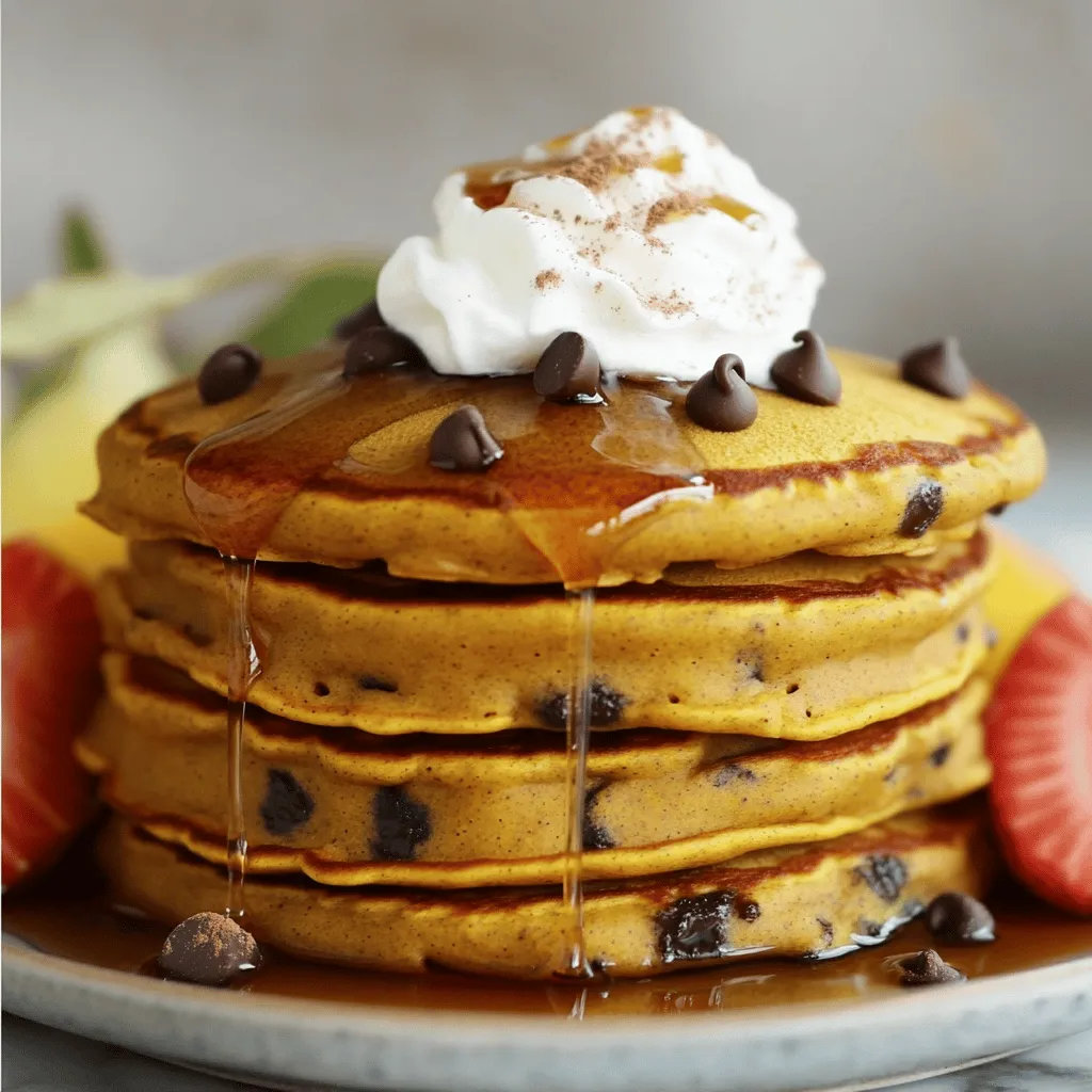 - 1 cup all-purpose flour - 1 cup pumpkin puree - 1/2 cup semi-sweet chocolate chips - 1 large egg The main ingredients give these pancakes their tasty flavor. Pumpkin puree adds a rich, smooth texture. It also brings a subtle sweetness that pairs well with chocolate. The semi-sweet chocolate chips create bursts of sweetness in each bite. Using a large egg helps bind everything together for a fluffy pancake. - 1 tablespoon baking powder - 1/2 teaspoon baking soda - 1/2 teaspoon salt - 1 teaspoon ground cinnamon - 1/4 teaspoon ground nutmeg The dry ingredients are key to rising and flavor. Baking powder and baking soda create air pockets, making the pancakes light and fluffy. Salt enhances the flavors, while cinnamon and nutmeg add warmth. These spices give the pancakes a cozy fall vibe, perfect for any breakfast table. - 1 cup milk (dairy or non-dairy) - 2 tablespoons granulated sugar - 2 tablespoons vegetable oil (or melted coconut oil) Wet ingredients bring moisture to the batter. Milk adds richness, while sugar gives a touch of sweetness. The oil keeps the pancakes tender. You can use coconut oil for a hint of tropical flavor. Each ingredient plays a role to ensure your pancakes are soft and delicious. For the full recipe, check out the details above. Start by whisking together the dry ingredients in a large bowl. You will need: - 1 cup all-purpose flour - 1 tablespoon baking powder - 1/2 teaspoon baking soda - 1/2 teaspoon salt - 1 teaspoon ground cinnamon - 1/4 teaspoon ground nutmeg Whisk until everything is well mixed. Sifting can help make the texture lighter. This step ensures no lumps remain, giving you fluffy pancakes. Next, grab another bowl to combine the wet ingredients. You will need: - 1 cup pumpkin puree - 1 cup milk (dairy or non-dairy) - 1 large egg - 2 tablespoons granulated sugar - 2 tablespoons vegetable oil Mix these until smooth. A smooth mixture helps create a uniform batter, which is key for even cooking. Now, it's time to combine both mixtures. Gradually pour the wet mixture into the dry ingredients. Use a spatula to gently fold them together. This technique is important. Overmixing can make the pancakes tough. You want some lumps in the batter for the best texture. For cooking, preheat a griddle or skillet over medium heat. Lightly grease the surface with butter or oil. Use about 1/4 cup of batter for each pancake. Cook until bubbles form on the surface, which takes about 2-3 minutes. Flip the pancakes and cook for another 2-3 minutes until golden brown. Adjust the heat if needed. Enjoy the delicious smell filling your kitchen! To make your pancakes light and fluffy, whip the batter gently. Use a spatula to mix the wet and dry ingredients. Stop mixing when you see some lumps. Overmixing makes pancakes tough, which is not what you want. If you want a dairy-free option, use almond milk or oat milk. They work great in this recipe. For gluten-free pancakes, swap the all-purpose flour with a gluten-free blend. Just check that it has xanthan gum to help it hold together. You can add more spices for a warm taste. Consider using ground ginger or cloves for extra flavor. For a fun twist, mix in some chopped nuts or dried fruit. When it comes to toppings, maple syrup is a classic choice. You can also try whipped cream, yogurt, or fresh fruit. Adding a sprinkle of cinnamon on top brings out the pumpkin taste. Explore the [Full Recipe] for detailed instructions and tips! {{image_4}} You can make your pancakes even better by adding nuts. Chopped walnuts or pecans give a nice crunch. They also add healthy fats and protein. If you want to try something different, use dark chocolate or white chocolate chips. Dark chocolate has a rich taste, while white chocolate adds sweetness. These options can change the whole flavor of your pancakes. As the seasons change, so can your pancakes. For fall, add more spices like ginger or allspice. This will give your pancakes a cozy, warm flavor. During the winter holidays, try adding nutmeg and cloves for a festive touch. You can also change the pumpkin spice amount. If you love pumpkin spice, go ahead and add extra! It can make each bite feel like a warm hug. How you serve your pancakes can make them even more special. Stack them high on a plate for a fun look. Drizzle warm maple syrup over the top for sweetness. You can also sprinkle some extra cinnamon for added flavor. To make it a full meal, pair your pancakes with fresh fruit, like berries or bananas. For drinks, a cup of hot cocoa or a pumpkin spice latte works great! These ideas can turn your breakfast into a feast. Store leftover pancakes in a single layer on a plate. Cover them with plastic wrap or place them in an airtight container. This keeps them fresh and prevents drying out. I recommend using a container that fits well, so the pancakes don't stack too much. If you have some extra syrup, store it in a separate small jar. To freeze pancakes, stack them with a piece of parchment paper between each pancake. This helps them stay separate when frozen. Place the stack in a freezer-safe bag or container. Squeeze out as much air as you can before sealing. For reheating, pop them in the toaster or microwave. They heat up well in about 1-2 minutes until warm. In the fridge, these pancakes last about three days. In the freezer, they can stay good for about two months. Always check for spoilage signs. If you see mold or an off smell, toss them out. Trust your senses; they are often the best guide. For the best experience, use them within the suggested time frames. Enjoy your tasty chocolate chip pumpkin pancakes! You can enjoy these pancakes with many tasty toppings and sides. Some popular toppings include: - Pure maple syrup - Whipped cream - Fresh fruit (like bananas or berries) - Chopped nuts (like walnuts or pecans) For drinks, I recommend: - Hot coffee or tea - Freshly squeezed orange juice - Spiced apple cider These pairs add to the fun and flavor of your meal! Yes, you can make the batter ahead of time. Here’s how: - Mix the dry and wet ingredients separately. - Combine them just before cooking. - Store the wet mixture in the fridge for up to 24 hours. For storage: - Use an airtight container to keep the batter fresh. - Stir before cooking to mix it well again. You can tell when your pancakes are ready by checking for these signs: - Look for bubbles forming on the surface. - The edges should appear dry and set. - Flip them when they are golden brown on one side. Common mistakes include flipping too soon or cooking on too high heat. This can lead to uneven cooking or burnt edges. In this blog post, we explored the delicious world of chocolate chip pumpkin pancakes. We covered the key ingredients, mixing techniques, and cooking tips. You can make these pancakes fluffy and flavorful with simple methods. Remember to enjoy variations like nuts or seasonal spices. Store leftovers properly, or freeze them for later. With these tips, you will create tasty pancakes that impress everyone. Enjoy the process and share your tasty results!