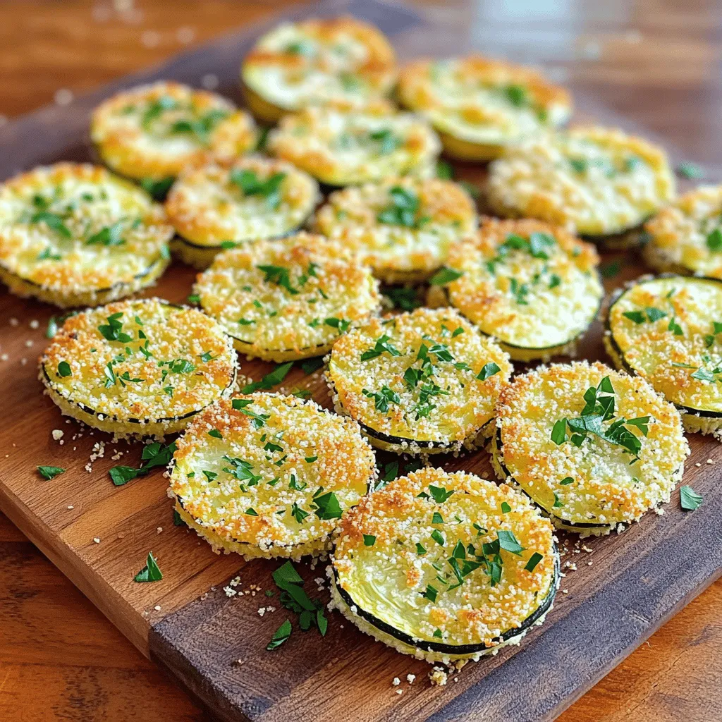 - 4 medium zucchinis - 1 cup finely grated Parmesan cheese - 1 cup panko breadcrumbs - 2 tablespoons extra virgin olive oil - 2 cloves fresh garlic, minced - 1 teaspoon dried oregano - 1 teaspoon dried basil - Salt and freshly ground black pepper - Fresh parsley for garnish Understanding the right ingredients is key to making Baked Parmesan Zucchini a hit. Fresh zucchinis give the best texture and flavor. The Parmesan cheese adds a rich, savory taste. I love using panko breadcrumbs for that extra crunch. - Calories per serving: About 150 calories - Breakdown of carbs, proteins, and fats: Each serving has roughly 10g carbs, 6g protein, and 11g fat. - Health benefits of main ingredients: Zucchini is low in calories and high in vitamins. Parmesan cheese provides protein and calcium. Olive oil contains healthy fats that support heart health. This dish is not just tasty; it also packs a nutritious punch. Using fresh, quality ingredients makes all the difference in flavor and health benefits. For the full recipe, check out the delightful steps to create this crispy snack! 1. Preheat your oven to 400°F (200°C). This will help the zucchini cook evenly. 2. Prepare a baking sheet by lining it with parchment paper. This prevents sticking and makes cleaning easy. 3. In a large bowl, mix the grated Parmesan cheese, panko breadcrumbs, minced garlic, dried oregano, dried basil, salt, and pepper. Make sure everything is well combined for great flavor. 1. Take the zucchini rounds and drizzle them with olive oil. This helps the coating stick better. 2. Toss the zucchini gently to coat each piece with olive oil. 3. Next, dip each slice into the breadcrumb mixture. Press down lightly so the mix sticks well. 4. Lay the coated slices in a single layer on the baking sheet. This ensures they cook evenly. 1. Once all the zucchini slices are on the baking sheet, sprinkle any leftover breadcrumb mix on top. This adds extra crunch. 2. Bake in the preheated oven for 20-25 minutes. You want the zucchini to be tender and the topping golden brown. 3. After baking, take the sheet out of the oven and let the zucchini cool for a few minutes. 4. Right before serving, sprinkle the zucchini with fresh parsley for a pop of color and flavor. For more details, check the Full Recipe. To make your Baked Parmesan Zucchini super crunchy, use panko breadcrumbs. They add that extra crunch you want. Mix the breadcrumbs with Parmesan for great flavor. To avoid soggy zucchini, slice them evenly. Thinner slices cook better. Always coat them lightly with olive oil. Too much oil can lead to sogginess. A good baking sheet is key. Use a rimmed baking sheet to catch any drips. A non-stick or parchment-lined sheet helps with easy removal. For prep, a sharp knife and cutting board are essential. A large mixing bowl is great for combining your ingredients. Serve your Baked Parmesan Zucchini on a colorful platter. A rustic wooden board adds charm. For a fresh touch, sprinkle chopped parsley over the top. Drizzle a bit of olive oil for extra flair. This not only looks good but also boosts flavor. Enjoy your tasty snack! For the full details on making this dish, check out the Full Recipe. {{image_4}} To make Baked Parmesan Zucchini even better, you can add spices or herbs. Try a pinch of cayenne pepper for heat or some smoked paprika for depth. You can also mix in fresh herbs like thyme or rosemary. These additions will brighten the taste and make it unique. If you want to switch up the cheese, consider using Pecorino Romano or Gruyère. These cheeses bring a different flavor and can make your dish stand out. Each type of cheese will change the taste, so feel free to experiment! For those who need gluten-free options, swap regular breadcrumbs for gluten-free panko. This change keeps the crunch while meeting dietary needs. Make sure to check labels to ensure they are gluten-free. If you want a vegan option, use nutritional yeast instead of Parmesan. It gives a cheesy flavor without dairy. You can also use cashew cheese for a creamy texture. Both options allow everyone to enjoy this tasty snack! For the full recipe, check out Baked Parmesan Zucchini Delight. To keep your baked parmesan zucchini fresh, store it in an airtight container. Place it in the fridge right after it cools. This helps keep it crispy. You can keep it for up to three days. After that, the texture and taste may change. When it’s time to eat leftovers, I suggest reheating in the oven. Set it to 350°F (175°C). Place the zucchini on a baking sheet. Heat for about 10-15 minutes. This will help maintain that crispy texture. If you want to boost the flavor, sprinkle a bit of extra parmesan cheese on top before reheating. Enjoy your snack again with that same great taste! Can I use yellow squash instead of zucchini? Yes, you can use yellow squash. It has a similar texture and taste. Just cut it into rounds like zucchini. Bake it the same way. You will still enjoy a crunchy, cheesy snack. What dipping sauces pair well with the dish? Many sauces work well with baked zucchini. I love ranch dressing or marinara sauce. You can also try a garlic aioli or tzatziki. These dips add extra flavor and fun! How can I make this dish ahead of time? To prep ahead, slice the zucchini and coat it with the mixture. Place the slices on a baking sheet and cover it with plastic wrap. Store it in the fridge for a few hours or overnight. When you’re ready, just bake them! What are the health benefits of zucchini? Zucchini is low in calories and high in fiber. It helps with digestion and keeps you full. It also has vitamins A and C, which are good for your skin and eyes. Plus, it’s hydrating because it has a lot of water! How do I choose the best zucchinis at the market? Look for zucchinis that are firm and smooth. Avoid ones with soft spots or wrinkles. Choose ones that are dark green and around 6 to 8 inches long. They are the best for baking! This blog post covered how to make baked Parmesan zucchini. We discussed essential ingredients, step-by-step instructions, and helpful tips to improve your dish. You learned how to achieve the perfect crunch and explore flavor variations. This tasty recipe is easy to store and reheat. Enjoy this healthy dish as a snack or side. You can get creative and make it uniquely yours!