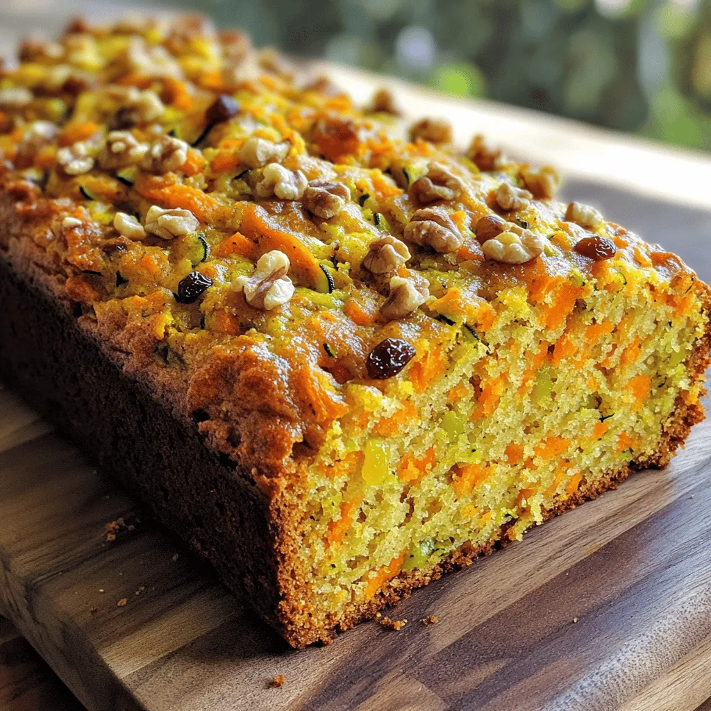 - 1 cup freshly shredded carrots - 1 cup freshly shredded zucchini (make sure to squeeze out excess moisture) - 1/2 cup unsweetened applesauce - 1/2 cup vegetable oil - 3/4 cup packed brown sugar - 1/4 cup granulated sugar - 3 large eggs, at room temperature - 1 teaspoon pure vanilla extract These ingredients create a moist and flavorful bread. Carrots and zucchini add natural sweetness and moisture. The applesauce helps keep the bread soft, while the eggs provide structure. - 2 cups all-purpose flour - 1 teaspoon baking soda - 1 teaspoon baking powder - 1/2 teaspoon fine sea salt - 1 teaspoon ground cinnamon - 1/4 teaspoon ground nutmeg These dry ingredients give the bread its rise and texture. The spices add warmth and depth. Make sure to measure them accurately for the best results. - 1/2 cup chopped walnuts or pecans (optional for added crunch) - 1/2 cup raisins or dried cranberries (optional for sweetness) Adding nuts or dried fruits enhances the flavor and texture. They provide extra nutrition and make each bite exciting. If you love a bit of crunch, go for the nuts. For added sweetness, choose the dried fruits. For the full recipe, check out the Carrot Zucchini Delight Bread. Start by preheating your oven to 350°F (175°C). This ensures a nice bake. Next, grab a 9x5 inch loaf pan. Lightly grease it with cooking spray or butter. This will help the bread come out easily after baking. In a large bowl, combine the packed brown sugar, granulated sugar, and vegetable oil. Use a whisk to blend them together until smooth. This step adds flavor and moisture. Now, crack in the eggs. Add the vanilla extract and unsweetened applesauce. Whisk these wet ingredients until they are creamy and well mixed. In a separate bowl, sift together the all-purpose flour, baking soda, baking powder, fine sea salt, ground cinnamon, and ground nutmeg. This helps to mix the dry ingredients evenly. Stir them well to ensure everything is combined. Gradually add the dry mixture into the wet ingredients. Use a rubber spatula to gently fold them together. Stir the batter until just combined. Remember, a few lumps are okay; do not over-mix! Now, it’s time to fold in the shredded carrots and zucchini. Make sure they are spread evenly throughout the batter. If you want to add nuts or dried fruits, gently mix them in. This step boosts the flavor and texture. Now you’re ready to transfer the thick batter into your prepared loaf pan. Use the spatula to smooth the top. For the full recipe, check out Carrot Zucchini Delight Bread. To ensure even baking, start by preheating your oven to 350°F (175°C). Use a light-colored loaf pan. Dark pans can cause the bread to bake too quickly on the outside. Always check for doneness by inserting a toothpick into the center. If it comes out clean, your bread is ready! Over-mixing can make your bread tough. When you combine wet and dry ingredients, stir gently. It's okay if the batter has a few lumps. This will help keep your bread light and fluffy. Remember, the key is to mix just until all the flour is wet. For a beautiful presentation, slice the bread into thick pieces. Arrange them on a lovely plate. You can sprinkle some cinnamon on top for a pop of color. Add a dollop of whipped cream cheese on the side. This adds a tasty touch and makes it look extra special. Enjoy serving your carrot zucchini bread! For the complete recipe, check out Full Recipe. {{image_4}} You can easily change the flavors of your carrot zucchini bread. Adding spices is a great start. For a warm touch, try adding more cinnamon, or a pinch of ginger. If you love vanilla, use a bit more vanilla extract. You can also add a splash of almond extract for a nutty taste. Each of these options can create a new twist on the classic recipe. If you're looking for gluten-free options, use almond flour or coconut flour. These flours can keep your bread moist and tasty. For sugar substitutes, try using honey or maple syrup. These natural sweeteners can add a nice flavor while cutting out refined sugars. Always remember to adjust the wet ingredients if needed, as some substitutes can alter moisture levels. Sometimes, you might not have all the ingredients at hand. No worries! You can swap nuts based on what you have. Instead of walnuts or pecans, try using almonds or hazelnuts. For fruits, if you don't have raisins or cranberries, consider using chopped dates or apricots. These swaps can keep your bread fresh and interesting. Check the Full Recipe for more ideas! You can store your carrot zucchini bread at room temperature for two to three days. Just wrap it in plastic wrap or foil. This keeps it fresh and moist. If you want it to last a bit longer, place it in the fridge. It will stay good for up to a week when chilled. Just remember, refrigeration may change the texture slightly. For longer storage, freezing is your best option. Wrap the cooled loaf tightly in plastic wrap, then place it in a freezer bag. You can freeze it for up to three months. When you’re ready to enjoy it again, let it thaw in the fridge overnight. This helps keep the flavors intact. To reheat your carrot zucchini bread, slice off a piece and place it in the microwave. Heat it for about 15 to 20 seconds. This warms it nicely without drying it out. If you like a crispy crust, use an oven. Preheat it to 350°F (175°C) and bake the slices for about 5 to 10 minutes. This will bring back that fresh-baked taste. For more details on making this delicious treat, check out the Full Recipe. To check if the bread is done, use the toothpick test. Insert a toothpick into the center of the bread. If it comes out clean, your bread is ready. If it has wet batter on it, bake longer. You can also gently press the top; it should spring back without sinking. Yes, you can make this recipe vegan! Replace the three eggs with one of these options: - 1/4 cup unsweetened applesauce (for each egg) - 1/4 cup mashed banana (for each egg) - 1 tablespoon ground flaxseed mixed with 2.5 tablespoons water (let it sit for five minutes) For dairy, swap the vegetable oil with coconut oil or use vegan butter instead. Carrots and zucchini are great for you! Here are some health benefits: - Carrots are high in beta-carotene, which helps your eyes. - They are also rich in fiber, aiding digestion. - Zucchini is low in calories and packed with vitamins A and C. - It also provides potassium, which helps your heart. Using these veggies in the bread makes it tasty and healthy. Enjoy your Carrot Zucchini Bread with all its wonderful benefits! You now know the key ingredients, steps, and tips to make delicious vegetable bread. Fresh veggies add flavor and nutrition, while clever storage ideas keep it fresh. Remember, you can easily change flavors and swap ingredients to fit your needs. This recipe is flexible and fun. Try it out, share with friends, and enjoy a tasty treat. Cooking should be simple and enjoyable, so have fun experimenting in your kitchen!
