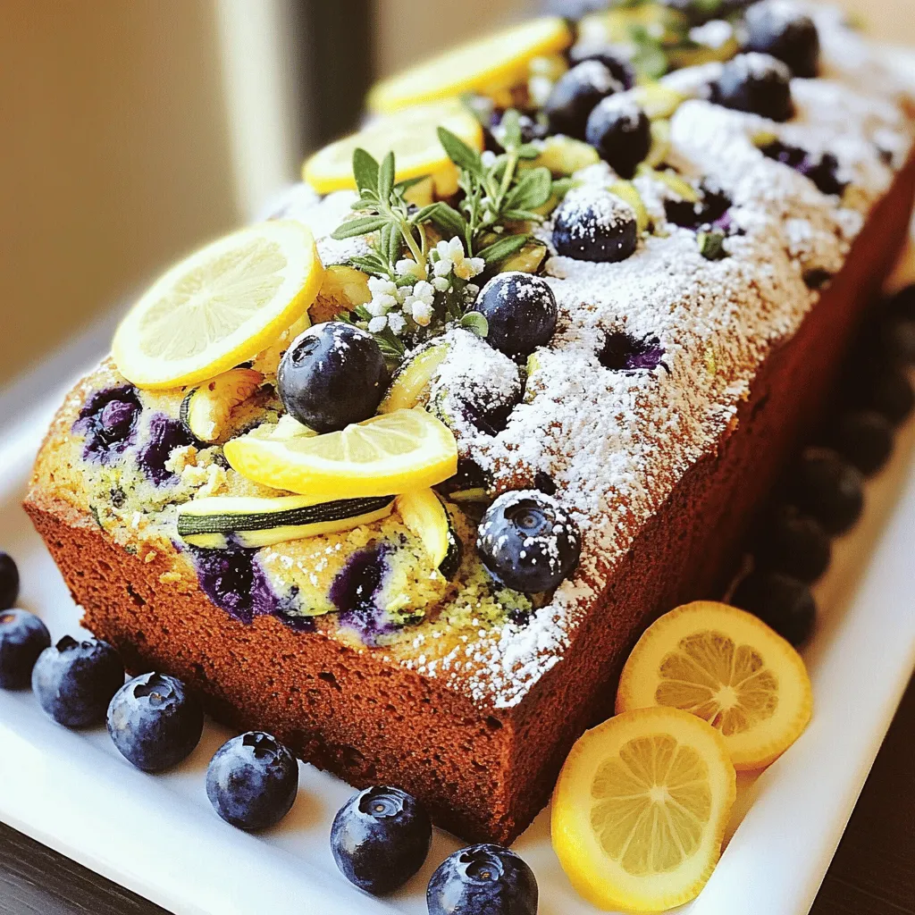 - 1 cup freshly grated zucchini - 1 cup plump fresh blueberries - 1/2 cup granulated sugar - 1/2 cup packed brown sugar - 1/2 cup vegetable oil or melted coconut oil - 2 large eggs - 1 teaspoon pure vanilla extract - Zest of 1 juicy lemon - 2 tablespoons freshly squeezed lemon juice - Ground spices: 1 teaspoon cinnamon, 1/4 teaspoon nutmeg Gathering fresh ingredients is key to making this bread shine. I love using freshly grated zucchini because it keeps the bread moist. Choosing ripe, plump blueberries adds sweetness and bursts of flavor in every bite. In the pantry, grab some sugar and oil. I prefer using vegetable or melted coconut oil for richness. The eggs help bind everything together. One teaspoon of pure vanilla extract adds a lovely aroma. Lemon zest and juice are game-changers. They brighten the flavors and balance the sweetness. A dash of cinnamon and nutmeg adds warmth, enhancing the overall taste. For a complete guide, check out the Full Recipe. It's a simple way to bring all these ingredients together for a delightful treat. 1. Preheat your oven to 350°F (175°C). This step gets your bread baking just right. 2. Prepare a 9x5-inch loaf pan. You can lightly grease it or line it with parchment paper. This makes it easier to take out the bread later. 3. In a large bowl, combine the granulated sugar, brown sugar, and oil. Use a whisk to mix them until smooth. This creates a good base for your bread. 4. Next, add the eggs, vanilla, lemon zest, and lemon juice. Blend this well until creamy. This adds great flavor to your bread. 1. Carefully fold in the grated zucchini and fresh blueberries. Make sure they are evenly mixed in. This gives the bread moisture and bursts of flavor. 2. In another bowl, whisk together the flour, baking soda, baking powder, salt, cinnamon, and nutmeg. This separates the dry ingredients from the wet ones. 1. Gradually combine the dry mixture with the wet mixture. Stir gently until just combined. Be careful not to overmix, as this keeps the bread tender. 2. Pour the batter into the prepared loaf pan. Smooth the top with a spatula for even baking. 3. Bake the bread for 55-65 minutes. To check if it’s done, insert a toothpick into the center. If it comes out clean, your bread is ready. 4. Let the bread cool in the pan for about 10 minutes. Then, transfer it to a wire rack to cool completely. This cooling step helps the bread set nicely. For the full recipe, you can refer to the provided link. To make your blueberry lemon zucchini bread perfect, avoid overmixing the batter. Overmixing makes the bread tough. Mix just until the ingredients blend. You want a tender loaf, not a dense brick. Also, ensure your ingredients are at room temperature. This helps them blend better and rise well during baking. Using an oven thermometer can ensure your oven is at the right temperature. Ovens can be off by quite a bit. A little mistake can lead to uneven baking. Check your bread regularly towards the end of baking. This way, you can catch it before it gets too brown. Insert a toothpick in the center to check if it comes out clean. Slice the bread into thick, inviting pieces for serving. Arrange them on a lovely platter to impress guests. A light dusting of powdered sugar adds elegance. You can also top the slices with fresh blueberries and lemon slices. This makes your bread look as good as it tastes. Remember, the way you present food matters, and it makes it more enjoyable. For the full recipe, check out the Lemon Blueberry Zucchini Wonder Bread section. {{image_4}} You can easily make this recipe your own. Here are some great ideas: - Incorporate chopped walnuts or pecans: Adding nuts gives the bread a nice crunch. Simply fold in half a cup of your favorite nuts when mixing in the zucchini and blueberries. - Substitute almond flour for a gluten-free version: If you need a gluten-free option, almond flour works well. Just swap out the all-purpose flour with almond flour at a 1:1 ratio. To take your bread to the next level, try these flavor boosts: - Experiment with spices like ginger or cardamom: Adding a teaspoon of ground ginger or cardamom makes the bread warm and fragrant. These spices pair well with lemon and blueberries. - Add shredded coconut for tropical flair: Mix in half a cup of shredded coconut for a fun twist. It adds sweetness and a chewy texture that’s delightful. This bread is versatile in how you can enjoy it: - Pair with cream cheese or butter: Spreading cream cheese or butter on a slice makes it rich and creamy. You can even add a touch of lemon zest to the cream cheese for extra flavor. - Serve as a breakfast item or dessert: This bread is perfect for breakfast with coffee. It also makes a great dessert served warm with ice cream. For the complete recipe, check out the [Full Recipe]. After baking, let the bread cool completely. Cooling prevents sogginess. Once cool, wrap it in plastic wrap or place it in an airtight container. This keeps the bread fresh and moist. You can also store it in a zip-top bag for added protection. Avoid leaving it out in the open, as it can dry out quickly. This blueberry lemon zucchini bread stays fresh at room temperature for about 2-3 days. If you want it to last longer, refrigerate it. In the fridge, it can last up to a week. For longer storage, freeze the bread. Wrap it well in plastic wrap, then in foil. It can last up to three months in the freezer. To enjoy leftovers, slice the bread and reheat it. The best method is to use a toaster or toaster oven. This makes the edges crisp again. You can also microwave it for about 10-15 seconds for a warm treat. If your bread is stale, consider using it for French toast or bread pudding. These ideas give stale bread a new life and flavor. For a twist, try adding some cinnamon and sugar when cooking! For the full recipe, check out the [Full Recipe]. Can I use frozen blueberries? Yes, you can use frozen blueberries. They work well in this recipe. Just toss them in flour before adding them to the batter. This helps prevent them from sinking to the bottom. How do I know when it’s done baking? Check your bread by inserting a toothpick into the center. If it comes out clean, your bread is ready. The top should be golden brown, and it should spring back when lightly pressed. Why is my bread too dense? A dense bread may be due to overmixing. Mix just until the ingredients combine. Also, check if your baking soda is fresh. Old leaveners may not work well. What to do if the bread is dry or crumbly? If your bread turns out dry, it may have baked too long. Try reducing the time slightly next time. You can also add a bit more oil or applesauce for moisture. Can I replace eggs with another ingredient? Yes, you can use applesauce or mashed banana as a substitute for eggs. Use 1/4 cup for each egg. This keeps the bread moist and adds flavor. What can I use instead of sugar for a healthier option? You can use honey or maple syrup instead of sugar. They add sweetness and moisture. Just reduce the liquid in the recipe slightly to balance it out. For the full recipe, check [Full Recipe]. This blog post covered how to make a delicious zucchini blueberry bread. We went over fresh ingredients, pantry staples, and ways to enhance flavor. You learned how to prepare and bake the bread, with tips for perfecting your loaf. Variations and storage info help you make it your own and keep it fresh. Remember, baking can be fun and creative. Try different flavors and enjoy each bite of your homemade bread.