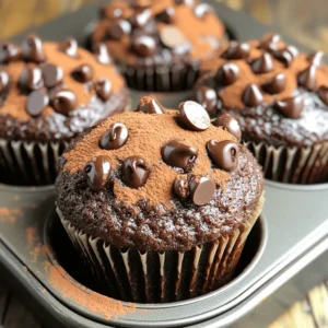 - 1 cup whole wheat flour - 1/2 cup unsweetened cocoa powder - 1 teaspoon baking powder - 1/2 teaspoon baking soda - 1/4 teaspoon salt - 1/2 cup honey or maple syrup - 1/2 cup unsweetened applesauce - 1/4 cup coconut oil, melted - 2 large eggs - 1 teaspoon vanilla extract - 1/2 cup dark chocolate chips (dairy-free if desired) Whole wheat flour adds fiber, helping with digestion. Cocoa powder is rich in antioxidants. Baking powder and baking soda help the muffins rise. The salt balances flavors. Honey or maple syrup acts as a natural sweetener, providing vitamins. Applesauce keeps the muffins moist and adds natural sweetness. Coconut oil is a healthy fat that can boost heart health. Eggs provide protein and help bind the ingredients. Vanilla extract adds flavor without extra sugar. Dark chocolate chips offer a rich taste and antioxidants. If you need gluten-free muffins, swap whole wheat flour for almond or oat flour. For a vegan option, replace eggs with flax eggs or chia seeds mixed with water. Use agave syrup instead of honey for a vegan sweetener. If you have a nut allergy, make sure to choose a chocolate that is allergen-free. Instead of coconut oil, you can use vegetable oil or applesauce for fat. Start with a clean kitchen. Gather all your ingredients. You will need whole wheat flour, cocoa powder, baking powder, baking soda, salt, honey, applesauce, coconut oil, eggs, vanilla, and dark chocolate chips. This will help you stay organized and make the process smooth. 1. Preheat your oven to 350°F (175°C). This is key for even baking. 2. Prepare your muffin tin. Use paper liners or grease it lightly with coconut oil. 3. In a medium bowl, mix the dry ingredients: whole wheat flour, cocoa powder, baking powder, baking soda, and salt. Whisk until smooth. 4. In a larger bowl, combine the wet ingredients: honey or maple syrup, applesauce, melted coconut oil, eggs, and vanilla. Blend until creamy. 5. Slowly add the dry mix to the wet mix. Stir gently with a spatula until just combined. A few lumps are okay. 6. Fold in the dark chocolate chips. This gives each muffin a rich chocolate flavor. 7. Scoop the batter into the muffin cups. Fill them about three-quarters full for perfect rising. 8. Bake for 15 to 18 minutes. Test doneness with a toothpick; it should come out mostly clean. 9. Let muffins cool in the tin for 5 minutes. Then, transfer them to a wire rack to cool completely. - Don’t overmix the batter. This keeps the muffins soft and fudgy. - Use room temperature eggs. They blend better and help create a smooth mixture. - Keep an eye on baking time. Every oven is different, so check early to avoid overbaking. - Allow muffins to cool in the tin briefly. This helps them hold their shape and texture. For the full recipe, refer to the complete instructions above. Happy baking! To make your muffins moist and fudgy, use unsweetened applesauce. It adds moisture without extra fat. Also, make sure not to overmix your batter. Stir gently until just combined. This keeps the muffins soft. Adding dark chocolate chips helps too. They melt slightly during baking, creating pockets of gooey chocolate. One common mistake is overbaking. Check your muffins at 15 minutes. If a toothpick comes out clean or with a few crumbs, they are done. Another mistake is using cold ingredients. Make sure your eggs and other ingredients are at room temperature. This helps create a smoother batter. Having the right tools can make baking easier. Here are some must-haves: - Mixing bowls: Use a large bowl for wet and a medium bowl for dry ingredients. - Whisk: A good whisk helps blend your wet ingredients well. - Muffin tin: Use a non-stick muffin tin or line it with paper liners. - Ice cream scoop: This gives you even portions of batter. - Toothpick: Perfect for testing if your muffins are done. With these tips, your Healthy Fudgy Double Chocolate Muffins will be a hit. For the full recipe, check earlier in the article. Enjoy your baking! {{image_4}} You can make these muffins gluten-free. Use gluten-free flour instead of whole wheat flour. Choose a blend that works well for baking. Almond flour or oat flour are good choices. The texture will be slightly different, but still delicious. Ensure that all other ingredients are also gluten-free. This way, everyone can enjoy them! To create a vegan version, swap the eggs for flax eggs. Mix 1 tablespoon of ground flaxseed with 2.5 tablespoons of water for each egg. Let it sit for a few minutes until it thickens. Use maple syrup instead of honey for sweetness. This keeps the muffins plant-based, tasty, and moist. Adding extras can boost flavor and texture. Consider mixing in walnuts or pecans for a nutty crunch. Dried fruits like cherries or cranberries can add sweetness. For a fun twist, try a dash of espresso powder to enhance the chocolate flavor. You can also fold in some peanut butter or almond butter for added richness. Each choice brings a unique touch to your muffins! For the full recipe and more details, check out the complete instructions. To keep your Healthy Fudgy Double Chocolate Muffins fresh, store them in an airtight container. This will help maintain their moisture and texture. You can place them on the counter for up to three days. If you want to keep them longer, refrigerate them for up to a week. Make sure they cool completely before sealing them. This prevents any extra moisture from forming inside the container. Freezing muffins is a great way to save them for later. First, let the muffins cool down completely. Then, wrap each muffin in plastic wrap. This helps keep them from drying out. After that, place all wrapped muffins in a freezer-safe bag. Try to remove as much air as possible from the bag. You can freeze them for up to three months. When you're ready to eat one, just take it out and let it thaw at room temperature. Reheating your muffins brings back that fresh-baked taste. You can use the microwave for quick reheating. Place a muffin on a microwave-safe plate. Heat it for about 10 to 15 seconds. If you want a crispy top, use the oven. Preheat your oven to 350°F (175°C). Heat the muffin for about 5 to 7 minutes. Either way, enjoy your treat warm with a cup of coffee or tea! For the full recipe, check out the cooking guide. Yes, you can swap applesauce for mashed bananas or yogurt. Both options add moisture. If you want a thicker muffin, use Greek yogurt. For a sweeter taste, ripe bananas work well. Just remember that these swaps may slightly change the flavor and texture. To check if your muffins are done, insert a toothpick into the center. If it comes out clean or with a few moist crumbs, they are ready. Baking usually takes 15 to 18 minutes. Keep an eye on them to avoid overcooking. These muffins use whole wheat flour instead of white flour. Whole grains add fiber and nutrients. We also use honey or maple syrup instead of sugar, which offers natural sweetness. Applesauce replaces oil, cutting down on fat. Dark chocolate chips provide antioxidants too. These choices make the muffins a better option for your health. For the full recipe, check the section above. These healthy fudgy double chocolate muffins are tasty and easy to make. We covered the best ingredients, their benefits, and good substitutions. You now have clear, step-by-step baking instructions and tips to avoid common mistakes. Plus, I shared ways to adjust the recipe for gluten-free and vegan diets. Storing and reheating muffins properly ensures they stay delicious. Remember, a little practice will help you perfect these muffins. Enjoy baking and sharing these treats with friends and family!