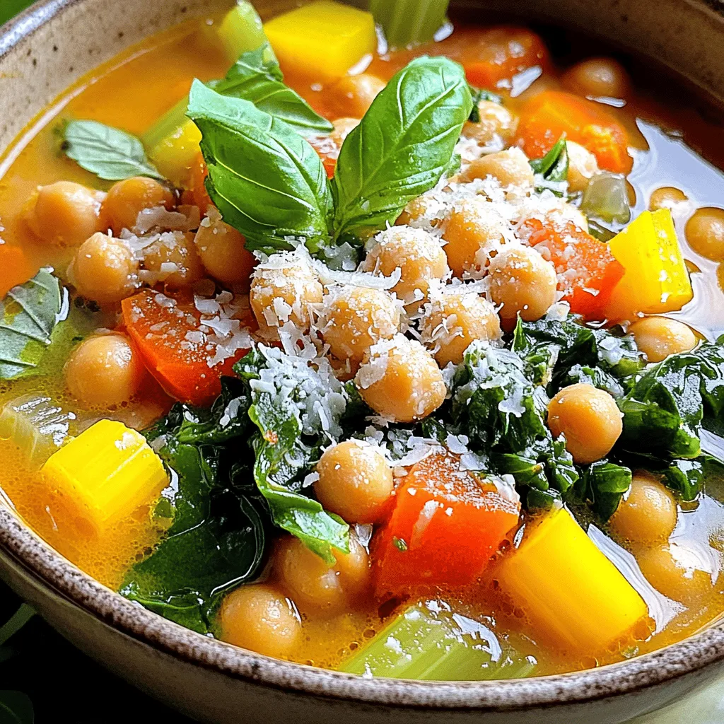 - 2 cups cooked chickpeas - 1 large onion - 2 cloves garlic - 2 medium carrots - 2 stalks celery - 1 yellow bell pepper - 4 cups vegetable broth - 1 can diced tomatoes - Herbs and spices In Tuscan Chickpea Soup, each ingredient plays a key role. The cooked chickpeas add protein and creaminess. The onion and garlic provide a rich base for flavor. Carrots and celery bring sweetness and crunch, while the yellow bell pepper adds a bright note. Vegetable broth gives the soup depth, and diced tomatoes add acidity and texture. I use dried herbs like oregano and basil to enhance the richness. These flavors meld well together, creating a comforting bowl of soup. The combination is both simple and satisfying, making it a favorite in my kitchen. - Grated Parmesan cheese - Fresh basil leaves - Additional spices for flavor For an extra touch, consider adding grated Parmesan cheese. It adds a savory note that enhances the soup's taste. Fresh basil leaves make for a lovely garnish and provide a fresh aroma. You can also experiment with spices. A pinch of smoked paprika or cumin can add a unique depth to your soup. These optional ingredients allow you to tailor the soup to your taste. They help elevate this dish from simple to spectacular. For the full recipe, check out the detailed instructions on how to prepare this delightful soup. - Heat 2 tablespoons of extra-virgin olive oil in a large pot. - Sauté 1 finely chopped onion for 3-4 minutes. - Add 2 minced garlic cloves and cook for 1 minute. - Stir in 2 diced medium carrots, 2 diced stalks of celery, and 1 diced yellow bell pepper. - Cook the vegetables for 5-7 minutes until soft and colorful. - Combine 2 cups of cooked chickpeas, 1 can of diced tomatoes, and 4 cups of vegetable broth in the pot. - Stir in 1 teaspoon of dried oregano, 1 teaspoon of dried basil, and 1/2 teaspoon of red pepper flakes. - Season generously with salt and black pepper. - Bring the soup to a boil over high heat. - Reduce the heat and let it simmer gently for 20-25 minutes. - In the last 5 minutes, add 2 cups of fresh spinach or kale. - Cook until the greens wilt and blend into the soup. - Taste and adjust the seasoning as needed. - Serve in bowls and top with grated Parmesan cheese and fresh basil leaves for a tasty finish. For a complete guide, check the Full Recipe for more details. - How to properly sauté vegetables To sauté vegetables, use a large pot. Add extra-virgin olive oil and heat it over medium. Once the oil shimmers, add finely chopped onion. Stir for about 3-4 minutes until it becomes translucent. Then, add minced garlic, carrots, celery, and bell pepper. Cook for 5-7 minutes. Stir often until they soften and brighten in color. - Adjusting spice levels for different palates For spice, start with 1/2 teaspoon of red pepper flakes. If you want more heat, add more flakes gradually. Always taste as you go. This way, you can find the right balance for you and your guests. - Best accompaniments for the soup Serve Tuscan Chickpea Soup with crusty bread. The bread is perfect for soaking up the rich broth. A simple side salad also pairs well. Try a fresh green salad with a light vinaigrette for a refreshing touch. - How to present the dish attractively Ladle the soup into bowls and top with grated Parmesan cheese. Add fresh basil leaves for color and aroma. For a final touch, drizzle olive oil over the soup. This adds a nice sheen and enhances the flavor. {{image_4}} You can easily change this soup with different beans or lentils. White beans add a creamy texture. Red lentils cook fast and break down well, making the soup thick. You could also use black beans for a unique twist. Adding seasonal vegetables can enhance flavors and nutrition. In the fall, try adding squash or sweet potatoes. In the spring, fresh peas or asparagus work well. Feel free to be creative with what you have on hand! This soup is simple to make vegan or vegetarian. Just skip the grated Parmesan cheese, or use a plant-based cheese. The soup's rich taste still shines through, even without dairy. For gluten-free options, ensure your broth is gluten-free. Most vegetable broths are safe, but always check labels. This way, everyone can enjoy a warm bowl of comforting soup! For the full recipe, check out the detailed steps to create this Tuscan delight. To keep your Tuscan chickpea soup fresh, store it in airtight containers. Make sure the soup cools down before sealing. You can store it in the fridge for about 3 to 4 days. For longer storage, consider freezing it. Pour the soup into freezer-safe containers or bags, leaving space for expansion. You can freeze it for up to 3 months. When you’re ready to eat it, just thaw it overnight in the fridge. When reheating, use a pot on medium heat. Stir the soup often to ensure even heating. You can also use the microwave, but be sure to cover the bowl to avoid splatter. Heat it in short bursts, stirring in between. This helps to keep the flavors bright and fresh. If the soup seems thick, add a splash of broth or water to loosen it up. Enjoy your warm, tasty soup! What can I use instead of chickpeas? You can swap chickpeas for white beans or lentils. Both options add protein and texture. You may even try kidney beans for a different taste. Just remember to adjust cooking times based on your choice. How can I make this soup spicier? To spice things up, add more red pepper flakes or a dash of hot sauce. You can also toss in some diced jalapeños. Start with a small amount and taste as you go. This way, you can find your perfect heat level. Can I make this soup in a slow cooker? Yes, you can! Simply add all ingredients to the slow cooker. Set it on low for about 6-8 hours. This method allows flavors to deepen and meld together, creating a tasty soup. How long does Tuscan Chickpea Soup last in the fridge? Tuscan Chickpea Soup lasts about 4-5 days in the fridge. Be sure to store it in an airtight container. You can enjoy it throughout the week as a quick meal or snack. Caloric content of the soup A serving of Tuscan Chickpea Soup has around 200-250 calories. This can vary based on added ingredients like cheese or oil. It provides a great balance of protein, fiber, and vitamins. Health benefits of chickpeas and vegetables Chickpeas are high in protein and fiber, which help keep you full. They also support heart health. The vegetables add vitamins and minerals, boosting immunity. This soup is not just tasty; it’s also good for you! Tuscan Chickpea Soup is simple and tasty. You need a few key ingredients, like chickpeas, veggies, and broth. The steps are easy: just sauté, combine, and simmer. Want to add your own twist? Use different beans or spices! You can store leftovers well and reheat them easily. This soup is healthy and full of flavor. Remember, cooking is about enjoying food and trying new things. Feel free to make this soup your own! Enjoy each warm bowl.