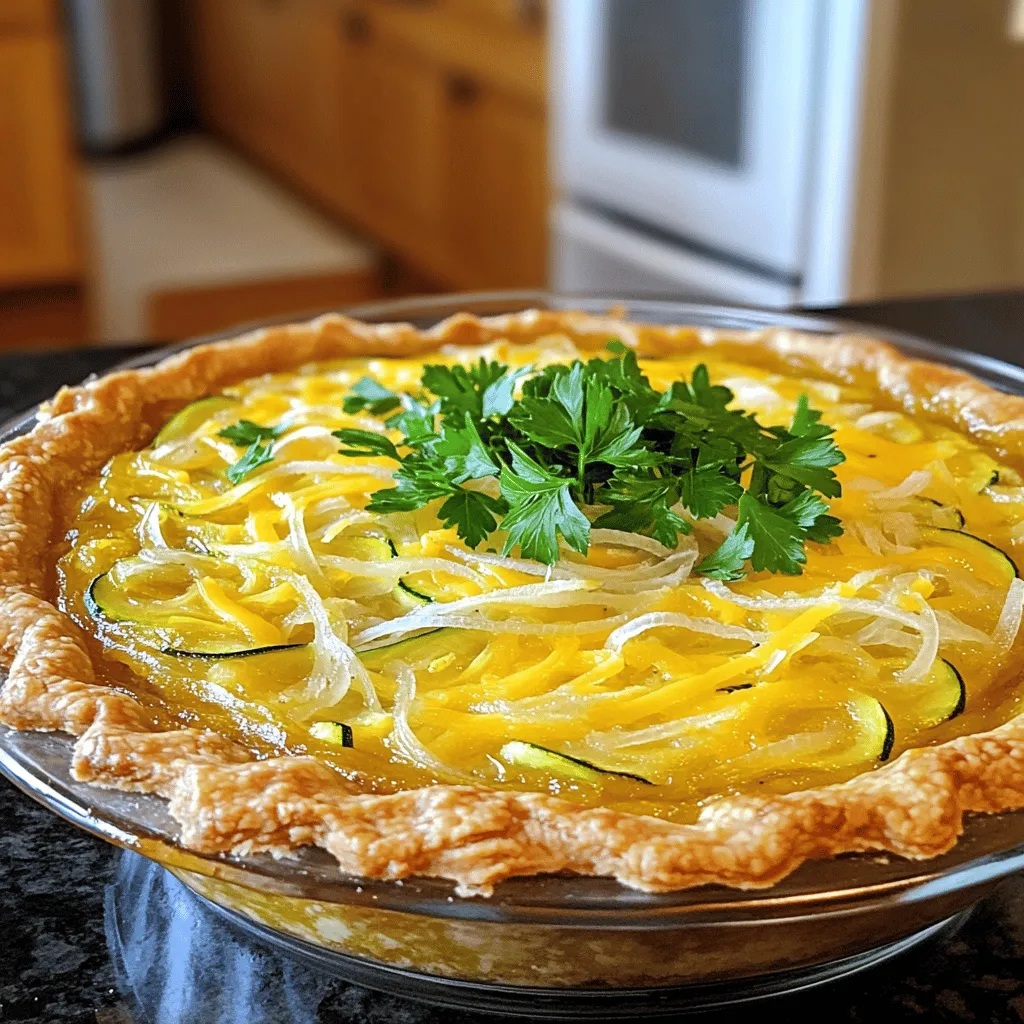 - 2 medium zucchinis, grated - 1 large onion, finely chopped - 1 cup all-purpose flour - 1 cup shredded cheese (sharp cheddar or mozzarella recommended) - 2 large eggs - 1/4 cup extra virgin olive oil - 1 teaspoon baking powder - Salt and freshly cracked black pepper, to taste - 1 teaspoon dried oregano - 1 tablespoon fresh parsley, finely chopped (for garnish) Zucchini and onion are the stars here. Both bring great flavor and texture. Grating the zucchinis helps them cook faster. Finely chopping the onion gives a nice bite without overpowering the dish. I use all-purpose flour to bind everything. It keeps the pie together, while cheese adds creaminess. For cheese, I recommend sharp cheddar or mozzarella. Both melt beautifully and enhance the taste. Eggs hold the filling together. They create a fluffy texture when baked. Olive oil adds richness and moisture. Baking powder helps the pie rise and become light. Seasoning matters. Salt and black pepper enhance the flavor. Dried oregano adds a lovely herbal note. Finally, fresh parsley is great for garnish. It adds color and brightness. You can find the full recipe above, which details each step. Enjoy this easy, savory dish! - Preheat oven to 375°F (190°C) and prepare the pie pan. - Grate zucchinis and chop onions, then squeeze excess moisture. Start by preheating your oven. This step is key to getting a great crust. While the oven warms, grab your zucchinis and onions. Grate the zucchinis using a box grater. This makes them tender, which helps them cook well in the pie. Next, finely chop the onion. Now, it’s time to squeeze out the moisture from the grated zucchini. Use a clean kitchen towel. Place the grated zucchini in the center of the towel, gather the corners, and twist. This step is vital. Too much moisture will make your pie soggy. - Combine the zucchini, onion, flour, cheese, baking powder, and olive oil. - In a separate bowl, beat the eggs and fold into the mixture. In a large bowl, mix the squeezed zucchini with the chopped onion. Now, add the flour, cheese, baking powder, and olive oil. Stir well until everything is blended. Make sure no dry spots remain. In a separate bowl, beat the eggs until smooth. Once they are ready, gently fold them into the veggie mixture. Be careful not to overmix. You want to keep the air in the eggs for a fluffy texture. - Transfer the mixture to the pie pan and spread evenly. - Bake for 30-35 minutes, check for doneness. Now, pour the mixture into your prepared pie pan. Spread it evenly across the pan. This ensures it cooks nicely all around. Then, it's time to bake! Place the pie in the oven for 30 to 35 minutes. Check the pie for doneness by inserting a toothpick in the center. If it comes out clean, your pie is ready. The top should be golden brown. When it’s done, let it cool for a few minutes before slicing. Enjoy your savory delight! - Ensure to squeeze out excess moisture from zucchini to avoid sogginess. - Use freshly cracked black pepper for more flavor. Squeezing out the moisture from zucchini is key. Wet zucchinis can make your pie soggy. A clean kitchen towel works well. Just wrap the grated zucchini and twist. This simple step can save your pie! Using fresh black pepper instead of pre-ground adds a kick. It gives your pie a more vibrant taste. Always use whole peppercorns when possible. Just crack them with a mill or a mortar and pestle. - Serve warm or at room temperature for best taste. - Pair with yogurt or sour cream for added richness. Serving this pie warm enhances its taste. The cheese melts and the flavors blend beautifully. Room temperature is also great, offering a different experience. Yogurt or sour cream adds creaminess. This contrast makes each bite more delightful. Consider adding a sprinkle of herbs on top for an inviting look. - Garnish with fresh parsley before serving. - Serve on a rustic wooden board for an attractive presentation. Garnishing with parsley brightens your dish. It adds color and a fresh taste. Just chop a little and sprinkle it on top just before serving. Using a rustic wooden board adds charm. It makes your pie look homemade and inviting. A simple presentation can impress your guests! {{image_4}} You can change up the cheese for fun flavors. Feta adds a tangy twist. Gouda gives a creamy touch. Try these for a fresh take. You can swap zucchinis for other veggies too. Mushrooms add a nice earthiness. Spinach brings a boost of color and nutrients. These options keep the dish exciting and new. Need a gluten-free option? Use a gluten-free flour blend instead of regular flour. This swap works well without changing the taste. Want to add protein? Mix in cooked meats like bacon or sausage. This makes the pie heartier and more filling. You can personalize the dish to fit your needs and cravings. Store leftover pie in an airtight container in the refrigerator. Keeping it cool helps maintain its flavor. This pie stays fresh for about 3 to 4 days. If you have more than one slice, make sure to separate them with parchment paper. This avoids sticking and keeps the pieces intact. Freeze individual slices for up to 3 months. To do this, wrap each slice tightly in plastic wrap. You can also use a freezer bag, but make sure to remove as much air as possible. When you are ready to enjoy it, thaw in the fridge overnight before reheating. Reheat in the oven for the best texture. Set it to 350°F (175°C) and heat for about 15-20 minutes. This keeps the crust crispy and warm. If you need a faster method, use the microwave for about 1-2 minutes. Just be careful not to overheat, as it can make the pie soggy. Typically, Zucchini Onion Pie lasts 3-4 days when properly stored. Keep it in an airtight container. This helps keep it fresh and tasty. You can enjoy it cold or reheat it. Yes, you can make Zucchini Onion Pie a day before. Simply prepare it and store it in the fridge. Bake it when you’re ready to serve. This makes it easy for busy days. You can enjoy Zucchini Onion Pie with a side salad, yogurt, or a light soup. These pairings add freshness and balance to the meal. They also make the dish feel complete. The detailed recipe for this dish can be found in the preceding sections. This blog post covered the ingredients and steps to make a delicious Zucchini Onion Pie. You learned about the main and additional ingredients, along with tips for the best results. We also discussed variations to fit different diets and preferences. You can store and reheat this pie easily for later enjoyment. Enjoy making your own Zucchini Onion Pie, and remember to share it with friends and family. It's a tasty dish that everyone will love!