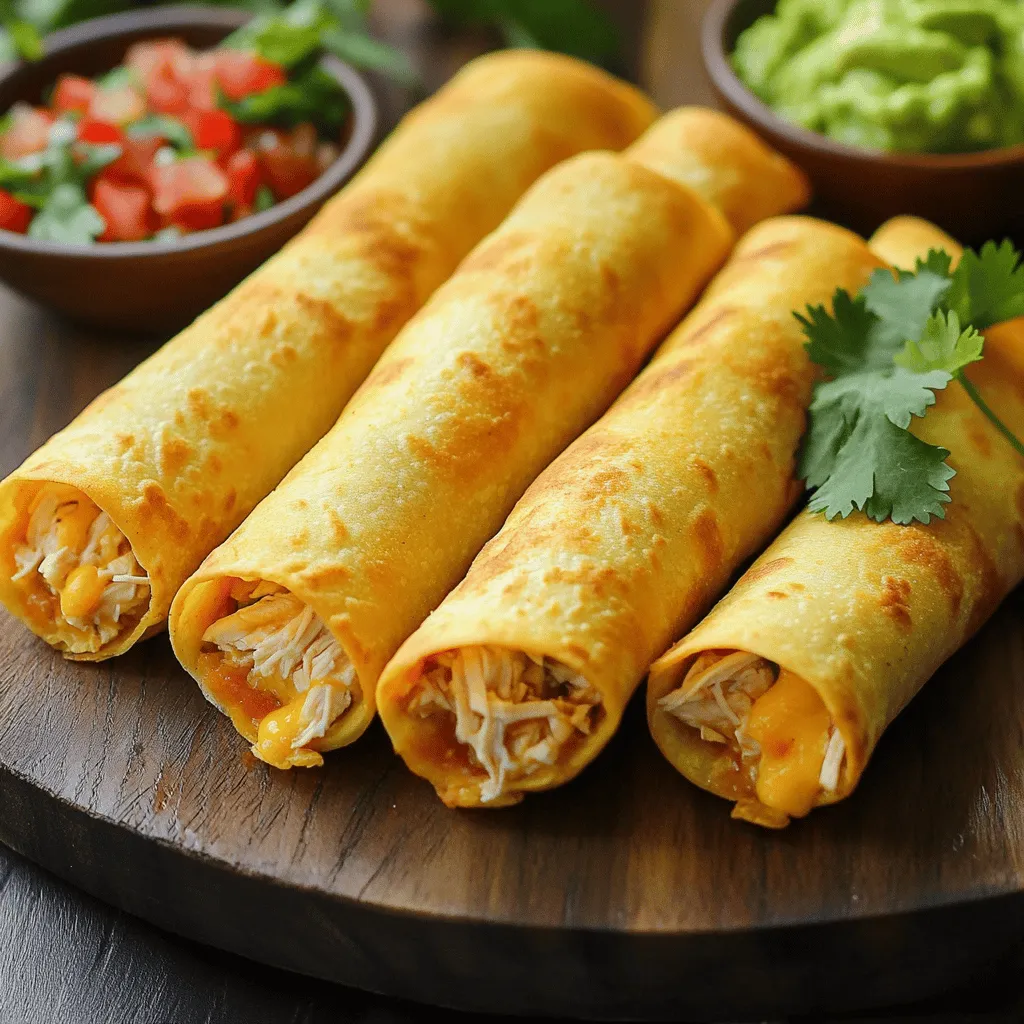 - 2 cups cooked chicken, shredded - 1 cup cream cheese, softened - 1 cup shredded cheddar cheese - 1/2 cup salsa - 1 teaspoon ground cumin - 1 teaspoon garlic powder - Salt and pepper to taste - 10 small corn tortillas - Olive oil spray In making Air Fryer Chicken Taquitos, the right ingredients matter. Start with cooked chicken, which gives the filling a savory base. I prefer using shredded chicken for better texture. Next, cream cheese adds a rich and smooth consistency. This helps bind the filling. Shredded cheddar cheese brings a nice flavor and melts well during cooking. Salsa adds zest and moisture, keeping taquitos from being dry. For spices, ground cumin and garlic powder enhance the taste, giving it warmth and depth. Adjust salt and pepper to suit your taste. Choose small corn tortillas for the best crunch. They roll easily without tearing. Lastly, a light olive oil spray helps achieve that crispy finish in the air fryer. These simple ingredients combine to create a crunchy flavor burst you won’t forget! For the complete recipe, check out the Full Recipe section. In a large mixing bowl, combine the following ingredients: - 2 cups cooked chicken, shredded - 1 cup cream cheese, softened - 1 cup shredded cheddar cheese - 1/2 cup salsa - 1 teaspoon ground cumin - 1 teaspoon garlic powder - Salt and pepper to taste Mix these items well with a spatula or fork. You want a creamy and smooth blend, where every part complements the others. To roll the taquitos, start by warming the corn tortillas. Heat them in the microwave for about 30 seconds. This step makes the tortillas soft and easy to roll without breaking. Next, lay a tortilla flat on a clean surface. Scoop around 2 tablespoons of the chicken mixture into the center. Start rolling the tortilla tightly from one end. Tuck in the sides as you roll to keep the filling secure. Repeat this for each tortilla until all the mixture is used. Now it’s time to air fry! Preheat your air fryer to 375°F (190°C). While it heats, lightly coat each rolled taquito with olive oil spray. This helps them crisp up nicely. Place the taquitos in the air fryer basket. Make sure they are in a single layer with space in between. Avoid stacking them to get an even cook. Air fry for 10-12 minutes. Flip the taquitos halfway through cooking. This helps them turn golden brown and crispy on all sides. Once they are done, remove them from the air fryer. Follow this cooking process for any remaining taquitos from the filling. You can find the full recipe in the article to ensure you capture all the flavors! To get the best crispy taquitos, always preheat your air fryer. Preheating ensures even heat. This helps cook your taquitos just right. I suggest setting it to 375°F (190°C) before starting. Using olive oil spray is key for crispiness. It creates a golden crust as the taquitos fry. I like to spray them lightly but evenly. This small step makes a big difference in texture. Cooking times can vary with different air fryer models. Some may cook faster, while others take a bit longer. I recommend checking your taquitos after 8 minutes. If they aren't golden yet, give them a few extra minutes. To check doneness, look for a golden brown color. You can also poke one with a fork. If it’s hot inside and crispy outside, it’s ready! {{image_4}} You can switch up the filling for your taquitos. Try adding black beans, corn, or bell peppers. Each option gives a new taste and texture. Black beans add protein and fiber, while corn brings sweetness. Bell peppers add crunch and color. For a vegetarian twist, use mushrooms or lentils. Both options are hearty and delicious. Mushrooms have a rich flavor, while lentils provide a nice bite. These variations can please everyone at your table. Want to make your taquitos spicy? Add jalapeños or a splash of hot sauce. This extra kick can make them exciting. If you're cooking for kids, consider mild cheese options. Cheddar is great, but mozzarella offers a softer taste. You can mix the cheeses for more flavor. Adjusting spice levels helps cater to all tastes. Remember, you can always add more heat, but you can't take it away! To keep your leftover taquitos fresh, store them in an airtight container. Place a piece of parchment paper between layers to avoid sticking. You can keep them in the fridge for up to three days. If you want to save them longer, freeze the taquitos. Wrap each one in plastic wrap, then place them in a freezer bag. They will stay good for up to three months. For the best crispiness, reheat taquitos in the air fryer. Set the air fryer to 375°F (190°C). Place the taquitos in a single layer. Heat for about 5-7 minutes. Check them halfway through to ensure they warm evenly. If you have frozen taquitos, add a few extra minutes to the time. This method keeps them crunchy and delicious. Enjoy your tasty snack all over again! Yes, you can make these taquitos ahead of time. I suggest preparing the filling and rolling the taquitos. Then, store them in the fridge for up to 24 hours. You can also freeze them for longer storage. Just place them in a single layer on a baking sheet first. After they freeze, put them in a zip-top bag. This keeps them from sticking together. You can use flour tortillas, but the texture will change. Flour tortillas are softer and may not hold their shape as well. Corn tortillas add a nice crunch and flavor. If you use flour, warm them to make them easy to roll. This helps prevent tearing. Leftover taquitos last about 3 to 4 days in the fridge. Make sure to store them in an airtight container. If you want to keep them longer, freezing is a great option. They can last up to 2 months in the freezer. Just reheat them in the air fryer for that crispy finish. Air Fryer Chicken Taquitos are full of flavor and easy to make. You learned about key ingredients and seasonings, plus how to roll and cook them. I shared tips for crispy results and fun filling ideas, so your meals can be exciting. You can store leftovers for later, too. Try out variations to find your favorite. Enjoying your homemade taquitos will surely impress friends and family. Perfect each time, they are a great meal choice for anyone. Happy cooking!
