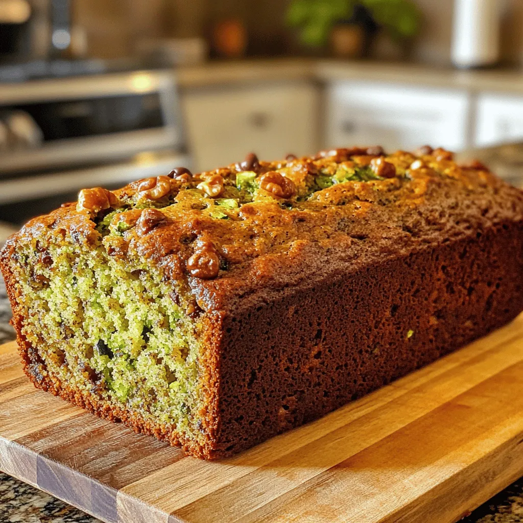 To make Joanna Gaines's zucchini bread, gather these key ingredients: - 2 cups grated zucchini (about 1 medium zucchini) - 1 ½ cups all-purpose flour - 1 teaspoon baking soda - ½ teaspoon baking powder - 1 teaspoon ground cinnamon - ½ teaspoon ground nutmeg - ½ teaspoon salt - 1 cup granulated sugar - 2 large eggs - ⅓ cup vegetable oil - 1 teaspoon vanilla extract - ½ cup chopped walnuts or pecans (optional) - ½ cup chocolate chips (optional) You can customize this recipe with some fun add-ins. Here are a few ideas: - Chopped nuts add a nice crunch. - Chocolate chips bring a sweet twist. - Dried fruits like raisins or cranberries can add flavor too. Feel free to mix and match these options to find what you love best! When choosing zucchini, look for these tips: - Pick zucchini that feels firm and heavy. - Look for smooth skin without blemishes. - Choose smaller zucchinis for better flavor and texture. - If possible, opt for organic zucchini to avoid pesticides. Fresh zucchini will give your bread a moist and tasty base. Enjoy the process! Start by washing your zucchini well. Grate it using a box grater or a food processor. You need about 2 cups of grated zucchini. Place the zucchini in a bowl, sprinkle with a pinch of salt, and let it sit for ten minutes. This helps draw out excess moisture. After that, take a clean kitchen towel and squeeze out any extra liquid. This step is key to preventing soggy bread. In a medium bowl, whisk together the dry ingredients. Combine 1 ½ cups of flour, 1 teaspoon of baking soda, ½ teaspoon of baking powder, 1 teaspoon of ground cinnamon, ½ teaspoon of ground nutmeg, and ½ teaspoon of salt. Make sure these ingredients are mixed well. This blend will give your bread a perfect rise and great flavor. Now, grab a large bowl. Beat 1 cup of granulated sugar and 2 large eggs together. Use a hand mixer or whisk until the mixture is light and fluffy. This should take about 2-3 minutes. Slowly add in ⅓ cup of vegetable oil while mixing. Finally, stir in 1 teaspoon of vanilla extract. This adds a lovely aroma and sweetness to the bread. Now it’s time to combine the mixtures. Carefully fold the dry ingredients into the wet mixture. Use a spatula and mix until just combined. Avoid overmixing; this keeps the bread light and fluffy. Then, gently fold in the grated zucchini. If you’d like, you can add in ½ cup of chopped walnuts or chocolate chips for extra flavor. Pour the batter into a greased or lined 9x5 inch loaf pan. Smooth the top with a spatula. Preheat your oven to 350°F (175°C). Bake the bread for 50-60 minutes. To check if it’s done, insert a toothpick into the center. If it comes out clean, the bread is ready. Allow it to cool in the pan for about 10 minutes before transferring it to a wire rack. Let it cool completely before slicing. Enjoy your delicious creation! To keep your zucchini bread from being soggy, start with the water in the zucchini. After grating, sprinkle a bit of salt on the zucchini and let it sit. This helps draw out excess moisture. Then, use a towel to squeeze out the liquid. This step is key! If you skip it, your bread might turn out wet and dense. The toothpick test is simple but effective. After baking for about 50 minutes, insert a toothpick into the center of your bread. If it comes out clean, your bread is ready. If it has wet batter on it, bake for a few more minutes. Check every five minutes until it’s done. This way, you avoid undercooking your bread! Greasing the pan well makes it easy to remove the bread later. Use butter or vegetable oil to coat the inside of the pan. You can also use parchment paper for added ease. Line the bottom and sides, making sure it hangs over the edges. This helps lift the bread out cleanly once it cools. By following these tips, you can enjoy perfect zucchini bread each time! You can find the full recipe for Joanna Gaines’s Zucchini Bread [here]. {{image_4}} You can easily change the taste of your zucchini bread by adding nuts. Walnuts and pecans work well. They add a nice crunch and flavor. Chop them up and fold them into the batter. You can use about half a cup. If you want a sweeter twist, try adding chocolate chips instead. Mix them in with the nuts for a fun treat. Fruits and spices can make your zucchini bread unique. Think about adding dried fruits like raisins or cranberries. They add a burst of sweetness. You can also add spices like ginger or cardamom for extra warmth. Just remember to keep the total amount of mix-ins balanced. This way, the bread stays moist and tasty. If you want a gluten-free option, swap the all-purpose flour. Use a gluten-free flour blend instead. Make sure it has a mix of flours like almond or coconut. This change will give the bread a different texture. It may be denser, but it will still taste great. Always check the labels to ensure the flour is gluten-free. For more details, check the Full Recipe. Store leftover zucchini bread in an airtight container. This keeps it fresh. You can also wrap it tightly in plastic wrap. Keep it at room temperature for up to three days. If you live in a warm place, the fridge may help. However, the cold can change the bread's texture. To freeze zucchini bread, first let it cool completely. Then, wrap it in plastic wrap. Follow that with aluminum foil for extra protection. You can store it in the freezer for about three months. When you want to enjoy it, just thaw it in the fridge overnight. To reheat, slice the bread for even warming. You can warm it in an oven at 350°F for about 10-15 minutes. If you prefer the microwave, heat it for about 20 seconds. Enjoy it warm with butter or your favorite spread. This makes each slice taste fresh and delightful. Zucchini bread lasts about 1 week at room temperature. Store it in an airtight container. If you want it to last longer, put it in the fridge. This can keep it fresh for up to 2 weeks. You can also freeze zucchini bread for up to 3 months. Just wrap it tightly in plastic wrap and foil. Yes, you can use yellow squash as a substitute for zucchini. They taste similar and have a similar texture. Just prepare it the same way. Grate it and squeeze out the extra moisture before mixing it into your batter. If your zucchini bread is too dense, check your mixing method. Overmixing can cause this issue. Make sure to fold the wet and dry ingredients gently. You can also add a bit more baking soda to give it a lift. You can definitely make muffins instead of a loaf. Just pour the batter into a muffin tin. Bake at the same temperature but check for doneness earlier, around 20-25 minutes. This way, you can enjoy smaller, easier-to-eat portions. The best way to serve Joanna Gaines’s Zucchini Bread is warm. Slice it and spread on some butter or cream cheese. You can also top it with fresh herbs or a light dusting of powdered sugar. This adds a nice touch and makes it even more delightful. For the full recipe, check out the details above. In this post, we covered making zucchini bread from start to finish. We explored key ingredients and tips for picking fresh zucchini. I shared step-by-step instructions for mixing and baking. You learned tricks to avoid soggy bread. We also discussed tasty variations and smart storage tips. Remember, zucchini bread is easy to make and fun to customize. Use these tips to create a delicious treat every time. Enjoy your baking journey!