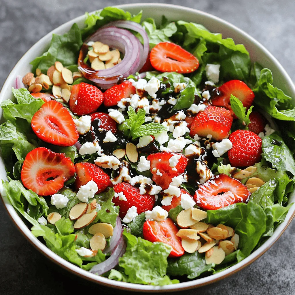 The best strawberry feta salad needs fresh, vibrant ingredients. Here’s what you'll use: - 4 cups mixed greens (spinach, arugula, or spring mix) - 1 cup fresh strawberries (hulled and sliced) - 1/2 cup crumbled feta cheese (aged is best for flavor) - 1/4 cup sliced almonds (lightly toasted) - 1/4 small red onion (thinly sliced) - 1/4 cup balsamic glaze (store-bought or homemade) - 2 tablespoons extra virgin olive oil - Sea salt and black pepper (to taste) - Fresh mint leaves (optional for garnish) These ingredients create a colorful, tasty salad. The mixed greens provide crunch and nutrients. The strawberries add natural sweetness. Feta cheese brings creaminess and a salty kick. Almonds offer a nice crunch, and red onion gives a mild bite. You can customize your salad with these fun extras: - Avocado slices for creaminess - Grilled chicken or shrimp for protein - Blueberries or raspberries for mixed berry goodness - Cucumber slices for a refreshing crunch These additions can change the flavor and texture. Feel free to experiment based on what you like! While the balsamic glaze is delicious, you can try these dressings too: - Lemon vinaigrette for a zesty touch - Honey mustard for sweetness - Poppy seed dressing for a nutty twist Switching up the dressing can keep your salad exciting. Each option brings its unique flair. You can find the full recipe in the "Full Recipe" section. Enjoy making your salad! Start by gathering your main ingredients. You need mixed greens, fresh strawberries, feta cheese, sliced almonds, and red onion. Begin by washing the greens under cold water. Dry them gently with a clean towel or a salad spinner. Next, hull the strawberries and slice them into thin rounds. The thin slices will blend well with the greens. In a large salad bowl, add the mixed greens, sliced strawberries, and red onion. This colorful mix forms the base of your salad. The greens provide crunch, while the strawberries add sweetness and juiciness. For the dressing, you will need balsamic glaze and olive oil. Pour the balsamic glaze into a small bowl. Add the extra virgin olive oil. Whisk these together until they mix well. This creates a rich, flavorful dressing that enhances the salad. You can adjust the amounts to suit your taste. If you like it sweeter, add more glaze. For a lighter touch, increase the olive oil. Once your base ingredients and dressing are ready, it’s time to combine them. Drizzle the balsamic dressing evenly over the salad mix. Gently toss the salad with your hands or a large spoon. This helps coat every piece without crushing the strawberries. Season the salad with sea salt and freshly cracked black pepper to your liking. Let the salad sit for about five minutes. This resting time allows the flavors to meld beautifully. Just before serving, add the crumbled feta cheese and toasted almonds on top. These add creaminess and crunch. If you want, garnish with fresh mint leaves for a refreshing finish. You can find the full recipe for this delightful Strawberry Feta Salad at [Full Recipe]. To make your strawberry feta salad pop, use ripe strawberries. Their sweetness adds joy to each bite. Crumbled feta cheese should be aged. This gives a sharp taste that mixes well with the berries. Add a pinch of sea salt to boost flavors. Toasted almonds provide a nice crunch and a nutty flavor. Lastly, fresh mint leaves can brighten the dish. They add a refreshing twist that complements the strawberries. Serve your salad in a large, shallow bowl. This allows the colors to shine. Layer the greens first, then add the strawberries and onion. Sprinkle the feta and almonds on top for a beautiful look. For extra flair, place whole strawberries and mint sprigs on the salad. A drizzle of balsamic glaze over the top makes it inviting and delicious. Make your salad right before serving. This keeps the greens crisp and bright. If you need to prepare ahead, store the dressing separately. Add it just before serving for the best taste. Allow the salad to rest for about five minutes before serving. This lets the flavors blend nicely, enhancing the overall experience. For the full recipe, check out The Ultimate Strawberry Feta Salad. {{image_4}} You can mix and match greens in this salad. Try baby spinach, arugula, or even kale. Each green brings a unique flavor and texture. For fruits, other berries like blueberries or raspberries work well. You might also add diced apples or peaches for a sweet twist. Experimenting with different greens and fruits lets you create your perfect mix. To turn this strawberry feta salad into a meal, add some protein. Grilled chicken or shrimp pairs nicely with the salad. You can also use chickpeas or black beans for a plant-based option. Adding nuts like walnuts or pecans boosts the protein too. These additions make the salad filling and satisfying. If you want a vegan version, skip the feta cheese. Instead, use avocado for creaminess. You can also add nutritional yeast for a cheesy flavor. For dressing, use a simple mix of olive oil and vinegar. This keeps the salad fresh and tasty while fitting a vegan diet. Enjoy the same great flavors without dairy! To keep your strawberry feta salad fresh, store it in an airtight container. This will prevent moisture loss and keep the salad crisp. Avoid dressing the salad until you're ready to eat. Dressing can make greens soggy and limp. Store mixed greens in a damp paper towel inside a plastic bag. This method helps maintain their crispness. For strawberries, keep them in the fridge but do not wash them until you're ready to use them. This keeps them from getting mushy. Feta cheese should stay in its brine or in a sealed container to prevent it from drying out. You can enjoy your salad leftovers for up to two days. However, the taste and texture will be best within the first day. After that, the greens may wilt, and the strawberries may lose their firmness. Always check for freshness before eating! Yes, you can use frozen strawberries. However, fresh strawberries provide the best taste and texture. If you choose frozen, thaw them first. Drain excess water to keep the salad crisp. If you need a feta substitute, try goat cheese or ricotta. These cheeses add creaminess. You can also use a dairy-free cheese for a vegan option. Adjust the amount to your taste. To prep ahead, wash and slice the strawberries and onions. Store them in separate containers. Keep the dressing in a jar. Combine everything just before serving to keep it fresh and crunchy. For the full recipe, check [Full Recipe]. You learned about key ingredients, steps, and tips to make a great salad. Remember, fresh ingredients and the right dressing can boost flavor. Try different greens, fruits, and proteins for variety. Proper storage keeps your salad fresh longer. Use what you learned to create your own unique versions. Enjoy making delicious salads and sharing them with friends and family!