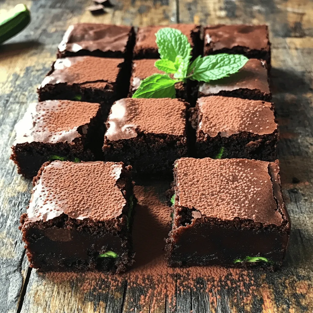 - 1 cup grated zucchini, squeezed dry - 1/2 cup whole wheat flour - 1/4 cup unsweetened cocoa powder - 1/2 cup honey or maple syrup - 2 large eggs - 1/4 cup unsweetened applesauce - 1 teaspoon pure vanilla extract - 1/2 teaspoon baking soda - 1/4 teaspoon sea salt - 1/2 cup dark chocolate chips - Optional: 1/4 cup chopped nuts When making healthy zucchini brownies, you need fresh ingredients. Grated zucchini brings moisture and nutrients. Whole wheat flour adds fiber and a nutty taste. Cocoa powder gives that rich chocolate flavor. You can use honey or maple syrup as sweeteners. Eggs bind everything together, while applesauce keeps the brownies moist. Dark chocolate chips add a delightful touch. If you want crunch, nuts are a great option. You can even mix in different types of sweeteners or flours. The Full Recipe provides detailed instructions on how to combine these ingredients perfectly. - Use agave or coconut sugar instead of honey. - Make it gluten-free with almond flour or oat flour. - For a vegan option, swap eggs with flax eggs or applesauce. - Zucchini is low in calories and high in fiber. - It offers vitamins A, C, and K. - Zucchini has antioxidants that protect your cells. Zucchini helps keep these brownies healthy. It adds moisture without extra fat. This veggie blends well into the batter, making it a secret ingredient. Eating these brownies gives you a tasty treat and health benefits. 1. First, preheat your oven to 350°F (175°C). This heat is perfect for baking. 2. Next, prepare a 9x9 inch baking dish. You can grease it lightly or use parchment paper. This helps the brownies come out easily later. 1. In a large mixing bowl, combine the wet ingredients. Mix together honey (or maple syrup), eggs, applesauce, and vanilla extract. Whisk until smooth. 2. Now, fold in the grated zucchini. Make sure it is evenly mixed with the wet ingredients. 1. In a separate bowl, mix the dry ingredients. Whisk together whole wheat flour, cocoa powder, baking soda, and sea salt. This helps blend them well. 2. Gradually add the dry mix to the wet ingredients. Stir gently until just combined. Be careful not to overmix, as this can change the texture of your brownies. 1. Pour the brownie batter into your prepared dish. Use a spatula to spread it evenly. 2. Place the dish in the oven and bake for 20-25 minutes. To check if they are done, insert a toothpick into the center. It should come out mostly clean, with a few moist crumbs. Enjoy your delicious Healthy Zucchini Brownies! For more details on making these, check the Full Recipe. To keep your brownies soft, squeeze the grated zucchini well. This step removes excess water. Too much moisture can make your brownies soggy. Using unsweetened applesauce adds moisture too. It also gives a nice sweetness without extra sugar. Mix the batter gently. Overmixing can lead to tough brownies. Stir just until the dry ingredients are combined. Baking time is key. Check your brownies at 20 minutes. Insert a toothpick in the center. If it comes out with a few moist crumbs, they’re done! Cut the brownies into squares after they cool. This helps keep the edges neat and tidy. For a pretty touch, dust cocoa powder on top. Fresh mint leaves also make a lovely garnish. They add color and a hint of flavor. Enjoy your beautifully presented brownies! {{image_4}} You can make these brownies even tastier with a few simple tweaks. Adding spices like cinnamon or nutmeg can give your brownies a warm, inviting flavor. Just a pinch will do! You can also mix in nut butter, like almond or peanut butter, to add richness. It enhances the texture and flavor, making the brownies even more delicious. If you want to adjust for specific diets, here are some ideas. For a vegan version, swap the eggs with flax eggs. Just mix one tablespoon of ground flaxseed with three tablespoons of water. Let it sit for a few minutes to thicken. For gluten-free brownies, you can use almond flour or a gluten-free flour blend instead of whole wheat flour. Both options work well! These brownies shine when paired with other treats. Serve them warm with a scoop of ice cream or a dollop of yogurt for a sweet delight. You can also create a dessert platter. Arrange the brownies with fresh fruits, nuts, or even a drizzle of chocolate sauce. It makes a fun presentation for gatherings! To keep your brownies fresh, store them in an airtight container. Place a piece of parchment paper between layers to prevent sticking. You can keep them at room temperature for up to four days. If you want to keep them longer, refrigerate for up to a week. Freezing brownies is easy and keeps them fresh. Cut the brownies into squares. Wrap each piece tightly in plastic wrap. Then, place them in a freezer-safe bag. They will stay good for about three months. To thaw, take them out and leave them at room temperature for a few hours. Do not let leftover brownies go to waste! You can chop them up and use them in new recipes. Try making a trifle with layers of brownies, whipped cream, and fruit. Another fun idea is to create parfaits by layering brownies with yogurt and berries. These options make tasty treats that are fun to share! No, you cannot taste the zucchini. Zucchini adds moisture and makes the brownies soft. The cocoa powder and chocolate chips mask any veggie flavor. You get rich chocolate goodness without the veggie taste. These healthy brownies can last up to five days at room temperature. Store them in an airtight container. For longer storage, keep them in the fridge for about a week. They can also freeze well for up to three months. You can replace honey or maple syrup with sugar, but it will change the texture. Sugar makes the brownies more cake-like and less moist. You may need to add a bit of liquid if you switch. To cut brownies cleanly, use a sharp knife. Make sure the brownies are cool before cutting. Dip the knife in hot water and dry it first. This method helps get neat, straight lines. You can add nuts or seeds for extra crunch and nutrients. Try using nut butter for creaminess or substituting some flour with oats. You can also reduce the sweetener or use ripe bananas for natural sweetness. For the full recipe, check out the section above. These healthy brownies are easy to make and delicious. You learned about key ingredients, like zucchini and cocoa powder, for taste and nutrition. Substitutions allow flexibility for dietary needs. The step-by-step instructions guide you through mixing, baking, and storing your brownies. In the end, feel free to experiment with flavors and toppings. Enjoy your baking journey and share your tasty results!