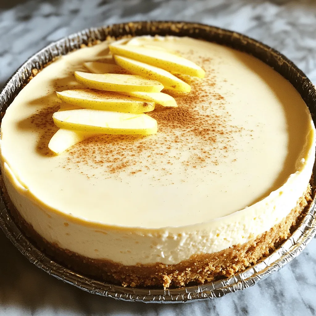 When making an apple cider cheesecake, having the right ingredients is key. Each item brings rich flavor and texture. Here’s what you need for this delightful treat: - 1 ½ cups graham cracker crumbs - ½ cup unsalted butter, melted - 2 cups cream cheese, softened - 1 cup granulated sugar - 1 teaspoon vanilla extract - 3 large eggs, at room temperature - 1 cup apple cider, reduced - 1 teaspoon ground cinnamon - ½ teaspoon ground nutmeg - 2 tablespoons all-purpose flour - ½ cup sour cream These ingredients create a creamy and smooth cheesecake with a hint of apple and spice. You start with graham cracker crumbs for a rich crust. The melted butter helps bind them together. Cream cheese forms the base of the filling, giving it that classic cheesecake texture. Sugar adds sweetness, while vanilla enhances the flavors. The apple cider reduction is the star here. You boil the cider to make it rich and flavorful. This process takes time, but it makes a huge impact. The spices, cinnamon and nutmeg, add warmth and depth. Finally, sour cream gives a lovely tang to balance the sweetness. Using these ingredients, you can create a stunning apple cider cheesecake. It’s not just a dessert; it’s a treat that showcases the best of fall flavors. For the full recipe, check out the detailed instructions ahead. Start by pouring 2 cups of apple cider into a medium saucepan. Heat it on medium-high until it boils. Once boiling, lower the heat to a simmer. Let it cook for about 20-30 minutes. Stir it often to stop it from sticking. You want the cider to reduce to about 1 cup. After it thickens, take it off the heat and let it cool. Preheat your oven to 325°F (163°C). In a bowl, mix 1 ½ cups of graham cracker crumbs with ½ cup of melted butter. Stir until it looks like wet sand. Press this mixture firmly into the bottom of a 9-inch springform pan. Bake it for 10 minutes. Once done, take it out and let it cool. In a large bowl, beat 2 cups of softened cream cheese with 1 cup of granulated sugar. Use an electric mixer on medium speed for about 2-3 minutes. The mix should be smooth and free of lumps. Add 1 teaspoon of vanilla extract and mix well. Now, add 3 large eggs one at a time. Mix on low speed after each egg until just combined. Avoid overmixing, as this can add too much air, making your cheesecake crack. Pour in your cooled apple cider reduction, 1 teaspoon of ground cinnamon, ½ teaspoon of ground nutmeg, and 2 tablespoons of all-purpose flour. Mix on low speed until it’s all blended. Gently fold in ½ cup of sour cream using a spatula until there are no white streaks. Pour the cheesecake batter over the cooled crust. Smooth the top with a spatula. Bake for 55-65 minutes. You want the edges set and the center to jiggle slightly. Turn off the oven once the cheesecake is done. Crack the oven door open and let it cool for 1 hour. After that, take it out and refrigerate for at least 4 hours. For the best taste, let it chill overnight. When you’re ready to serve, sprinkle a light dusting of cinnamon on top. You can also add thinly sliced fresh apple pieces for a nice touch. Enjoy your creamy, delicious apple cider cheesecake! For the full recipe, check the Full Recipe section. - Use room temperature ingredients. This helps the batter mix smoothly. - Don’t overmix the batter. Mix just until combined to keep it light. - Bake in a water bath. This keeps the cheesecake moist and prevents cracks. - Let it cool slowly. Gradually cooling helps set the texture perfectly. - Chill overnight. This enhances the flavors and improves the texture. - Skipping the apple cider reduction. It adds a rich flavor that you need. - Using cold cream cheese. This can lead to lumps in your batter. - Overbaking the cheesecake. It should have a slight jiggle in the center. - Forgetting to grease the pan. This helps ensure easy removal. - Not chilling long enough. A proper chill time is key for flavor. - Serve with a sprinkle of cinnamon on top. This adds a nice touch. - Pair with fresh apple slices for a crunchy contrast. - Add a drizzle of caramel sauce for extra sweetness. - Serve alongside whipped cream for a rich texture. - Enjoy with a cup of warm cider for a cozy treat. For the complete guide, check the Full Recipe. {{image_4}} You can change the taste of your apple cider cheesecake easily. Try adding a splash of bourbon for a warm kick. If you want a spicier note, mix in some ground ginger. For a citrusy twist, add some lemon zest. You can also use caramel sauce in the filling for extra sweetness. Each tweak gives you a new flavor that can surprise your taste buds. The crust can change the whole vibe of the cheesecake. Instead of graham crackers, use crushed ginger snaps for a spicy crunch. You could also try a pecan crust for a nutty flavor. For a gluten-free option, use almond flour mixed with melted butter. Each crust gives the cheesecake its own unique taste and texture. Toppings can make your cheesecake shine. A simple sprinkle of cinnamon adds warmth. Thin apple slices on top add a fresh touch. You can drizzle caramel sauce for a sweet finish. Whipped cream can also lighten up the dish. For a gourmet look, consider candied pecans as a crunchy garnish. Each option makes your dessert more inviting and delicious! For more details on creating this delightful treat, refer to the full recipe. To store your apple cider cheesecake, cover it well with plastic wrap. You can also place it in an airtight container. This keeps it fresh and helps avoid any fridge odors. Store it in the fridge for up to five days. Always let it cool completely before wrapping or storing. If you want to save some for later, freezing is a great option. First, let the cheesecake cool completely. Then, wrap it tightly in plastic wrap. After that, wrap it again in aluminum foil for extra protection. You can freeze it for up to three months. To thaw, place it in the fridge overnight before serving. When it comes to reheating, I do not recommend using the microwave. It can make the texture grainy. Instead, let the cheesecake sit at room temperature for about 30 minutes before serving. If you want it warm, you can place it in a 300°F (150°C) oven for about 10 minutes. This will keep it creamy while warming it up. Enjoy your delicious treat! Apple cider cheesecake is a sweet dessert that mixes cream cheese and apple cider. It has a smooth texture and a rich flavor. You get hints of cinnamon and nutmeg, which make it taste like fall. The crust is made from graham crackers, adding a crunchy base. This dessert is a delightful twist on classic cheesecake, perfect for gatherings. To make this recipe gluten-free, use gluten-free graham cracker crumbs for the crust. You can find these at most grocery stores. For the filling, ensure the sour cream and all-purpose flour are gluten-free. Many brands offer gluten-free versions of these items. Following these steps will give you a tasty gluten-free cheesecake. Yes, you can use fresh apple juice. However, apple cider gives a deeper flavor since it is less processed. If you use apple juice, try to reduce it as you would the cider. This helps to concentrate the flavors. You may need to add a bit more cinnamon for taste. The cheesecake needs to chill for at least four hours. For the best flavor and texture, I recommend chilling it overnight. This allows the flavors to meld and the texture to firm up. A well-chilled cheesecake will slice better and taste amazing. If you need a substitute for sour cream, you can use Greek yogurt. It has a similar tangy taste and creamy texture. Cream cheese can also work, but it will make the cheesecake richer. Another option is to mix equal parts of milk and vinegar to mimic sour cream’s acidity. You now know how to create a delicious apple cider cheesecake. We covered each ingredient, step, and some helpful tips. Remember, the right flavors and textures make a big difference. Avoid common mistakes for the best result. You can also try different flavors and toppings to make it your own. With this simple guide, you can impress friends and family with your dessert skills. Enjoy every slice and share your success!