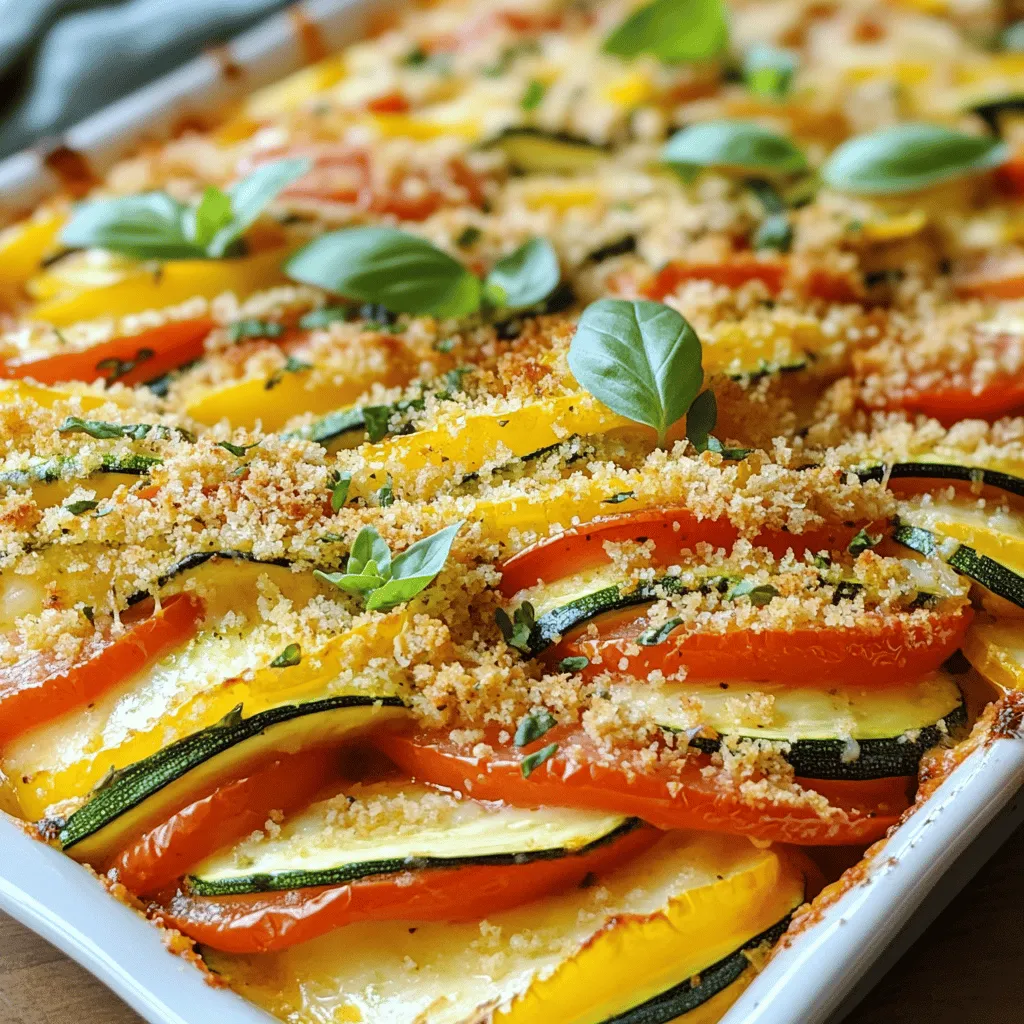 To make Zucchini Tomato Gratin, you need the following ingredients: - 3 medium zucchinis, thinly sliced - 4 ripe tomatoes, thinly sliced - 1 medium onion, finely chopped - 3 cloves garlic, minced - 1 cup shredded mozzarella cheese - ½ cup grated Parmesan cheese - 1 teaspoon dried oregano - 1 teaspoon fresh basil, chopped (or ½ teaspoon dried basil) - 2 tablespoons olive oil - Salt and pepper to taste - ½ cup breadcrumbs (optional for topping) I prefer using fresh tomatoes for this dish. They add bright flavor and texture. Fresh tomatoes enhance the taste and look of the gratin. If fresh tomatoes are not available, you can use canned tomatoes. Choose whole or diced tomatoes with no added salt. Drain them well to avoid excess liquid. You can tweak this recipe based on what you have. Here are some ideas: - Substitute zucchini with yellow squash or eggplant. - Use any cheese you like, such as cheddar or feta. - If you do not have Parmesan, try Pecorino Romano. - Swap olive oil for melted butter for a richer taste. - Replace breadcrumbs with crushed crackers for a different crunch. Feel free to get creative with these substitutions. Cooking should be fun and personal! For the complete recipe, check the Full Recipe section. Start by preheating your oven to 375°F (190°C). This ensures the oven is hot enough for a perfect bake. Preheating helps the vegetables cook evenly and develop rich flavors. In a large skillet, pour in two tablespoons of olive oil. Heat it over medium heat. Add one finely chopped onion and cook it until it turns clear, about five minutes. Then, mix in three minced garlic cloves. Cook for one more minute until the garlic smells great. Turn off the heat and let the mixture cool a bit. Grab a spacious baking dish. Start with a layer of zucchini slices. Next, add half of the onion and garlic mix, sprinkling salt, pepper, and one teaspoon of dried oregano over it. Then, place a layer of tomato slices. Keep layering until you run out of vegetables, finishing with a layer of tomatoes on top. In a bowl, mix one cup of shredded mozzarella cheese and half a cup of grated Parmesan cheese. Sprinkle half of this cheesy mix over the top layer of tomatoes. Make sure to cover it evenly for great taste. Cover the baking dish loosely with aluminum foil to keep moisture in. Place it in the oven and bake for 25 minutes. After this, take off the foil and bake for another 15 to 20 minutes. You want the top to be golden brown and bubbly. This step lets all the flavors come together beautifully. For the full recipe, be sure to check out the complete instructions laid out in the *Full Recipe*. For this dish, slice the zucchini and tomatoes thinly. Thin slices cook faster and blend well. Use a sharp knife or a mandoline for even cuts. This helps the veggies cook uniformly and look great. Aim for 1/4 inch thickness for the best results. To get a crunchy topping, use breadcrumbs. Mix them with some olive oil and cheese. This adds flavor and texture. Spread the mixture evenly on top of the cheese layer before baking. Bake until it is golden brown. This makes your gratin look and taste amazing. Fresh herbs boost the flavor of your dish. Add basil, oregano, or thyme for depth. You can also try a pinch of red pepper flakes for heat. Mixing in fresh herbs just before serving brightens the taste. Experiment with flavors to find your favorite combination. For a unique twist, consider adding a splash of balsamic vinegar. It adds a tangy punch that complements the veggies. {{image_4}} You can easily make this gratin even more veggie-packed. Add mushrooms, bell peppers, or spinach. These options bring extra color and flavor. For a heartier dish, throw in cooked lentils or beans. They add protein and fiber, making the meal more filling. If you need a gluten-free version, use gluten-free breadcrumbs. You can also crush gluten-free crackers for a crunchy topping. Almond flour or ground nuts can work too. Just mix them with a little olive oil for a tasty twist. Cheese can change the dish’s taste quite a bit. Instead of mozzarella, try goat cheese or feta. They add a tangy flavor. For a richer taste, use aged cheddar or Gruyère. Mixing cheeses can also create a fun flavor profile. Remember, the cheese is key to making your gratin special. Check out the Full Recipe for tips on cheese combinations! After enjoying your Zucchini Tomato Gratin, let it cool. Place any leftovers in an airtight container. This keeps the dish fresh and tasty. Store it in the fridge for up to four days. If you use a glass or ceramic dish, you can cover it with plastic wrap or foil. To reheat, use your oven for the best flavor. Preheat the oven to 350°F (175°C). Cover the gratin with foil to keep it moist. Heat for about 15 to 20 minutes. If you like a crispy top, remove the foil for the last five minutes. You can also use a microwave but expect a softer texture. If you want to freeze the gratin, it is best to do so before baking. Assemble the layers in a freezer-safe dish. Cover it tightly with plastic wrap and foil. It will stay good for up to three months. When ready to eat, thaw it in the fridge overnight. Bake it straight from frozen for about an hour at 375°F (190°C). For the best taste, use it within two months. If you're looking for a quick reference, check the Full Recipe for all the details. Zucchini Tomato Gratin can last up to four days in the fridge. Make sure to store it in an airtight container. This keeps it fresh and tasty for your next meal. If you notice any changes in color or smell, it’s best to toss it. Yes, you can make Zucchini Tomato Gratin ahead of time. Prepare the dish and store it in the fridge before baking. When you’re ready to eat, just pop it in the oven. This makes it easy for busy days or special events. Zucchini Tomato Gratin pairs well with many dishes. You can serve it with: - Grilled chicken or fish - A fresh green salad - Quinoa or rice This adds variety and balances the meal. For the complete step-by-step guide, check the Full Recipe. It makes cooking this dish a breeze. Zucchini Tomato Gratin is a tasty and easy dish to make. We discussed the key ingredients and how to choose the best tomatoes. The step-by-step guide ensures you get great results every time. I shared tips for slicing and achieving that perfect crispy topping. Variations let you personalize the dish to fit your tastes. Don't forget, storing leftovers properly keeps your gratin fresh. Enjoy making this dish and impressing others with your cooking skills!