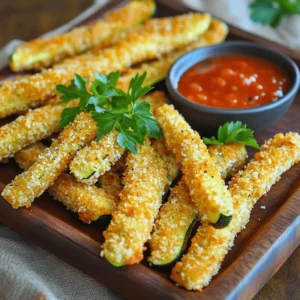 - 2 medium zucchinis - 1 cup panko breadcrumbs - ½ cup freshly grated Parmesan cheese Zucchinis are the star here. They are crisp and mild. Using medium zucchinis gives you the best texture. Panko breadcrumbs add a nice crunch. They are lighter than regular breadcrumbs. Freshly grated Parmesan cheese gives a rich flavor. It melts well and creates a tasty crust. - 1 teaspoon garlic powder - 1 teaspoon onion powder - 1 teaspoon Italian seasoning Seasonings make these fries pop with flavor. Garlic powder adds a savory touch. Onion powder gives depth. Italian seasoning brings warmth and earthiness. You can adjust these to your taste. A pinch of salt and black pepper is key too. They balance the flavors and enhance the taste. - 2 large eggs - ¼ cup all-purpose flour - Olive oil spray Eggs help the coating stick. Beating them well ensures an even coating. All-purpose flour creates a dry base. This helps the egg and breadcrumbs adhere better. Olive oil spray is handy for a crispy finish. It keeps the fries from sticking and adds a nice golden color. To get the full recipe, check out the details above! Start by preheating your oven to 425°F (220°C). This step is key for crispy fries. While the oven warms up, line a baking sheet with parchment paper. This makes cleanup easy and helps the fries cook evenly. In a shallow bowl, mix together the panko breadcrumbs and grated Parmesan cheese. Add garlic powder, onion powder, Italian seasoning, and a pinch of salt and pepper. This blend gives the fries a great flavor. In a separate bowl, beat the two large eggs. In another bowl, measure out the all-purpose flour. These will help the coating stick to the zucchini. Take each zucchini fry and start with the flour. Lightly coat it in flour first. Then, dip it into the beaten eggs, letting any extra drip off. Next, roll the fry in the breadcrumb mixture. Press gently so the coating sticks well. Arrange the coated zucchini fries on the prepared baking sheet. Make sure they are spaced apart. This helps them cook evenly. Now, lightly spray the tops of the zucchini fries with olive oil spray. This helps them turn golden and crispy. Bake them in the oven for about 20-25 minutes. Flip the fries halfway through the cooking time. This ensures they are crispy on all sides. Once they are golden brown and crunchy, take them out of the oven. Let them cool for a few minutes before serving. For the full recipe, check out the recipe section above. To get your zucchini fries super crispy, spacing is key. When you place the fries on the baking sheet, make sure they are not touching. This helps hot air circulate around each fry. Good air flow promotes even cooking and a nice crunch. Using olive oil spray is also important. A light spray on top of the fries helps them brown. This simple step makes a big difference. You want them to be golden and crunchy, not soggy. Feel free to get creative with your seasonings. You can change the flavors to match your taste. Try adding smoked paprika for a smoky kick. Or, use chili powder for a spicy twist. For extra toppings, consider grated cheese or fresh herbs. A sprinkle of fresh basil or cilantro can brighten up the dish. You can even add crushed red pepper flakes for heat. Serving your zucchini fries can be fun. Try putting them on a rustic platter. This adds a nice touch to your meal. You can also pair them with a small bowl of dipping sauce. Marinara sauce works great, but creamy garlic aioli is a hit too. For a pop of color, garnish with chopped parsley. This not only looks nice, but it adds freshness. Enjoy your crispy zucchini fries! {{image_4}} You can change the coating to fit your needs. If you want a gluten-free option, use almond flour instead of all-purpose flour. This keeps the fries crispy and tasty. You can also use crushed nuts, like walnuts or pecans. They add a nice crunch and flavor. Want to spice things up? Add cayenne pepper for heat or paprika for color. Both spices give a zing that makes each bite exciting. Fresh herbs can also add a pop of flavor. Try mixing in chopped parsley or basil to the breadcrumb mix. This boosts freshness and taste. Air frying is a great way to cook zucchini fries. It gives you a crispy texture with less oil. Set your air fryer to 400°F (200°C) and cook for about 12 minutes. Shake the basket halfway for even cooking. You can also pan-fry the fries for a different texture. Heat oil in a skillet over medium heat. Fry the zucchini sticks until they turn golden brown on all sides. This method gives you a crunchy outer layer and a soft inside. For the full recipe, check the Full Recipe section. To store your leftover zucchini fries, use an airtight container. This keeps them fresh and prevents moisture. You can place parchment paper between layers for extra protection. Store the container in the fridge. They stay good for about 3 days. For the best results, reheat your zucchini fries in the oven. Preheat the oven to 400°F (200°C). Spread them out on a baking sheet. Bake for about 10 minutes until they are crispy again. Avoid using the microwave, as it makes them soggy. You can freeze zucchini fries before or after cooking. For freezing before cooking, bread the fries and lay them on a baking sheet. Freeze them for about 1 hour. Then, transfer them to a freezer bag. For cooked fries, let them cool before freezing. Use them within 2 months for the best taste. To retain quality, wrap them tightly to avoid freezer burn. Zucchini fries can last about 3 to 4 days in the refrigerator. Store them in an airtight container. This keeps them fresh and helps avoid sogginess. Yes, you can prep zucchini fries ahead of time. Slice and coat them in the morning, then store in the fridge. This saves time for a quick snack later. Just bake them when you are ready! Zucchini fries taste great with many dipping sauces. Some popular choices include: - Marinara sauce - Garlic aioli - Ranch dressing - Spicy ketchup Try mixing flavors to find your favorite! To make zucchini fries vegan, replace the eggs with a flaxseed mixture. Mix 1 tablespoon of ground flaxseed with 2.5 tablespoons of water. Let it sit for a few minutes. For cheese, use nutritional yeast for a cheesy flavor! Yes, zucchini fries are healthier than regular fries. They have fewer calories and carbs. Zucchinis are high in vitamins and minerals. Plus, baking instead of frying cuts down on added fats. Absolutely! You can use various cheeses to change the flavor. Try mozzarella for a milder taste or cheddar for a sharper bite. Vegan cheese also works well if you prefer plant-based options. Check out the full recipe for more ideas! Zucchini fries are a tasty, healthy snack made from simple ingredients like zucchini, panko, and Parmesan. We covered how to coat and cook them for a crisp finish. You can customize flavors with various seasonings or try different cooking methods. Proper storage and reheating keep them fresh and crunchy. Remember, you can easily tweak this recipe to fit your taste. Enjoy your delicious zucchini fries anytime!