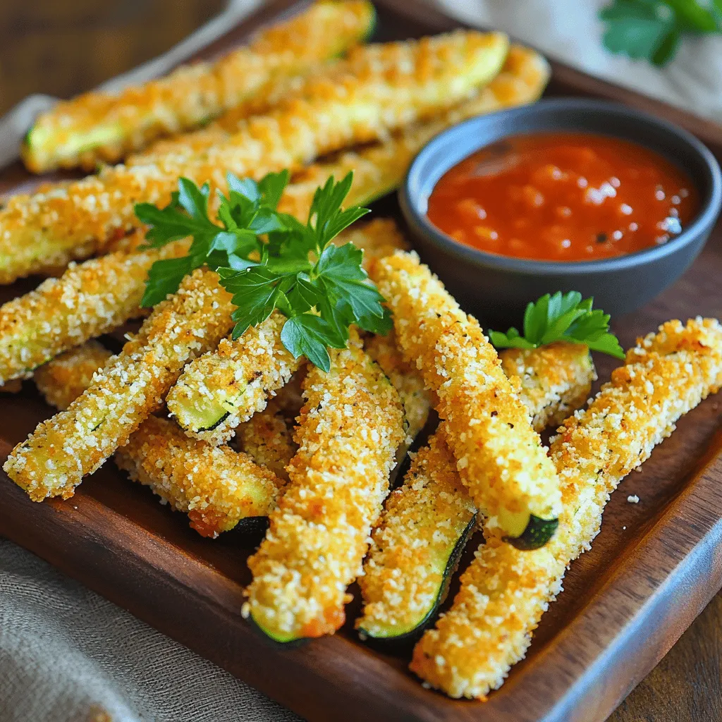 - 2 medium zucchinis - 1 cup panko breadcrumbs - ½ cup freshly grated Parmesan cheese Zucchinis are the star here. They are crisp and mild. Using medium zucchinis gives you the best texture. Panko breadcrumbs add a nice crunch. They are lighter than regular breadcrumbs. Freshly grated Parmesan cheese gives a rich flavor. It melts well and creates a tasty crust. - 1 teaspoon garlic powder - 1 teaspoon onion powder - 1 teaspoon Italian seasoning Seasonings make these fries pop with flavor. Garlic powder adds a savory touch. Onion powder gives depth. Italian seasoning brings warmth and earthiness. You can adjust these to your taste. A pinch of salt and black pepper is key too. They balance the flavors and enhance the taste. - 2 large eggs - ¼ cup all-purpose flour - Olive oil spray Eggs help the coating stick. Beating them well ensures an even coating. All-purpose flour creates a dry base. This helps the egg and breadcrumbs adhere better. Olive oil spray is handy for a crispy finish. It keeps the fries from sticking and adds a nice golden color. To get the full recipe, check out the details above! Start by preheating your oven to 425°F (220°C). This step is key for crispy fries. While the oven warms up, line a baking sheet with parchment paper. This makes cleanup easy and helps the fries cook evenly. In a shallow bowl, mix together the panko breadcrumbs and grated Parmesan cheese. Add garlic powder, onion powder, Italian seasoning, and a pinch of salt and pepper. This blend gives the fries a great flavor. In a separate bowl, beat the two large eggs. In another bowl, measure out the all-purpose flour. These will help the coating stick to the zucchini. Take each zucchini fry and start with the flour. Lightly coat it in flour first. Then, dip it into the beaten eggs, letting any extra drip off. Next, roll the fry in the breadcrumb mixture. Press gently so the coating sticks well. Arrange the coated zucchini fries on the prepared baking sheet. Make sure they are spaced apart. This helps them cook evenly. Now, lightly spray the tops of the zucchini fries with olive oil spray. This helps them turn golden and crispy. Bake them in the oven for about 20-25 minutes. Flip the fries halfway through the cooking time. This ensures they are crispy on all sides. Once they are golden brown and crunchy, take them out of the oven. Let them cool for a few minutes before serving. For the full recipe, check out the recipe section above. To get your zucchini fries super crispy, spacing is key. When you place the fries on the baking sheet, make sure they are not touching. This helps hot air circulate around each fry. Good air flow promotes even cooking and a nice crunch. Using olive oil spray is also important. A light spray on top of the fries helps them brown. This simple step makes a big difference. You want them to be golden and crunchy, not soggy. Feel free to get creative with your seasonings. You can change the flavors to match your taste. Try adding smoked paprika for a smoky kick. Or, use chili powder for a spicy twist. For extra toppings, consider grated cheese or fresh herbs. A sprinkle of fresh basil or cilantro can brighten up the dish. You can even add crushed red pepper flakes for heat. Serving your zucchini fries can be fun. Try putting them on a rustic platter. This adds a nice touch to your meal. You can also pair them with a small bowl of dipping sauce. Marinara sauce works great, but creamy garlic aioli is a hit too. For a pop of color, garnish with chopped parsley. This not only looks nice, but it adds freshness. Enjoy your crispy zucchini fries! {{image_4}} You can change the coating to fit your needs. If you want a gluten-free option, use almond flour instead of all-purpose flour. This keeps the fries crispy and tasty. You can also use crushed nuts, like walnuts or pecans. They add a nice crunch and flavor. Want to spice things up? Add cayenne pepper for heat or paprika for color. Both spices give a zing that makes each bite exciting. Fresh herbs can also add a pop of flavor. Try mixing in chopped parsley or basil to the breadcrumb mix. This boosts freshness and taste. Air frying is a great way to cook zucchini fries. It gives you a crispy texture with less oil. Set your air fryer to 400°F (200°C) and cook for about 12 minutes. Shake the basket halfway for even cooking. You can also pan-fry the fries for a different texture. Heat oil in a skillet over medium heat. Fry the zucchini sticks until they turn golden brown on all sides. This method gives you a crunchy outer layer and a soft inside. For the full recipe, check the Full Recipe section. To store your leftover zucchini fries, use an airtight container. This keeps them fresh and prevents moisture. You can place parchment paper between layers for extra protection. Store the container in the fridge. They stay good for about 3 days. For the best results, reheat your zucchini fries in the oven. Preheat the oven to 400°F (200°C). Spread them out on a baking sheet. Bake for about 10 minutes until they are crispy again. Avoid using the microwave, as it makes them soggy. You can freeze zucchini fries before or after cooking. For freezing before cooking, bread the fries and lay them on a baking sheet. Freeze them for about 1 hour. Then, transfer them to a freezer bag. For cooked fries, let them cool before freezing. Use them within 2 months for the best taste. To retain quality, wrap them tightly to avoid freezer burn. Zucchini fries can last about 3 to 4 days in the refrigerator. Store them in an airtight container. This keeps them fresh and helps avoid sogginess. Yes, you can prep zucchini fries ahead of time. Slice and coat them in the morning, then store in the fridge. This saves time for a quick snack later. Just bake them when you are ready! Zucchini fries taste great with many dipping sauces. Some popular choices include: - Marinara sauce - Garlic aioli - Ranch dressing - Spicy ketchup Try mixing flavors to find your favorite! To make zucchini fries vegan, replace the eggs with a flaxseed mixture. Mix 1 tablespoon of ground flaxseed with 2.5 tablespoons of water. Let it sit for a few minutes. For cheese, use nutritional yeast for a cheesy flavor! Yes, zucchini fries are healthier than regular fries. They have fewer calories and carbs. Zucchinis are high in vitamins and minerals. Plus, baking instead of frying cuts down on added fats. Absolutely! You can use various cheeses to change the flavor. Try mozzarella for a milder taste or cheddar for a sharper bite. Vegan cheese also works well if you prefer plant-based options. Check out the full recipe for more ideas! Zucchini fries are a tasty, healthy snack made from simple ingredients like zucchini, panko, and Parmesan. We covered how to coat and cook them for a crisp finish. You can customize flavors with various seasonings or try different cooking methods. Proper storage and reheating keep them fresh and crunchy. Remember, you can easily tweak this recipe to fit your taste. Enjoy your delicious zucchini fries anytime!