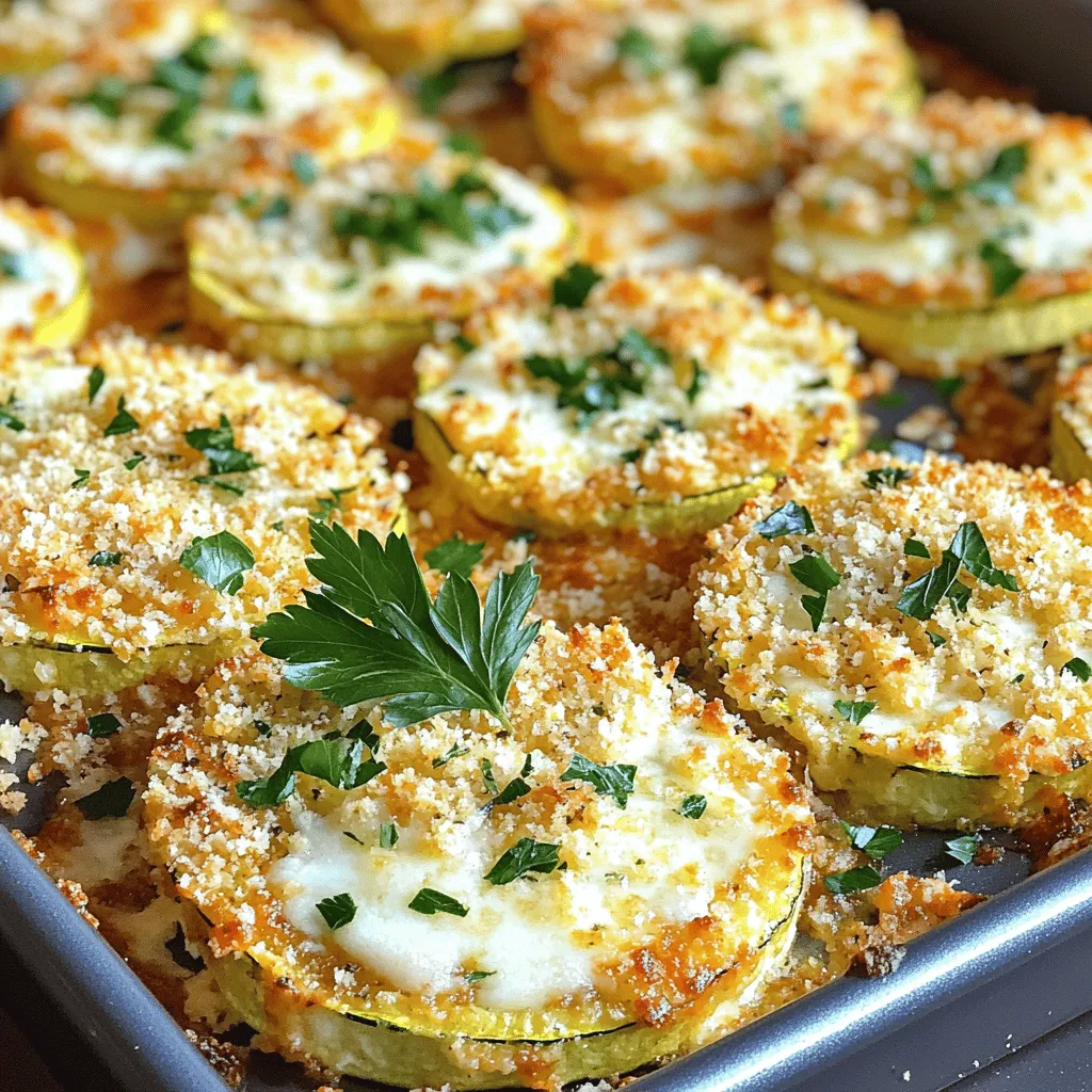 To make Baked Parmesan Zucchini, gather these ingredients: - 4 medium zucchinis, sliced into ½-inch rounds - 1 cup freshly grated Parmesan cheese - 1 cup panko breadcrumbs - 2 cloves garlic, minced - 1 teaspoon dried oregano - 1 teaspoon dried basil - 1 teaspoon smoked paprika - Salt and freshly ground black pepper to taste - 2 tablespoons extra virgin olive oil - Fresh parsley, finely chopped (for garnish) If you need conversions, here are some helpful tips: - 4 medium zucchinis = about 800 grams - 1 cup of cheese = 100 grams - 1 cup of panko = 100 grams - 1 teaspoon = 5 milliliters You will need a few tools to make this dish: - A large mixing bowl - A baking sheet - Parchment paper - A sharp knife for slicing - A cutting board - Measuring cups and spoons - A spatula for mixing These tools make the process easier and help you get great results. When you have everything ready, you can dive into making this tasty side dish! For the full recipe, check the earlier section. First, you need to preheat your oven to 400°F (200°C). This heat helps the zucchini cook evenly and get crispy. While the oven heats up, grab a baking sheet and line it with parchment paper. This step prevents the zucchini from sticking to the sheet and makes cleanup easy. In a large mixing bowl, put your sliced zucchini. Add 2 tablespoons of olive oil, minced garlic, oregano, basil, smoked paprika, salt, and pepper. I like to use my hands to mix everything. This way, each zucchini slice gets a nice coating of flavor. Now, take a separate bowl and mix together 1 cup of grated Parmesan cheese and 1 cup of panko breadcrumbs. Stir well so they blend together. This mixture will give your zucchini a golden and crispy topping. Lay your seasoned zucchini slices on the parchment-lined baking sheet. Make sure they’re in a single layer and not overlapping. This helps them cook well. Next, sprinkle the Parmesan and breadcrumb mix over each slice. Press down gently so it sticks. Bake your zucchini in the preheated oven for 20-25 minutes. Keep an eye on them until they turn golden brown and crispy. After baking, let them cool for a few minutes. You can garnish them with fresh parsley for a colorful touch. Serve them warm for a tasty side dish. For the full recipe, check out the details above. When picking zucchini, look for firm and shiny ones. They should feel heavy for their size. Avoid those with soft spots or blemishes. Small to medium zucchinis offer the best flavor and texture. They cook evenly and stay tender without becoming mushy. To make your zucchini extra crispy, use panko breadcrumbs. They provide a light and crunchy texture. You can also spray a bit of olive oil on top before baking. This helps achieve a golden finish. Bake at a high temperature, around 400°F (200°C), for the best results. One common mistake is overlapping zucchini slices on the baking sheet. This causes uneven cooking. Make sure each slice has space. Another mistake is not seasoning well. Zucchini can taste bland without enough salt and spices. Don’t skip the garlic or herbs; they add great flavor to the dish. {{image_4}} You can change the flavors of Baked Parmesan Zucchini with different seasonings. Try adding Italian seasoning for a classic taste. Chili flakes can add some heat if you like spice. You can also use fresh herbs, like thyme or rosemary, to give a fresh twist. Each option brings a new layer of taste. Baked Parmesan Zucchini is great on its own, but you can mix in other veggies. Sweet bell peppers or cherry tomatoes work well. Just cut them into pieces similar in size to the zucchini. This adds color and boosts nutrition. You can even try using eggplant for a different texture and flavor. For gluten-free options, swap panko with gluten-free breadcrumbs. This keeps the crunch without the gluten. If you want a vegan version, replace Parmesan with a vegan cheese. Nutritional yeast can also add a cheesy flavor. These simple swaps make this dish suitable for different diets, ensuring everyone can enjoy it. For the full recipe of this tasty dish, check out the Full Recipe section. After you enjoy your baked Parmesan zucchini, let it cool. Place the leftovers in an airtight container. This keeps them fresh for up to three days. You can also cover the dish with plastic wrap if you don’t have a container. Make sure to store it in the fridge. To reheat, preheat your oven to 350°F (175°C). Place the zucchini on a baking sheet. Heat for about 10-15 minutes or until warm. This keeps the zucchini crispy. You can also use a microwave, but it may soften the texture. If using the microwave, heat in short bursts of 30 seconds. You can freeze baked Parmesan zucchini, but the texture might change. Allow the zucchini to cool completely. Place pieces in a single layer on a baking sheet. Freeze until solid, then transfer to a freezer bag. This way, you save space. You can freeze them for up to two months. When ready to eat, thaw in the fridge overnight before reheating. For the full recipe, click [here](Full Recipe). It takes about 20 to 25 minutes to bake zucchini. Preheat your oven to 400°F (200°C) first. This temperature helps the zucchini cook quickly and evenly. You want the zucchini to be tender and golden brown. Keep an eye on them towards the end of the baking time. Yes, you can use regular cheese if you prefer. Cheddar or mozzarella can work well. However, Parmesan gives a unique flavor and crispiness. If you want that classic taste, stick with Parmesan. Baked Parmesan Zucchini pairs well with many dishes. Try serving it with grilled chicken or fish. It also goes great with pasta or a fresh salad. For a fun twist, serve it as an appetizer with marinara sauce for dipping. Absolutely, this recipe is perfect for meal prep. You can bake a large batch and store it. Just keep the leftovers in an airtight container. They will last in the fridge for up to four days. Reheat them in the oven for best results. For the full recipe, check out the details above. In this post, we examined how to make Baked Parmesan Zucchini. We covered the ingredients, tools, and step-by-step instructions. Tips helped you pick the best zucchini and avoid common mistakes. You learned ways to modify the recipe for different diets and how to store leftovers. Try this tasty dish today. It’s a fun way to enjoy vegetables!