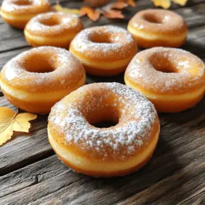 - 1 cup pumpkin puree (can be canned or made fresh) - 1/2 cup granulated sugar - 1/2 cup packed brown sugar - 2 large eggs - 1/4 cup unsweetened applesauce - 1/4 cup vegetable oil - 1 teaspoon vanilla extract - 1 1/2 cups all-purpose flour - 1 teaspoon baking powder - 1/2 teaspoon baking soda - 1 teaspoon ground cinnamon - 1/2 teaspoon ground nutmeg - 1/2 teaspoon ground ginger - 1/4 teaspoon salt - 1/4 teaspoon ground cloves - Optional: powdered sugar or cinnamon sugar for a delightful dusting When I make these donuts, I focus on the best ingredients. The pumpkin puree is key. Fresh pumpkin adds a rich flavor, but canned works well too. Always check labels for pure pumpkin. The sugars enhance sweetness and moisture. I love using a mix of granulated and brown sugar. Brown sugar adds depth with its molasses flavor. Eggs are vital for structure. They help the donuts rise and stay fluffy. Unsweetened applesauce keeps them moist and adds nutrition. For oils, I prefer vegetable oil. It has a neutral taste and keeps the donuts soft. Flour is the base. All-purpose flour gives the right texture. Baking powder and baking soda help them rise. The spices bring fall to life! Cinnamon, nutmeg, ginger, and cloves create a warm aroma. Finally, optional toppings like powdered sugar or cinnamon sugar make these donuts special. They add sweetness and charm. Using quality ingredients makes a big difference in taste. Always pick fresh and organic when you can. Your donuts will thank you! For the full recipe, check out the links provided. 1. Preheat your oven to 350°F (175°C). Grease a donut pan with non-stick spray. A silicone mold works great, too. 2. Mix the wet ingredients in a large bowl. Combine pumpkin puree, granulated sugar, brown sugar, eggs, applesauce, vegetable oil, and vanilla extract. Whisk until smooth and creamy. 3. Combine the dry ingredients in another bowl. Whisk together the flour, baking powder, baking soda, ground cinnamon, nutmeg, ginger, salt, and ground cloves. This mix helps create a fluffy texture. 4. Fill the donut pan correctly. Gradually fold the dry mixture into the wet ingredients. Use a spatula and mix gently. A few lumps are okay; don’t overmix! - Time and temperature: Bake your donuts for 10-12 minutes at 350°F. This heat cooks them evenly and keeps them soft. - Check if the donuts are baked: Insert a toothpick in the center of a donut. If it comes out clean, your donuts are done! - Cooling methods: Let the donuts cool in the pan for 5 minutes. Then transfer them to a wire rack. This step keeps them from getting soggy. - Options for dusting or glazing: Once cool, dust your donuts with powdered sugar or roll them in cinnamon sugar. Both choices make them even more delicious! For the full recipe, check the earlier section on ingredients. Enjoy making these treats! To get soft and fluffy donuts, mix your wet and dry ingredients well. Use a gentle folding motion when combining them. This helps keep air in the batter, giving it the best texture. Avoid overmixing, as this can lead to tough donuts. If you see lumps in your batter, don't worry; they are fine. Another common mistake is not greasing the pan well. If you skip this step, your donuts may stick. Always ensure your pan is ready for easy release. Want to spice things up? You can add more flavors. Try a pinch of cardamom or allspice for a new twist. You can also play with sweetness. Use brown sugar for a rich taste or coconut sugar for a hint of caramel. Adjusting the sugar lets you find the right balance for your taste. Don't forget to check the Full Recipe for more ideas on how to customize your donuts! {{image_4}} To switch things up, you can modify this recipe for chocolate or vanilla donuts. For chocolate donuts, replace 1/2 cup of flour with cocoa powder. This gives them a rich chocolate flavor. For vanilla donuts, simply add 1 tablespoon of vanilla extract. This enhances the sweetness and aroma. You can also play with seasonal spices. Instead of just cinnamon, try adding cardamom or allspice. These spices bring warmth and depth to your donuts. They can create a unique twist to classic pumpkin spice. If you need gluten-free options, swap all-purpose flour for a gluten-free blend. Make sure it includes xanthan gum for better texture. For a vegan version, replace the eggs with 1/4 cup of unsweetened applesauce per egg. You can also use plant-based milk instead of vegetable oil. For health concerns, consider using less sugar. You can cut the granulated sugar by half and use a sugar substitute. This way, you can enjoy your donuts with less guilt. Always check food labels to ensure they meet your dietary needs. Remember, these small changes can make a big difference. Enjoy experimenting with flavors and ingredients! For the full recipe, you can refer to the earlier section. To keep your baked pumpkin spice donuts fresh, store them in an airtight container. This method prevents them from drying out. You can keep them at room temperature for up to three days. If you want to save them longer, freezing is a great option. To freeze your donuts, let them cool completely. Then, place them in a single layer in a freezer-safe bag. Remove as much air as possible before sealing. You can freeze them for up to three months. Just remember to label the bag with the date! Warming up leftover donuts is easy and quick. You can use the oven or microwave. If you use the oven, preheat it to 350°F (175°C). Place the donuts on a baking sheet for about 5-7 minutes. This method keeps them soft and tasty. For the microwave, heat each donut for about 10-15 seconds. Check to ensure they are warm, but not hot. This way, you can enjoy your delicious treats days later without losing quality. You can find the full recipe for these delightful donuts in the earlier sections. Enjoy your fall treat! Can I use fresh pumpkin instead of canned? Yes, you can use fresh pumpkin. Just cook and mash the pumpkin until smooth. Canned pumpkin is also great for ease. Both options work well in the recipe. How do I know if my donuts are baked properly? To check if your donuts are ready, insert a toothpick into the center. If it comes out clean, your donuts are baked. They should also spring back slightly when touched. What is the best way to decorate baked donuts? Decorating donuts is fun! You can dust them with powdered sugar or roll them in cinnamon sugar. Drizzling with a glaze or using sprinkles adds a festive touch too. Why are my donuts dense or soggy? Dense or soggy donuts may be due to overmixing the batter. Make sure to mix just until combined. Also, check that you measured your ingredients accurately. How can I prevent sticking to the pan? To prevent sticking, grease your pan well with non-stick spray. You can also use silicone molds, which make it easy to release the donuts. This blog post covered everything you need for baking delicious donuts. You learned about essential ingredients and step-by-step instructions to make the perfect batch. I shared tips for texture, flavor, and storage. You can even adapt the recipe for different diets. Donuts can be fun to make and enjoy. Remember, practice makes perfect. With these guidelines, you can bake tasty donuts that friends and family will love. Happy baking!