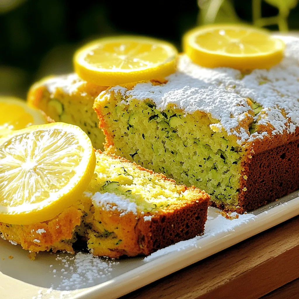 To make Lemon Zucchini Bread, you need a few key ingredients. Each plays a special role in the flavor and texture. - 1 medium zucchini, grated - 1 cup all-purpose flour - 1 cup whole wheat flour - 1 teaspoon baking powder - 1/2 teaspoon baking soda - 1/2 teaspoon salt - 1/2 teaspoon ground cinnamon - 1/2 cup granulated sugar - 1/2 cup packed brown sugar - 1/2 cup vegetable oil - 2 large eggs - 1 tablespoon lemon zest - 2 tablespoons fresh lemon juice - 1 teaspoon pure vanilla extract - 1/2 cup chopped walnuts (optional) The zucchini keeps the bread moist. The lemon adds a bright taste. If you need substitutes, there are great options. You can swap all-purpose flour for almond flour. This change makes the bread gluten-free. For oil, you can use applesauce. This keeps the bread moist while cutting down on fat. If you don't have fresh lemon juice, bottled juice works too. However, fresh gives the best taste. You can add more flavors to this bread. Here are some great options: - Chopped nuts: Walnuts add crunch. - Dried fruits: Raisins or cranberries add sweetness. - Spices: Nutmeg or ginger can add warmth. Feel free to mix and match these add-ins for your perfect loaf. Each will give your Lemon Zucchini Bread a unique twist. For the complete recipe, check the Full Recipe section. First, gather your ingredients. You need: - 1 medium zucchini, grated - 1 cup all-purpose flour - 1 cup whole wheat flour - 1 teaspoon baking powder - 1/2 teaspoon baking soda - 1/2 teaspoon salt - 1/2 teaspoon ground cinnamon - 1/2 cup granulated sugar - 1/2 cup packed brown sugar - 1/2 cup vegetable oil - 2 large eggs - 1 tablespoon lemon zest - 2 tablespoons fresh lemon juice - 1 teaspoon pure vanilla extract - 1/2 cup chopped walnuts (optional) Preheat your oven to 350°F (175°C). Grease a 9x5 inch loaf pan or line it with parchment paper. This helps the bread come out easily after baking. Now, take the grated zucchini and add a pinch of salt. Let it sit for about 10 minutes. This will help draw out excess moisture. After 10 minutes, squeeze the zucchini gently to get rid of extra liquid. Set it aside. In a large bowl, mix the flours, baking powder, baking soda, salt, and cinnamon. Stir them well so they combine evenly. In another bowl, whisk together the granulated sugar, brown sugar, vegetable oil, eggs, lemon zest, lemon juice, and vanilla extract. Mix until it’s smooth and creamy. Now, gently add the dry mixture to the wet mixture. Stir just until you see no flour. Don’t overmix, as this can make the bread tough. Finally, fold in the grated zucchini and nuts if you are using them. Make sure they are evenly spread throughout the batter. Pour the batter into your prepared loaf pan. Use a spatula to smooth the top. Place the loaf pan in the oven and bake for 50-60 minutes. Check the bread with a toothpick. If it comes out clean, the bread is done. Keep an eye on it near the end to avoid overbaking. When it’s done, let the bread cool in the pan for 10 minutes. After that, move it to a wire rack to cool completely. This cooling step is key for the best texture. For more delicious details, check the Full Recipe. To keep your lemon zucchini bread moist, use freshly grated zucchini. The moisture in the zucchini helps keep the bread fluffy. After grating, let the zucchini sit with a pinch of salt. This step draws out extra water. Squeeze the zucchini to remove excess liquid before adding it to the batter. This keeps the bread from becoming too wet. For more flavor, use fresh lemon juice and lemon zest. The zest adds a bright taste. You can also add a bit of ground nutmeg or cardamom for warmth. If you like nuts, mix in chopped walnuts. They add a nice crunch and flavor contrast. You can also try adding chocolate chips for a sweet twist. Common mistakes can ruin your bread. Always measure flour accurately. Too much flour can make the bread dry. Mix wet and dry ingredients gently. Overmixing can lead to tough bread. Lastly, check the bread with a toothpick before the time is up. It should come out clean. This helps avoid overbaking. Follow these tips to bake a perfect loaf! {{image_4}} You can easily make this bread gluten-free. Use a gluten-free flour blend instead of regular flour. Look for a blend that includes xanthan gum. This will help the bread rise and keep its texture. You may need to adjust the liquid a bit. Check the batter's consistency. It should be thick but pourable. To make a vegan version, replace the eggs with flaxseed meal. Mix one tablespoon of flaxseed meal with three tablespoons of water. Let it sit for five minutes to thicken. Use plant-based oil instead of vegetable oil. You can also use almond milk or another non-dairy milk in place of dairy. You can play with flavors in this recipe. Add fresh herbs like basil or thyme for a twist. Try spices like nutmeg or ginger for warmth. You can also add in nuts, chocolate chips, or dried fruits. Walnuts or pecans add crunch. Chocolate chips give a sweet surprise. Dried cranberries or apricots bring a fruity touch. The options are endless! To keep your lemon zucchini bread fresh, store it in an airtight container. This helps maintain its moisture and flavor. Place a paper towel in the container to absorb any excess moisture. You can keep it at room temperature for up to three days. If you want to store it longer, refrigeration works too, but it may dry out slightly. Freezing your lemon zucchini bread is simple and works well. First, let the bread cool completely. Then, wrap it tightly in plastic wrap or aluminum foil. For added protection, place it in a freezer-safe bag. It can stay frozen for about three months. When you're ready to enjoy it, just thaw it in the fridge overnight. Reheating lemon zucchini bread is easy. You can use the oven or microwave. For the oven, preheat it to 350°F (175°C). Wrap the bread in foil and heat for about 10-15 minutes. If using a microwave, slice the bread and heat for about 15-20 seconds per slice. Enjoy it warm for a cozy treat! To reduce the sweetness, cut back on the sugar. Use one-third less granulated sugar. You can also remove some brown sugar. Try adding more lemon zest and juice for flavor. This will keep the taste bright without extra sugar. Yes, you can use frozen zucchini! Just thaw it first. Squeeze out any extra water before adding it to the mix. Frozen zucchini works well and saves time. It also keeps the bread moist, which is a bonus. To check if the bread is done, insert a toothpick into the center. If it comes out clean, the bread is ready. You can also look for a golden-brown top. The bread should feel firm but springy to the touch. If it looks a little wet, give it a few more minutes in the oven. You now have all the tools to make delicious Lemon Zucchini Bread. We covered key ingredients, measurements, and even fun add-ins. I showed you step-by-step how to mix, bake, and cool your bread. I shared tips for keeping it moist and flavorful. Plus, you learned about gluten-free and vegan options. As you bake, remember to have fun. Each loaf can be unique with your own touches. Happy baking!