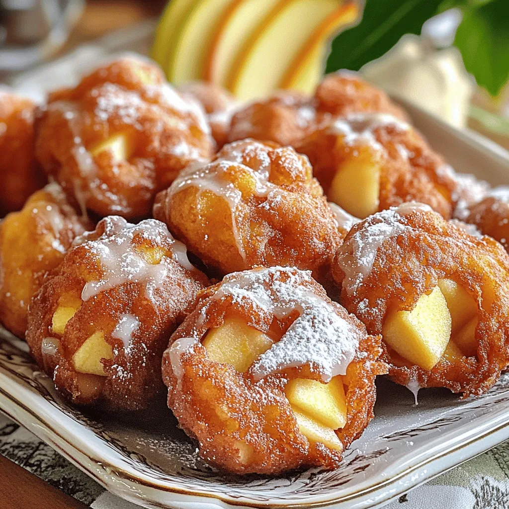To make the best homemade apple fritters, gather these ingredients: - 2 large apples (like Granny Smith or Honeycrisp), peeled, cored, and diced - 1 cup all-purpose flour - 1/2 cup granulated sugar - 1 teaspoon baking powder - 1/2 teaspoon baking soda - 1/2 teaspoon ground cinnamon - 1/4 teaspoon ground nutmeg - 1/4 teaspoon salt - 1 large egg - 1/2 cup whole milk - 1 teaspoon vanilla extract - Vegetable or canola oil, for frying - 1 cup powdered sugar (for glaze) - 2 tablespoons milk (for glaze) - 1 teaspoon ground cinnamon (for glaze) Using the right measurements is key to great fritters. If you lack an ingredient, here are some smart swaps: - For flour, you can use whole wheat flour. It adds a nutty flavor. - Instead of granulated sugar, try brown sugar for a richer taste. - Almond or oat milk can replace whole milk if you want a dairy-free option. - If you don’t have eggs, use 1/4 cup of unsweetened applesauce. These swaps can change the taste but still keep the fritters delicious. Choosing the right apples makes a big difference. I recommend: - Granny Smith: They are tart and hold their shape well. - Honeycrisp: They are sweet and juicy, adding a lovely flavor. - Fuji: These apples are sweet and crisp, making for a tasty bite. Mixing different apples can create a great flavor balance. Choose your favorites and enjoy the tasty results! If you want the full recipe, check out the Heavenly Homemade Apple Fritters section for all the details. Start by gathering your mixing bowl and measuring cups. In the bowl, combine the dry ingredients. You will need: - 1 cup all-purpose flour - 1/2 cup granulated sugar - 1 teaspoon baking powder - 1/2 teaspoon baking soda - 1/2 teaspoon ground cinnamon - 1/4 teaspoon ground nutmeg - 1/4 teaspoon salt Whisk them together until they blend well. This mix will give your fritters a nice rise and flavor. Now, grab another bowl for the wet ingredients. Crack one large egg into it. Add: - 1/2 cup whole milk - 1 teaspoon vanilla extract Whisk these until smooth. Once mixed, pour this into the dry ingredients. Stir gently. You want a lumpy batter, so don’t overmix. Fold in your diced apples carefully to ensure they spread evenly. For frying, heat about 2 inches of vegetable or canola oil in a deep skillet. Use a thermometer to check the temperature. Aim for 350°F (175°C). Once hot, drop spoonfuls of batter into the oil. Fry only a few at a time to keep the heat steady. Cook for about 3-4 minutes on each side until golden brown. Use a slotted spoon to move them to a paper towel-lined plate. While your fritters cool, let’s make the glaze. In a medium bowl, mix: - 1 cup powdered sugar - 2 tablespoons milk - 1 teaspoon ground cinnamon Stir until smooth. This glaze adds a sweet finish to your warm fritters. Drizzle it over the fritters or dip them directly for a thicker coating. Let them set for a few minutes before serving for the best look. Check out the Full Recipe for more detailed guidance on making these tasty treats! To get your fritters just right, keep the oil hot. Aim for 350°F (175°C). Use a thermometer to check. If the oil is too cool, fritters will soak up oil and become greasy. If it’s too hot, they can burn outside while still raw inside. Fry in small batches. This keeps the oil temperature steady, ensuring a perfect golden brown crust. Preventing oil splatter is key for a safe kitchen. Use a deep pot or a heavy skillet. This helps control the oil and keeps it contained. When adding batter, do it slowly. A spoon helps keep the batter from splashing. If you have a lid, place it on the pot slightly ajar. This lets steam out but keeps oil from splattering everywhere. For fluffy fritters, don’t overmix the batter. A few lumps are good! The air pockets created help make the fritters light. Also, fold in the apples gently. This keeps the batter airy. Finally, let the batter rest for about 10 minutes. This short break allows the flour to absorb moisture, which creates a lighter texture in your fritters. {{image_4}} You can enhance your apple fritters by adding spices. Cinnamon is a classic choice. Just add an extra pinch to the batter. Nutmeg also adds a warm taste. You might try ginger for a zesty kick. Cardamom can bring a unique flavor too. Experiment with these spices to find your perfect mix. The glaze for your fritters can change too. Instead of a classic glaze, try maple syrup. It gives a rich flavor that pairs well with apples. You can also use a chocolate glaze for a sweet twist. For a fruity note, mix in some orange juice or zest. Each option adds a different flair to your fritters. If you want a healthier option, swap out some ingredients. Use whole wheat flour instead of all-purpose flour. This adds fiber and nutrients. You can reduce sugar or use honey or maple syrup. Applesauce can replace the egg for a vegan choice. These changes keep the fritters tasty while making them better for you. For the full recipe, check the earlier sections for guidance. To keep your fritters fresh, let them cool completely. Once cooled, place them in an airtight container. Line the bottom with paper towels to absorb excess moisture. This step helps keep them crispy. Store the container in the fridge for up to three days. When you’re ready to enjoy leftovers, reheating is key. The best way to reheat fritters is in the oven. Preheat your oven to 350°F (175°C). Arrange the fritters on a baking sheet. Heat them for about 10 minutes. This method helps restore their crispiness. You can also use a toaster oven for a quicker option. If you want to save some fritters for later, freezing is a great choice. Allow the fritters to cool completely first. Then, wrap each fritter in plastic wrap. Place the wrapped fritters in a freezer-safe bag. They can stay in the freezer for up to three months. When you're ready to eat, thaw them in the fridge overnight. Reheat them in the oven for the best texture. For the full recipe, check out the delicious steps I shared earlier. Enjoy your homemade apple fritters anytime! For apple fritters, I love using Granny Smith or Honeycrisp apples. Granny Smith gives a nice tartness, which balances the sweetness. Honeycrisp, on the other hand, adds a juicy sweetness that complements the dough perfectly. Both hold their shape well while frying, making them ideal for this recipe. Yes, you can make apple fritters without eggs! To replace one egg, use 1/4 cup of unsweetened applesauce or a mashed banana. This will keep your fritters moist and tasty while maintaining the right texture. Just mix it in with the wet ingredients as you would with an egg. To achieve crispy fritters, first, make sure your oil is hot enough, around 350°F (175°C). Fry small batches to prevent the temperature from dropping. After frying, place them on paper towels to absorb excess oil. A light glaze also helps add a bit of crunch without making them soggy. Homemade apple fritters are best enjoyed fresh. They can last for about 1-2 days when stored in an airtight container at room temperature. If you want them to last longer, consider freezing them. Just reheat in the oven for a few minutes to regain crispiness. For the full recipe, check out the details above! Apple fritters are easy to make with the right steps and tips. We covered the ingredients, measurements, and the best apples to use. I shared simple instructions for preparing the batter, frying, and glazing your fritters. Tips helped you achieve the perfect fry and avoid messes. You can also explore fun variations and learn storage options for leftovers. Remember, have fun experimenting with flavors. Enjoy your delicious apple fritters!