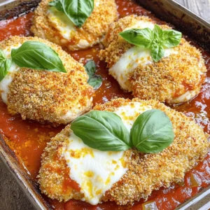 - 2 boneless, skinless chicken breasts - 1 cup all-purpose flour - 2 large eggs, beaten until smooth - 1 cup panko breadcrumbs - 1/2 cup finely grated Parmesan cheese - 1 teaspoon garlic powder - 1 teaspoon dried oregano - 1 teaspoon salt - 1/2 teaspoon freshly ground black pepper - 1 cup marinara sauce - 1 cup shredded mozzarella cheese - Fresh basil leaves for garnish - Olive oil for frying Gathering the right ingredients makes all the difference. Each item plays a key role. The chicken is your star, while the panko gives that perfect crunch. Don't skip the Parmesan cheese; it adds a rich flavor. The garlic powder and oregano bring warmth and depth to the dish. For the sauce, you can use store-bought or homemade marinara. Both options work well, but fresh sauce can add a personal touch. The mozzarella cheese melts beautifully, creating that gooey texture we love. Fresh basil leaves give a pop of color and flavor. Now that you have the ingredients, you're ready to dive into cooking. This recipe is simple yet rewarding. You will impress everyone at the table. For the full recipe, check out the detailed steps that follow. - Preheat the oven to 400°F (200°C). - Pound chicken breasts to uniform thickness. Start by preparing your chicken. Preheating the oven helps the chicken cook evenly later. Taking the chicken breasts and pounding them flat is key. It makes them tender and helps them cook at the same rate. Aim for about 1/2 inch thick. Use plastic wrap to keep things clean. - Set up a three-bowl dredging station. - Coat chicken in flour, eggs, and breadcrumb mixture. Next, set up your dredging station. You will need three shallow bowls. Place flour in the first bowl. In the second, beat two large eggs until smooth. The third bowl gets a mix of panko breadcrumbs, Parmesan cheese, garlic powder, oregano, salt, and pepper. Each chicken breast needs to be coated in flour first. Shake off any extra flour before dipping in the egg. Finally, press the chicken into the breadcrumb mix. Make sure to coat it well for a crispy finish. - Fry the chicken until golden brown. - Assemble in a baking dish with marinara and cheese. - Bake until cheese is melted and bubbly. Now, it’s time to cook! In a large skillet, heat olive oil until hot. Fry each chicken breast for about 3-4 minutes on each side. Look for a golden brown color. Once they are done, place them on a plate lined with paper towels to absorb excess oil. Next, take a baking dish and spread a layer of marinara sauce on the bottom. Place the crispy chicken on top, add more marinara, and cover with mozzarella cheese. Now, place the dish in the oven. Bake for 15-20 minutes, until the cheese is melted and bubbly. Enjoy the wonderful aroma in your kitchen as it cooks! For the full recipe, check below. - Use fresh ingredients for better flavor. Fresh herbs and cheese make a big difference. - Monitor the oil temperature to avoid burning. Too hot oil can ruin your chicken. - Pair with spaghetti or salad for a complete meal. They balance the flavors well. - Serve with extra marinara sauce for dipping. It adds extra flavor and fun! - Garnish with fresh basil leaves. This adds color and freshness to your dish. - Use a large platter for an appealing display. It makes the meal look impressive. Remember, these simple tips can elevate your crispy chicken Parmesan experience. For detailed steps, check out the Full Recipe. {{image_4}} You can easily swap out some ingredients for a different touch. Here are two great options: - Use whole wheat or gluten-free breadcrumbs instead of regular ones. - Try substituting chicken with eggplant slices for a tasty vegetarian dish. Want to spice things up? Here are some fun ideas: - Add Italian seasoning or red pepper flakes for extra heat. - Experiment with different cheeses like provolone or cheddar for new flavors. How you serve your chicken Parmesan can change the whole meal. Here are two fun styles: - Create a chicken Parmesan sandwich for a quick bite. - Serve it over zoodles (zucchini noodles) for a low-carb option. - Refrigerate in an airtight container for up to 3 days - Freeze in a tightly sealed container for up to 3 months When you have leftover crispy chicken Parmesan, it's important to store it right. First, let it cool to room temperature. Then, place it in an airtight container. This helps keep the chicken fresh and tasty. If you want to save it longer, freezing is a great option. Just make sure to use a tightly sealed container. This keeps freezer burn away. - Reheat in the oven for best texture - Microwave for quick reheating, but may lose crispness To enjoy your chicken again, reheating is key. For the best results, heat it in the oven. Preheat to 350°F (175°C) and place the chicken on a baking sheet. Bake for about 10-15 minutes. This keeps the chicken crispy. If you're in a hurry, you can use the microwave. Just know it may lose some of its crunch. - Prepare chicken and sauce ahead of time for easy assembly Meal prep makes cooking easier. You can cook the chicken and sauce ahead of time. Store each in separate containers. When ready to eat, just assemble and bake. This saves time and keeps dinner stress-free. You can enjoy crispy chicken Parmesan any night of the week with these simple steps. To keep chicken parmesan crispy, use panko breadcrumbs. Panko gives a light and crunchy coating. Also, avoid soggy marinara sauce when you layer your dish. If the sauce is too wet, it will soak into the chicken. This can make it soft and less crispy. Layer the sauce carefully. Use just enough to add flavor without drowning the chicken. Yes, you can make crispy chicken parmesan in advance. Prepare your ingredients ahead of time. You can bread the chicken and store it in the fridge. Then, when you are ready to eat, simply bake it. This way, you can serve a great meal without stress. Just follow the Full Recipe when you are ready to cook. To check if the chicken is cooked through, use a meat thermometer. Insert it into the thickest part of the chicken. Aim for an internal temperature of 165°F (75°C). This ensures your chicken is safe to eat. It will be juicy and tender when cooked properly. Always check the temperature for the best results. This blog post covers how to make crispy chicken Parmesan. You learned about the key ingredients, steps to prepare, and clever serving tips. Remember to use fresh ingredients and monitor oil temperature for best taste. Feel free to experiment with flavors and substitutions to make the dish your own. Store leftovers properly to enjoy later. With these tips, you can create a mouth-watering meal that everyone will love. Cooking can be fun and rewarding, especially when you share great food with others.