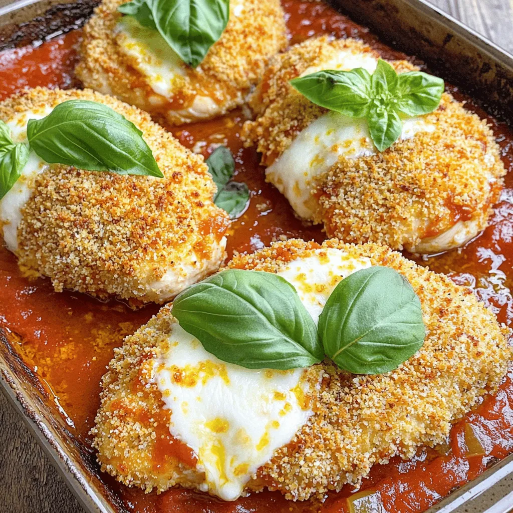- 2 boneless, skinless chicken breasts - 1 cup all-purpose flour - 2 large eggs, beaten until smooth - 1 cup panko breadcrumbs - 1/2 cup finely grated Parmesan cheese - 1 teaspoon garlic powder - 1 teaspoon dried oregano - 1 teaspoon salt - 1/2 teaspoon freshly ground black pepper - 1 cup marinara sauce - 1 cup shredded mozzarella cheese - Fresh basil leaves for garnish - Olive oil for frying Gathering the right ingredients makes all the difference. Each item plays a key role. The chicken is your star, while the panko gives that perfect crunch. Don't skip the Parmesan cheese; it adds a rich flavor. The garlic powder and oregano bring warmth and depth to the dish. For the sauce, you can use store-bought or homemade marinara. Both options work well, but fresh sauce can add a personal touch. The mozzarella cheese melts beautifully, creating that gooey texture we love. Fresh basil leaves give a pop of color and flavor. Now that you have the ingredients, you're ready to dive into cooking. This recipe is simple yet rewarding. You will impress everyone at the table. For the full recipe, check out the detailed steps that follow. - Preheat the oven to 400°F (200°C). - Pound chicken breasts to uniform thickness. Start by preparing your chicken. Preheating the oven helps the chicken cook evenly later. Taking the chicken breasts and pounding them flat is key. It makes them tender and helps them cook at the same rate. Aim for about 1/2 inch thick. Use plastic wrap to keep things clean. - Set up a three-bowl dredging station. - Coat chicken in flour, eggs, and breadcrumb mixture. Next, set up your dredging station. You will need three shallow bowls. Place flour in the first bowl. In the second, beat two large eggs until smooth. The third bowl gets a mix of panko breadcrumbs, Parmesan cheese, garlic powder, oregano, salt, and pepper. Each chicken breast needs to be coated in flour first. Shake off any extra flour before dipping in the egg. Finally, press the chicken into the breadcrumb mix. Make sure to coat it well for a crispy finish. - Fry the chicken until golden brown. - Assemble in a baking dish with marinara and cheese. - Bake until cheese is melted and bubbly. Now, it’s time to cook! In a large skillet, heat olive oil until hot. Fry each chicken breast for about 3-4 minutes on each side. Look for a golden brown color. Once they are done, place them on a plate lined with paper towels to absorb excess oil. Next, take a baking dish and spread a layer of marinara sauce on the bottom. Place the crispy chicken on top, add more marinara, and cover with mozzarella cheese. Now, place the dish in the oven. Bake for 15-20 minutes, until the cheese is melted and bubbly. Enjoy the wonderful aroma in your kitchen as it cooks! For the full recipe, check below. - Use fresh ingredients for better flavor. Fresh herbs and cheese make a big difference. - Monitor the oil temperature to avoid burning. Too hot oil can ruin your chicken. - Pair with spaghetti or salad for a complete meal. They balance the flavors well. - Serve with extra marinara sauce for dipping. It adds extra flavor and fun! - Garnish with fresh basil leaves. This adds color and freshness to your dish. - Use a large platter for an appealing display. It makes the meal look impressive. Remember, these simple tips can elevate your crispy chicken Parmesan experience. For detailed steps, check out the Full Recipe. {{image_4}} You can easily swap out some ingredients for a different touch. Here are two great options: - Use whole wheat or gluten-free breadcrumbs instead of regular ones. - Try substituting chicken with eggplant slices for a tasty vegetarian dish. Want to spice things up? Here are some fun ideas: - Add Italian seasoning or red pepper flakes for extra heat. - Experiment with different cheeses like provolone or cheddar for new flavors. How you serve your chicken Parmesan can change the whole meal. Here are two fun styles: - Create a chicken Parmesan sandwich for a quick bite. - Serve it over zoodles (zucchini noodles) for a low-carb option. - Refrigerate in an airtight container for up to 3 days - Freeze in a tightly sealed container for up to 3 months When you have leftover crispy chicken Parmesan, it's important to store it right. First, let it cool to room temperature. Then, place it in an airtight container. This helps keep the chicken fresh and tasty. If you want to save it longer, freezing is a great option. Just make sure to use a tightly sealed container. This keeps freezer burn away. - Reheat in the oven for best texture - Microwave for quick reheating, but may lose crispness To enjoy your chicken again, reheating is key. For the best results, heat it in the oven. Preheat to 350°F (175°C) and place the chicken on a baking sheet. Bake for about 10-15 minutes. This keeps the chicken crispy. If you're in a hurry, you can use the microwave. Just know it may lose some of its crunch. - Prepare chicken and sauce ahead of time for easy assembly Meal prep makes cooking easier. You can cook the chicken and sauce ahead of time. Store each in separate containers. When ready to eat, just assemble and bake. This saves time and keeps dinner stress-free. You can enjoy crispy chicken Parmesan any night of the week with these simple steps. To keep chicken parmesan crispy, use panko breadcrumbs. Panko gives a light and crunchy coating. Also, avoid soggy marinara sauce when you layer your dish. If the sauce is too wet, it will soak into the chicken. This can make it soft and less crispy. Layer the sauce carefully. Use just enough to add flavor without drowning the chicken. Yes, you can make crispy chicken parmesan in advance. Prepare your ingredients ahead of time. You can bread the chicken and store it in the fridge. Then, when you are ready to eat, simply bake it. This way, you can serve a great meal without stress. Just follow the Full Recipe when you are ready to cook. To check if the chicken is cooked through, use a meat thermometer. Insert it into the thickest part of the chicken. Aim for an internal temperature of 165°F (75°C). This ensures your chicken is safe to eat. It will be juicy and tender when cooked properly. Always check the temperature for the best results. This blog post covers how to make crispy chicken Parmesan. You learned about the key ingredients, steps to prepare, and clever serving tips. Remember to use fresh ingredients and monitor oil temperature for best taste. Feel free to experiment with flavors and substitutions to make the dish your own. Store leftovers properly to enjoy later. With these tips, you can create a mouth-watering meal that everyone will love. Cooking can be fun and rewarding, especially when you share great food with others.