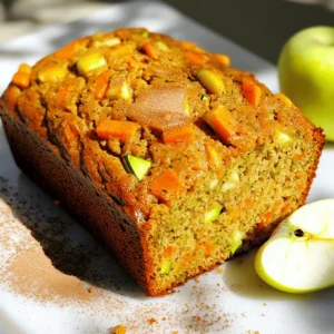- 1 cup finely grated carrots - 1 cup finely grated zucchini - 1 cup finely grated Granny Smith apple - 2 large eggs - 1/3 cup vegetable oil - 1/2 cup unsweetened applesauce - 1 cup firmly packed brown sugar - 1 teaspoon pure vanilla extract - 1 ½ cups all-purpose flour - 1 teaspoon baking powder - 1 teaspoon baking soda - 1 teaspoon ground cinnamon - 1/2 teaspoon ground nutmeg - 1/4 teaspoon salt - 1/2 cup chopped walnuts or pecans (optional) Accurate measurements matter. They help your bread rise and bake evenly. Use dry measuring cups for flour and sugar. Use liquid measuring cups for oil and applesauce. A kitchen scale is great for precision. If you want to swap vegetable oil, use melted coconut oil. It adds a nice flavor. For gluten-free options, try almond flour or a gluten-free blend. These work well in this recipe. First, you need to preheat your oven to 350°F (175°C). This step is vital for even baking. Next, take a 9x5 inch loaf pan. Lightly grease it with oil or line it with parchment paper. This will help the bread come out easily after baking. In a large mixing bowl, combine your finely grated carrots, zucchini, and Granny Smith apple. Use a spatula or spoon to mix them well. This blending helps the natural sweetness of the fruits and vegetables mix together. Set this bowl aside for now. In another bowl, crack your two large eggs and whisk them gently. Then add in your vegetable oil, unsweetened applesauce, packed brown sugar, and pure vanilla extract. Mix these wet ingredients until the mixture is smooth and uniform. This step adds moisture and flavor to your bread. Next, pour the smooth wet mixture into your bowl of grated vegetables and apple. Gently mix them together until just combined. Make sure not to overmix. This keeps your bread light and fluffy, which is what we all want. Now, you need to prepare your dry ingredients. In a clean bowl, whisk together the all-purpose flour, baking powder, baking soda, ground cinnamon, ground nutmeg, and salt. This ensures the leavening agents spread evenly. Gradually add this dry mixture to your wet ingredients. Stir gently until no dry streaks remain. If you want to add nuts, fold them in gently now. Transfer your batter into the greased or lined loaf pan. Use a spatula to smooth the top. Place the pan in your preheated oven and bake for 50-60 minutes. To check for doneness, insert a toothpick into the center. If it comes out clean or with a few moist crumbs, your bread is ready. To get the best texture, do not overmix your batter. Overmixing makes the bread dense and tough. Mix just until you see no dry flour. Also, use room temperature ingredients. This helps the batter blend well and rise properly. Using the right tools makes baking easier. Choose a large mixing bowl with enough space. A sturdy spatula or wooden spoon works best for mixing. For the loaf pan, a 9x5-inch pan is ideal. Non-stick pans help the bread come out smoothly. You can boost the flavor with spices or zest. Adding a bit of ginger or orange zest brings freshness. Different apple varieties change the taste too. Use sweet apples for a rich flavor or tart apples for a nice bite. {{image_4}} You can change the flavor of your carrot apple zucchini bread in a fun way. Adding dried fruits like raisins or cranberries brings a sweet twist. These fruits add moisture and extra taste. You can also try different nuts, like pecans or almonds. They add crunch and depth. Experimenting with flavors keeps the recipe exciting! To make a vegan version of this bread, replace eggs with flaxseed meal. Mix one tablespoon of flaxseed with three tablespoons of water. Let it sit for five minutes to thicken. Use a plant-based oil instead of vegetable oil. You can also cut back on sugar for a low-sugar adaptation. Use applesauce or mashed bananas for natural sweetness. This way, you can enjoy a healthier treat! Incorporating seasonal fruits and vegetables creates a fresh taste. For fall, try adding pumpkin puree. In spring, consider adding fresh berries. You can even mix in shredded sweet potatoes for extra flavor in winter. Seasonal swaps make your bread unique and delightful! For the full recipe, check out the detailed instructions and ingredient lists. To keep your carrot apple zucchini bread fresh, place it in an airtight container. You can also wrap it in plastic wrap. Store it at room temperature for up to three days. For longer storage, refrigerate it. This prevents mold and keeps it soft. You can freeze the bread for later enjoyment. First, let it cool completely. Then, wrap it tightly in plastic wrap. Place the wrapped loaf in a freezer bag. Remove excess air before sealing. To thaw, take it out of the freezer and leave it at room temperature for a few hours. For a quick reheat, slice the bread and heat it in the microwave for about 20 seconds. If stored correctly, carrot apple zucchini bread lasts about three days at room temperature. In the fridge, it can last up to a week. If you freeze it, expect it to stay fresh for about three months. Enjoy this tasty treat whenever you crave it! For the complete recipe, click here: [Full Recipe]. I recommend using Granny Smith apples. They have a tart taste that balances the sweetness of the other ingredients. These apples keep their shape well when baked, adding texture to your bread. Other apples, like Red Delicious, may be too sweet and mushy. Tart apples give your bread a nice flavor punch. Yes, you can! If you use mini loaf pans or muffin tins, adjust your baking time. Mini loaves will take about 30 to 40 minutes, while muffins usually bake in 20 to 25 minutes. Always check for doneness with a toothpick. When it comes out clean, they are ready! Look for a few signs. The top should be golden brown and bounce back when lightly touched. A toothpick inserted in the center should come out clean or with a few moist crumbs. If it’s wet with batter, give it more time in the oven. Absolutely! You can prepare the batter a day ahead. Store it in the fridge for up to 24 hours in an airtight container. If you bake the bread first, let it cool completely, then wrap it tightly. Store it at room temperature for up to three days. For serving, slice it warm and add cream cheese or butter on top. A sprinkle of cinnamon can bring a lovely touch. For a pop of color, add a few apple slices on the side. You can also serve it with yogurt for a tasty breakfast. Yes, this bread freezes well! Wrap it tightly in plastic wrap and then foil to prevent freezer burn. It can last for up to three months. When ready to eat, thaw it in the fridge overnight or let it sit at room temperature for a few hours. For detailed instructions and ingredient quantities, check out the Full Recipe. This blog post covered everything you need to make delicious Carrot Apple Zucchini Bread. We talked about the key ingredients, measuring tips, and how to prepare the batter. You learned about variations and storage options to keep your bread fresh. In conclusion, baking this bread is easy and fun. Don't hesitate to try different fruits and nuts. Enjoy experimenting with flavors! Your kitchen is ready for this tasty treat.