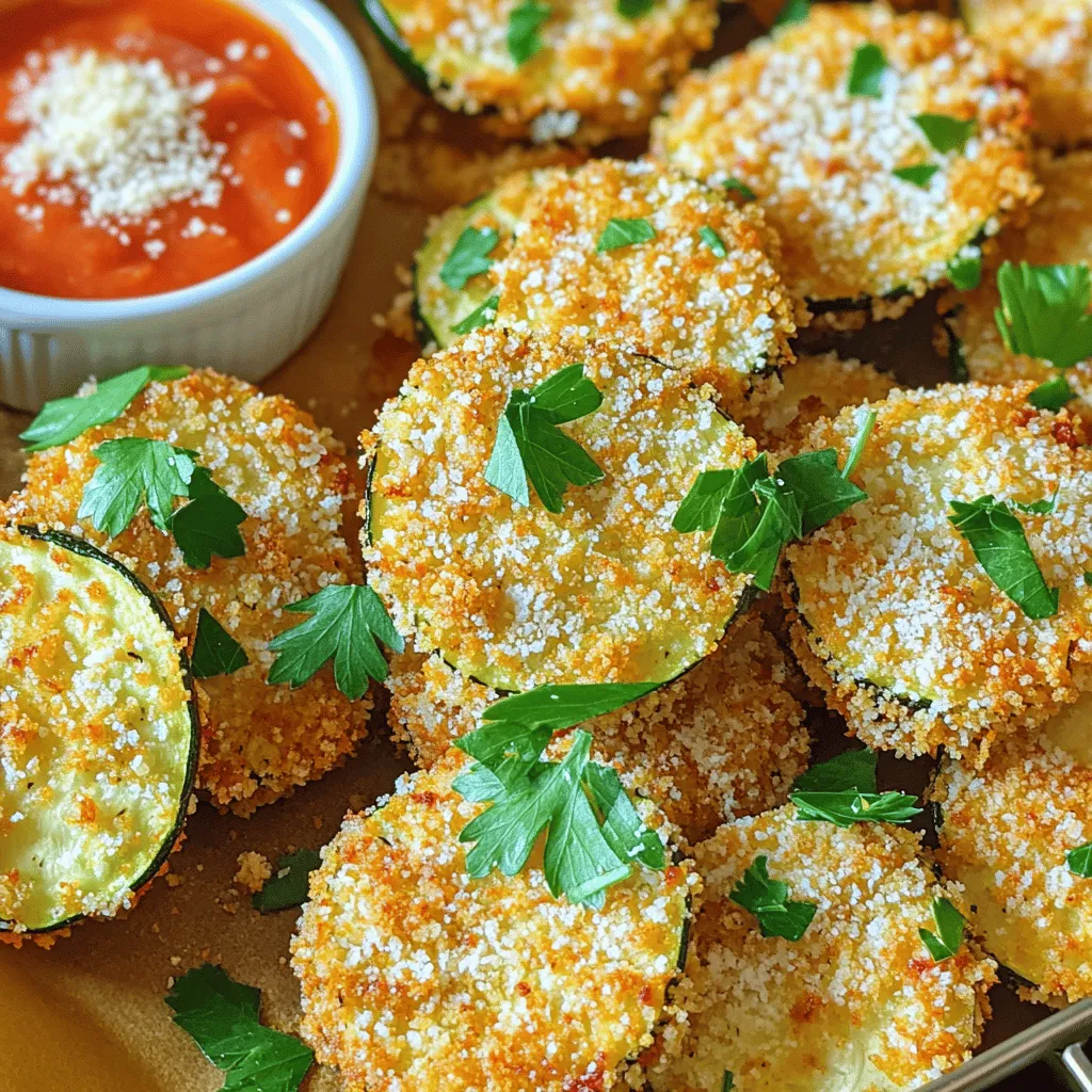 To make crispy air fryer zucchini, gather these simple ingredients: - 2 medium zucchinis, sliced into rounds or sticks - 1 cup breadcrumbs (opt for panko for an added crunch) - 1/2 cup grated Parmesan cheese - 2 teaspoons garlic powder - 1 teaspoon onion powder - 1/2 teaspoon smoked paprika - 1/2 teaspoon salt - 1/4 teaspoon black pepper - 1 large egg - 2 tablespoons fresh parsley, finely chopped (for garnish) - Cooking spray I love to serve these crispy zucchini pieces in a charming bowl. A colorful plate adds a nice touch too! Pair them with a small dish of marinara sauce or tzatziki for dipping. It makes for a fun, interactive snack. You can also sprinkle extra Parmesan cheese on top for an added burst of flavor. Each serving of crispy air fryer zucchini is packed with flavor and nutrition. Here’s a quick breakdown: - Calories: About 150 - Protein: 6g - Fat: 5g - Carbohydrates: 20g - Fiber: 2g - Sodium: 300mg This recipe is a great way to enjoy a veggie dish that is both tasty and healthy. If you want to explore more about the recipe, check the Full Recipe for full details! First, preheat your air fryer to 400°F (200°C). This step is key for crispy zucchini. A hot air fryer cooks the zucchini evenly and gives it a nice crunch. Next, slice your zucchinis into rounds or sticks. Aim for about a quarter-inch thick. Thinner slices cook faster, while thicker ones stay juicy. In one bowl, mix breadcrumbs, Parmesan cheese, garlic powder, onion powder, smoked paprika, salt, and black pepper. This mix adds a great flavor. In another bowl, whisk one egg until it’s smooth. Dip each zucchini slice in the egg, then coat it with the breadcrumb mix. Press gently to make sure the crumbs stick well. Now, place the coated zucchini in the air fryer basket. Make sure they sit in a single layer. If you crowd them, they won’t cook properly. Spray a little cooking spray on top for extra crunch. Cook the zucchini for about 10-12 minutes. Flip them halfway for even cooking. You want them golden brown and crispy. When done, take them out and let them sit on a paper towel to soak up excess oil. Before serving, sprinkle with fresh parsley for a pop of color. For the full recipe, check out the detailed instructions above. Enjoy your crispy air fryer zucchini! To make your zucchini super crispy, choose panko breadcrumbs. They add a nice crunch. Make sure to coat each piece well. Dip the zucchini in egg first, then roll it in the breadcrumb mix. Spray the zucchini lightly with cooking spray before cooking. This adds extra crispiness. Lastly, avoid overcrowding the air fryer basket. This ensures hot air circulates well, giving you that perfect crunch. One common mistake is cutting zucchini too thick. Thin slices cook better and get crispier. Another mistake is skipping the egg wash. The egg helps the breadcrumbs stick. Don’t skip the seasoning either; it makes a big difference in flavor. Lastly, check the air fryer temperature. Cooking at too low a temp can lead to soggy zucchini. Serve your crispy zucchini with a side of marinara sauce or tzatziki. These dips enhance the flavors and add fun. You can also sprinkle extra Parmesan cheese on top before serving. For a fresh touch, add chopped parsley. This not only looks nice but also brightens the dish. If you want a full experience, pair it with a light salad or a cool drink. You can find the full recipe included above for more tips! {{image_4}} You can change the taste of your crispy zucchini by adding spices. For a spicy kick, try red pepper flakes or cayenne pepper. If you love herbs, mix in dried oregano or basil. Each spice brings a new flavor. Experiment to find your favorite! You don’t have to stick to breadcrumbs. Try crushed cornflakes for a crunchier texture. You can also use crushed nuts like almonds or walnuts for a nutty flavor. Another great option is using chickpea flour, which adds protein and makes it gluten-free. Want to make your crispy zucchini special? Add cheese to the coating. Feta or cheddar can create a rich taste. You can also toss in other veggies. Try adding thin slices of bell pepper or eggplant to your air fryer. This way, you get a colorful and tasty mix! For the full recipe, check out the Crispy Air Fryer Zucchini Delight. Store your leftover crispy air fryer zucchini in an airtight container. Keep it in the fridge. It will stay fresh for up to three days. Make sure it cools down before sealing. This helps keep the texture intact. To reheat, use your air fryer for the best results. Set it to 350°F (175°C) for about 5 minutes. This keeps the zucchini crispy. You can also use an oven at the same temperature. Avoid the microwave, as it makes the zucchini soft. Freezing is not the best option for crispy zucchini. They lose their crunch when defrosted. Instead, refrigerate any leftovers. If you want to freeze, do it before cooking. Slice the zucchini, then freeze them raw in a single layer. Once frozen, transfer them to a bag and store. When you're ready, cook from frozen. You can find the full recipe above for more tips! Yes, you can use frozen zucchini. However, it may not turn out as crispy. Frozen zucchini tends to have more water. To fix this, you should thaw the zucchini and pat it dry with paper towels. This helps remove excess moisture. If you prefer, you can also use fresh zucchini for the best texture. The best air fryer temperature for zucchini is 400°F (200°C). This high heat cooks the zucchini quickly and gives it a nice crunch. Preheating the air fryer ensures that it is hot enough. This way, you get that perfect golden brown outside while keeping the inside tender. To make this recipe gluten-free, use gluten-free breadcrumbs. You can find these in stores or make your own from gluten-free bread. Just blend the bread until it forms fine crumbs. Check the Parmesan cheese too, as some brands can have gluten. With these swaps, you can enjoy crispy zucchini without worry. For the full recipe, refer to the section above. This blog post covered everything you need to make a delicious air-fried zucchini. You learned about the key ingredients, preparation steps, and cooking tips for crispiness. I also shared serving ideas and variations to make your dish unique. Remember to store leftovers properly for the best taste later. Following these steps can help you avoid mistakes and ensure a tasty result. Enjoy your air-fried zucchini and keep experimenting with flavors!