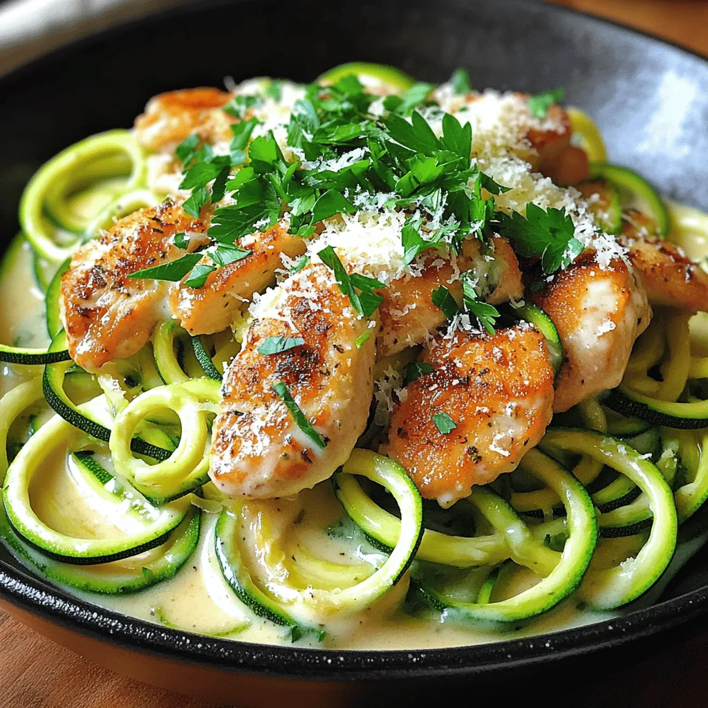 - 2 medium zucchinis, spiralized into noodle strands - 2 boneless, skinless chicken breasts - 1 cup heavy cream - 1 cup finely grated Parmesan cheese - Sea salt and freshly cracked black pepper, to taste - 3 cloves garlic, minced - 1/4 teaspoon freshly grated nutmeg - Fresh parsley, finely chopped (for garnish) - Additional Parmesan cheese for serving When I make Zucchini Noodle Chicken Alfredo, I choose fresh, high-quality ingredients. The zucchinis offer a light and healthy base. Spiralizing them adds a fun twist to the dish. I prefer to use medium-sized zucchinis, as they create the perfect noodle shape. For the chicken, I always go for boneless and skinless breasts. This choice keeps the dish lean and makes cooking straightforward. I like to season them simply with sea salt and black pepper. This basic seasoning really brings out the chicken's flavor. The heavy cream is crucial for creating that rich, creamy sauce. It blends perfectly with the Parmesan cheese, making the dish incredibly satisfying. I use finely grated Parmesan to ensure it melts smoothly into the sauce. Garlic adds a wonderful aroma and flavor. I always use fresh garlic, as it makes a big difference. A pinch of nutmeg enhances the sauce's flavor without overpowering it. For garnish, I like to sprinkle chopped parsley on top. It adds a nice pop of color and freshness. Sometimes, I add extra Parmesan cheese for those who want more cheesy goodness. You can find the Full Recipe at the end of this article. First, grab your spiralizer. It transforms zucchini into long, noodle-like strands. Simply place a zucchini in the spiralizer and twist. Repeat for the second zucchini. Once you have your zoodles, set them aside on a plate for later use. Next, let’s get the chicken ready. Season each chicken breast with sea salt and freshly cracked black pepper. I like to use a good amount to boost the flavor. Heat a tablespoon of olive oil in a large skillet over medium heat. Once the oil is hot, add the chicken. Cook each breast for about 6-7 minutes on both sides. Look for a golden crust and ensure they are fully cooked. When done, take the chicken out and let it rest for a few minutes. Then, slice it into strips. Now for the creamy sauce. In the same skillet, add 3 minced garlic cloves and sauté for about 30 seconds. Stir constantly until fragrant and lightly golden. Be careful not to burn the garlic! Slowly pour in 1 cup of heavy cream and reduce the heat to a gentle simmer. Keep stirring to mix the cream with the garlic. Next, gradually add 1 cup of finely grated Parmesan cheese. Stir until it melts into a creamy sauce. Finally, sprinkle in 1/4 teaspoon of freshly grated nutmeg for a nice flavor boost. It’s time to bring everything together. Gently add the zucchini noodles into the Alfredo sauce. Use tongs or a spatula to toss them until fully coated. Cook the zoodles for about 2-3 minutes. They should be tender, but still have a slight crunch. After that, add the sliced chicken back into the skillet. Stir everything together gently to combine. Taste the dish and adjust with more salt or pepper if you like. Serve immediately, garnished with fresh parsley for a touch of color. For the full recipe, check out the detailed instructions above! To get a creamy sauce, keep an eye on the heat. Start with sautéing garlic till it's fragrant. Then, pour in the heavy cream. Stir it well and let it simmer. Gradually add Parmesan cheese. This will give the sauce its rich texture. If your sauce is too thick, add a splash of milk or pasta water. For flavor, taste and adjust with salt, pepper, or nutmeg. A little goes a long way! Zucchini noodles cook fast. To keep them firm, avoid overcooking them. Cook zoodles for just 2-3 minutes in the sauce. You want them tender but not mushy. Using tongs helps mix zoodles and sauce evenly. This way, every strand gets coated with that creamy goodness. For a beautiful presentation, serve in shallow bowls. Create nests with the zoodles and drizzle extra sauce on top. Sprinkle more Parmesan and fresh parsley for color. This dish pairs well with a light salad or garlic bread. A balanced meal enhances the Alfredo experience. Enjoy your creamy delight! {{image_4}} You can switch up the protein in this dish. Shrimp makes a great choice. Just sauté the shrimp until they turn pink. They cook quickly, so watch them closely. Turkey also works well. Use ground turkey for a leaner option. For a vegetarian twist, try tofu. Firm tofu soaks up flavors nicely. Cube it and sauté until golden for a tasty addition. Want to add more flavor? Spinach is a great option. Toss in fresh spinach right before serving. It wilts quickly and adds color. Sun-dried tomatoes bring a sweet, tangy taste. Chop them up and mix them in with the sauce. You can also infuse your dish with fresh herbs. Basil and thyme add a nice aroma. Just sprinkle them in the sauce to brighten the flavors. If you need a gluten-free version, swap zucchini noodles for other options. You can use gluten-free pasta or even spaghetti squash. This keeps the dish light and delicious. For a low-fat option, consider using half-and-half instead of heavy cream. You can still enjoy a creamy texture while cutting down on calories. Adjust the cheese to your taste for a lighter dish. For the full recipe, check out the detailed steps I provided! To store your Zucchini Noodle Chicken Alfredo, first, let it cool. Then, place it in an airtight container. This method helps keep the flavors fresh. You can store it in the fridge for 3-4 days. Always check for any signs of spoilage before eating leftovers. To freeze this dish, pack the cooled Zucchini Noodle Chicken Alfredo in a freezer-safe container. Make sure to leave some space at the top. The dish can last up to 3 months in the freezer. When you're ready to eat, move it to the fridge to thaw overnight. For best quality, avoid refreezing after it has thawed. When it comes to reheating, I recommend the stovetop. This method keeps the zoodles from getting soggy. Heat a skillet over medium heat, and add a splash of water or cream. Add your Alfredo and stir until warm. If using a microwave, heat in short bursts. Check often to avoid overcooking. Enjoy your creamy delight! You can use a simple vegetable peeler. Just run the peeler down the zucchini. This will create thin strips, like fettuccine. You can also use a box grater. Grate the zucchini lengthwise for a different texture. If you have a knife, slice it into thin strips. This method takes a bit more time but works well. Yes, you can! Carrots are a great substitute. They add a nice sweetness. You can also try cucumbers for a refreshing twist. Sweet potatoes or butternut squash work well, too. Just remember to cook these veggies longer to soften. Experiment with your favorites to find what you like best. If your sauce is too thick, add a splash of milk or broth. This will help thin it out nicely. Stir well to mix it in. You can also add more heavy cream for a richer taste. Heat it gently while stirring to keep it creamy. Adjust until you reach your desired consistency. Zucchini noodles are lower in calories and carbs. They also have more fiber and vitamins. This makes them a great choice for lighter meals. Traditional pasta has more carbs and can spike blood sugar. Zoodles provide a satisfying meal without the extra calories. Enjoy the health benefits while savoring a delicious dish. For the full recipe, check out the complete guide. This blog post explored how to make a delicious zucchini noodle dish with chicken and Alfredo sauce. We covered key ingredients like zucchini, chicken, cream, and Parmesan. You learned how to prepare zoodles, cook chicken, and make a creamy sauce. Tips included perfecting the sauce and avoiding overcooked zoodles. Don’t forget the variations, storing tips, and reheating options. You can create a tasty meal that suits your taste and needs. Enjoy experimenting with this recipe and making it your own for every meal!