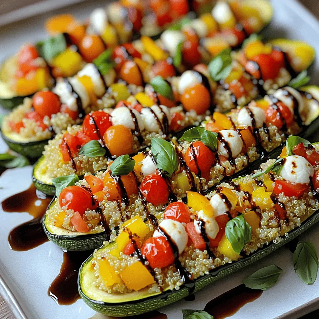 - 4 medium zucchinis - 1 cup cherry tomatoes, halved - 1 cup cooked quinoa - 1 cup shredded mozzarella cheese - 1/2 cup diced bell peppers (any vibrant color) - 1/4 cup fresh basil, finely chopped - 2 cloves garlic, minced - 1 tablespoon extra virgin olive oil - 1 teaspoon Italian seasoning - Salt and freshly ground black pepper to taste When I make baked zucchini, I love to use fresh ingredients. The zucchinis serve as perfect little boats for our filling. You can use any color of bell peppers. This adds a nice crunch and bright color. Cherry tomatoes bring a sweet touch that pairs well with the savory cheese. I always choose fresh basil for its lovely aroma and flavor. Quinoa makes the dish hearty and filling. It’s packed with protein, too. For seasoning, I recommend a good olive oil and Italian herbs. They tie all the flavors together. Don't forget salt and pepper for that extra kick! If you want to take it up a notch, consider adding minced garlic. It gives a great depth of flavor to your dish. You can find the full recipe [Full Recipe]. Enjoy the process of mixing and matching these ingredients! - Preheat oven to 375°F (190°C). - Halve the zucchinis lengthwise and scoop out flesh. Start by heating your oven. The warmth will help the zucchini cook well. Slice each zucchini right down the middle. Use a spoon to take out some flesh. This makes room for our tasty filling. Don’t throw this flesh away; we will use it later. - Combine cooked quinoa, cherry tomatoes, bell peppers, mozzarella, basil, garlic, olive oil, Italian seasoning, salt, and pepper. - Fold in reserved zucchini flesh. In a big bowl, mix the cooked quinoa, halved cherry tomatoes, diced bell peppers, and shredded mozzarella cheese. Add fresh basil, minced garlic, olive oil, Italian seasoning, salt, and pepper. Stir well until it all blends nicely. Now, chop the reserved zucchini flesh and fold it into the mix. This adds flavor and keeps things fresh. - Fill zucchini halves with the quinoa mixture. - Arrange on baking sheet and bake for 25-30 minutes. Next, fill each zucchini half with your quinoa mix. Press it down lightly to pack it in. Place the filled zucchinis on a baking sheet. Bake them for 25-30 minutes. They should be soft, and the cheese will melt beautifully. The smell will make your mouth water! For the full recipe, check below. To get the best texture in your baked zucchini, avoid overcooking it. Overcooked zucchini gets mushy. Aim for a tender bite while keeping some firmness. Fresh ingredients also add flavor and make your dish shine. Use ripe cherry tomatoes and crisp bell peppers for the best taste. While mozzarella is a classic choice, feel free to switch it up. You can use feta for a tangy flavor or cheddar for a sharp kick. If you want a dairy-free option, try vegan cheese. It melts well and keeps the dish creamy. To elevate your baked zucchini, garnish with fresh basil or parsley. This adds color and fresh taste. Pair it with a side salad or some warm garlic bread. Both options complement the dish and make a complete meal. For the full recipe, check out the [Full Recipe]. {{image_4}} If you enjoy meat, add cooked ground turkey or beef to your filling mix. This adds protein and a savory taste. Simply brown the meat in a pan before mixing it with the other filling ingredients. It makes the dish heartier and more filling. For a vegetarian twist, incorporate spinach or mushrooms into your filling. Spinach adds a nice green color and boosts nutrition. Chop the spinach finely and mix it in. Mushrooms bring a rich, earthy flavor. Sauté them first to enhance their taste before adding them to the mix. To elevate the flavor, introduce spices like cayenne pepper or paprika. A pinch of cayenne adds heat, while paprika gives a smoky depth. Adjust the amount based on your spice preference. Mix these spices into your filling for a delicious kick. Once you finish your baked zucchini delight, let it cool. Then, store leftover zucchini boats in an airtight container. This keeps them fresh for up to three days. When you want a quick meal, just grab a boat from the fridge! If you want to save some for later, you can freeze the stuffed zucchini. You can freeze them before or after baking. Wrap each boat in plastic wrap and then place them in a freezer bag. This way, you have a tasty meal ready for busy days. To enjoy your zucchini again, reheat it in the oven or the microwave. If using the oven, set it to 350°F (175°C). Cover the boats with foil to keep moisture in. If you use the microwave, heat in short bursts. This keeps your zucchini soft and tasty. You can skip quinoa by using rice or beans. Use about 1 cup of cooked rice or 1 can of drained beans. Mix it with your choice of veggies, cheese, and spices. This keeps it tasty and satisfying. You can also use bread crumbs for a crunchy texture. Just mix about 1 cup of bread crumbs with the other filling ingredients. Absolutely! You can swap in any veggie you like. Try spinach, mushrooms, or corn. Use about 1 cup of chopped veggies to keep the filling balanced. Just ensure you chop them finely so they mix well. This way, you keep the flavor and texture nice. You can even use leftover roasted vegetables from your fridge. Baked zucchini boats last about 3 to 5 days in the fridge. Store them in an airtight container to keep them fresh. If you want them to last longer, consider freezing them. For the best taste, reheat them in the oven or microwave. This will help keep the zucchini tender and the filling warm. Baked zucchini boats are a simple and tasty choice. We covered yummy main ingredients and fun flavor boosters. You learned to prep, fill, and bake these delights. Remember to keep the zucchini tender and use fresh ingredients. Don't hesitate to try new cheese or veggie options. Store leftovers for later or freeze for easy meals. These zucchini boats can fit any taste. Enjoy your cooking adventure!