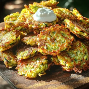 - 2 medium zucchinis, grated - 1 teaspoon sea salt - 1/2 cup all-purpose flour - 1/4 cup finely grated Parmesan cheese - 1/4 teaspoon baking powder - 1 large egg, beaten - 2 green onions, finely chopped - 1 clove garlic, minced - 1/4 teaspoon freshly ground black pepper - Olive oil, for frying For those with dietary needs, you can adjust the recipe. For gluten-free options, use a gluten-free flour blend. If you want a dairy-free version, skip the Parmesan or use a dairy-free cheese. When choosing zucchinis, look for firm ones with shiny skin. Avoid any that feel soft or have blemishes. Each serving has about 150 calories. Fats contribute around 8 grams, while carbs are roughly 12 grams. The fritters also provide about 5 grams of protein per serving, making them quite balanced. First, you need to grate the zucchinis. Use a box grater for this task. Once grated, sprinkle 1 teaspoon of sea salt over the zucchini. Let it sit for about 10 minutes. This process pulls out excess moisture. After 10 minutes, take a clean kitchen towel or cheesecloth. Place the salted zucchini in the towel. Twist it tightly to squeeze out as much liquid as you can. This step is key for crispy fritters. Next, grab a large mixing bowl. Add the drained zucchini, 1/2 cup of all-purpose flour, and 1/4 cup of finely grated Parmesan cheese. Then, mix in 1/4 teaspoon of baking powder, 1 large beaten egg, 2 finely chopped green onions, 1 minced garlic clove, and 1/4 teaspoon of black pepper. Stir everything together well. You want a batter that holds together but isn’t too wet. If it’s too dry, add a splash of water. If it's too wet, sprinkle in a bit more flour. Now, heat a non-stick skillet over medium heat. Pour in enough olive oil to coat the bottom of the skillet. Wait for the oil to shimmer, which means it’s ready. Using a tablespoon, drop spoonfuls of the batter into the hot skillet. Gently flatten each mound with the back of the spoon. Fry each fritter for about 3 to 4 minutes until they are golden brown. Flip them over and cook for another 3 to 4 minutes. When they are perfectly golden and crispy, remove them and place them on a paper towel-lined plate. This helps soak up extra oil. Serve them warm and enjoy! For the full recipe, check out the original source. To get that perfect crunch in your zucchini fritters, moisture removal is key. Zucchini holds a lot of water. If you don’t remove it, the fritters can turn soggy. After grating the zucchini, sprinkle it with sea salt. Let it rest for about 10 minutes. This draws out excess moisture. Then, use a kitchen towel to squeeze out as much liquid as you can. Cooking at the right temperature is also crucial. Heat your skillet over medium heat until the oil shimmers. This means it's hot enough for frying. If it's too cool, the fritters will absorb the oil and become greasy. If it's too hot, they will burn before cooking through. Aim for a balance to get that golden crisp. When it comes to dips, creamy yogurt or sour cream works wonders with these fritters. You can also try a spicy aioli or homemade tzatziki for a fresh twist. Pair your fritters with a crisp salad for a light meal. They also go well with grilled meats or fish, making them a versatile side. Make your fritters pop on the plate! Arrange them on a decorative serving platter. Garnish with fresh herbs like parsley or dill for color. You can also sprinkle some extra grated Parmesan on top. This not only looks great but adds extra flavor. For gatherings, serve them in a stack with toothpicks for easy grabbing. It adds a fun touch and keeps things neat. {{image_4}} You can easily change the taste of your zucchini fritters. For a cheesy twist, try adding Feta or Cheddar cheese. These cheeses melt well and add great flavor. You can also mix in herbs and spices like oregano or paprika. These add a nice kick and extra aroma. If you need gluten-free options, use almond flour or chickpea flour instead of regular flour. This keeps the fritters light and tasty. For those who want more veggies, add in chopped spinach or grated carrots. These add color and nutrition without changing the fritters too much. If you want a healthier option, consider air frying your fritters. It gives them a nice crunch without much oil. You can also bake them in the oven at 400°F for about 20 minutes. This method makes them crispy as well and is easy for meal prep. For the full recipe, you can check out the detailed steps in the full recipe section. To keep your zucchini fritters fresh, store them in an airtight container. Place a paper towel at the bottom to absorb moisture. This helps maintain their crispiness. Refrigerate them right away. They stay fresh for about 2 to 3 days. For reheating, use a skillet over medium heat. This method keeps the fritters crispy. Add a little olive oil to the pan. Heat each fritter for about 2 minutes on each side. You can also use an air fryer for a quick crisp. Set it to 350°F and heat for about 5 minutes. To freeze fritters before cooking, lay them flat on a baking sheet. Freeze them for about 1 hour. Once frozen, transfer them to a freezer bag. This helps prevent sticking. You can keep them for up to 3 months. To cook from frozen, thaw them in the fridge overnight. Then, cook as directed in the Full Recipe. Enjoy your tasty snack! You can use several egg substitutes. Applesauce works well. Use 1/4 cup of applesauce for each egg. Flaxseed meal is another choice. Mix 1 tablespoon of flaxseed meal with 2.5 tablespoons of water. Let it sit for a few minutes until it thickens. Both options help bind the fritters together. Yes, you can bake them. Preheat your oven to 400°F (200°C). Place the fritters on a baking sheet lined with parchment paper. Brush them lightly with olive oil. Bake for about 20-25 minutes, flipping halfway through. This method makes them a bit healthier but still tasty. Zucchini fritters pair well with many dips and sides. Try serving them with creamy yogurt or tangy sour cream. You can also enjoy them with a fresh salad or a side of marinara sauce. These options add extra flavor and make the meal more fun. To avoid sogginess, remove as much moisture as possible from the zucchini. After grating, sprinkle it with salt and let it sit for 10 minutes. Then, squeeze out the water using a clean kitchen towel. This step is key for crispy fritters. You can find the full recipe for "Crispy Zucchini Fritters" 🥒 at the start of this article. Enjoy making this delicious snack! Zucchini fritters are simple and fun to make. We covered ingredients, preparation, and cooking methods. I shared tips for getting crispy fritters and storage advice. You can also explore flavorful variations and healthier cooking techniques. These fritters make a great snack or side dish. Try different herbs and cheeses to customize yours. Now you have all the tools to create delicious zucchini fritters. Enjoy them fresh or as leftovers! Happy cooking!