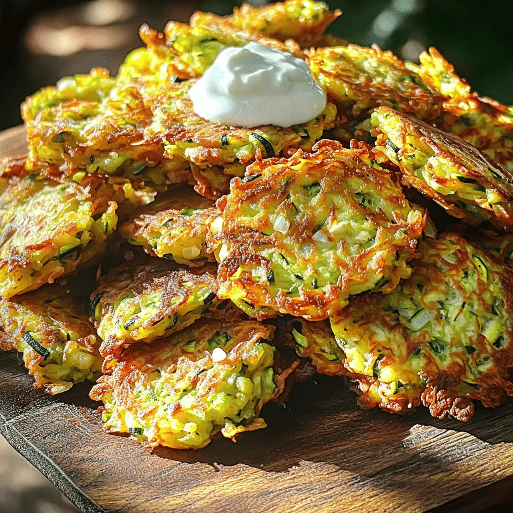 - 2 medium zucchinis, grated - 1 teaspoon sea salt - 1/2 cup all-purpose flour - 1/4 cup finely grated Parmesan cheese - 1/4 teaspoon baking powder - 1 large egg, beaten - 2 green onions, finely chopped - 1 clove garlic, minced - 1/4 teaspoon freshly ground black pepper - Olive oil, for frying For those with dietary needs, you can adjust the recipe. For gluten-free options, use a gluten-free flour blend. If you want a dairy-free version, skip the Parmesan or use a dairy-free cheese. When choosing zucchinis, look for firm ones with shiny skin. Avoid any that feel soft or have blemishes. Each serving has about 150 calories. Fats contribute around 8 grams, while carbs are roughly 12 grams. The fritters also provide about 5 grams of protein per serving, making them quite balanced. First, you need to grate the zucchinis. Use a box grater for this task. Once grated, sprinkle 1 teaspoon of sea salt over the zucchini. Let it sit for about 10 minutes. This process pulls out excess moisture. After 10 minutes, take a clean kitchen towel or cheesecloth. Place the salted zucchini in the towel. Twist it tightly to squeeze out as much liquid as you can. This step is key for crispy fritters. Next, grab a large mixing bowl. Add the drained zucchini, 1/2 cup of all-purpose flour, and 1/4 cup of finely grated Parmesan cheese. Then, mix in 1/4 teaspoon of baking powder, 1 large beaten egg, 2 finely chopped green onions, 1 minced garlic clove, and 1/4 teaspoon of black pepper. Stir everything together well. You want a batter that holds together but isn’t too wet. If it’s too dry, add a splash of water. If it's too wet, sprinkle in a bit more flour. Now, heat a non-stick skillet over medium heat. Pour in enough olive oil to coat the bottom of the skillet. Wait for the oil to shimmer, which means it’s ready. Using a tablespoon, drop spoonfuls of the batter into the hot skillet. Gently flatten each mound with the back of the spoon. Fry each fritter for about 3 to 4 minutes until they are golden brown. Flip them over and cook for another 3 to 4 minutes. When they are perfectly golden and crispy, remove them and place them on a paper towel-lined plate. This helps soak up extra oil. Serve them warm and enjoy! For the full recipe, check out the original source. To get that perfect crunch in your zucchini fritters, moisture removal is key. Zucchini holds a lot of water. If you don’t remove it, the fritters can turn soggy. After grating the zucchini, sprinkle it with sea salt. Let it rest for about 10 minutes. This draws out excess moisture. Then, use a kitchen towel to squeeze out as much liquid as you can. Cooking at the right temperature is also crucial. Heat your skillet over medium heat until the oil shimmers. This means it's hot enough for frying. If it's too cool, the fritters will absorb the oil and become greasy. If it's too hot, they will burn before cooking through. Aim for a balance to get that golden crisp. When it comes to dips, creamy yogurt or sour cream works wonders with these fritters. You can also try a spicy aioli or homemade tzatziki for a fresh twist. Pair your fritters with a crisp salad for a light meal. They also go well with grilled meats or fish, making them a versatile side. Make your fritters pop on the plate! Arrange them on a decorative serving platter. Garnish with fresh herbs like parsley or dill for color. You can also sprinkle some extra grated Parmesan on top. This not only looks great but adds extra flavor. For gatherings, serve them in a stack with toothpicks for easy grabbing. It adds a fun touch and keeps things neat. {{image_4}} You can easily change the taste of your zucchini fritters. For a cheesy twist, try adding Feta or Cheddar cheese. These cheeses melt well and add great flavor. You can also mix in herbs and spices like oregano or paprika. These add a nice kick and extra aroma. If you need gluten-free options, use almond flour or chickpea flour instead of regular flour. This keeps the fritters light and tasty. For those who want more veggies, add in chopped spinach or grated carrots. These add color and nutrition without changing the fritters too much. If you want a healthier option, consider air frying your fritters. It gives them a nice crunch without much oil. You can also bake them in the oven at 400°F for about 20 minutes. This method makes them crispy as well and is easy for meal prep. For the full recipe, you can check out the detailed steps in the full recipe section. To keep your zucchini fritters fresh, store them in an airtight container. Place a paper towel at the bottom to absorb moisture. This helps maintain their crispiness. Refrigerate them right away. They stay fresh for about 2 to 3 days. For reheating, use a skillet over medium heat. This method keeps the fritters crispy. Add a little olive oil to the pan. Heat each fritter for about 2 minutes on each side. You can also use an air fryer for a quick crisp. Set it to 350°F and heat for about 5 minutes. To freeze fritters before cooking, lay them flat on a baking sheet. Freeze them for about 1 hour. Once frozen, transfer them to a freezer bag. This helps prevent sticking. You can keep them for up to 3 months. To cook from frozen, thaw them in the fridge overnight. Then, cook as directed in the Full Recipe. Enjoy your tasty snack! You can use several egg substitutes. Applesauce works well. Use 1/4 cup of applesauce for each egg. Flaxseed meal is another choice. Mix 1 tablespoon of flaxseed meal with 2.5 tablespoons of water. Let it sit for a few minutes until it thickens. Both options help bind the fritters together. Yes, you can bake them. Preheat your oven to 400°F (200°C). Place the fritters on a baking sheet lined with parchment paper. Brush them lightly with olive oil. Bake for about 20-25 minutes, flipping halfway through. This method makes them a bit healthier but still tasty. Zucchini fritters pair well with many dips and sides. Try serving them with creamy yogurt or tangy sour cream. You can also enjoy them with a fresh salad or a side of marinara sauce. These options add extra flavor and make the meal more fun. To avoid sogginess, remove as much moisture as possible from the zucchini. After grating, sprinkle it with salt and let it sit for 10 minutes. Then, squeeze out the water using a clean kitchen towel. This step is key for crispy fritters. You can find the full recipe for "Crispy Zucchini Fritters" 🥒 at the start of this article. Enjoy making this delicious snack! Zucchini fritters are simple and fun to make. We covered ingredients, preparation, and cooking methods. I shared tips for getting crispy fritters and storage advice. You can also explore flavorful variations and healthier cooking techniques. These fritters make a great snack or side dish. Try different herbs and cheeses to customize yours. Now you have all the tools to create delicious zucchini fritters. Enjoy them fresh or as leftovers! Happy cooking!