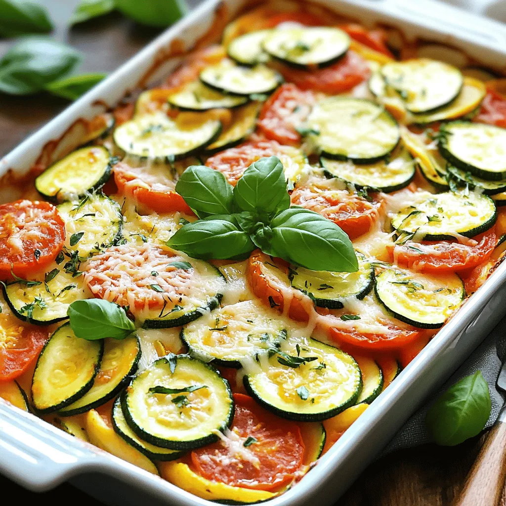 - Zucchini, sliced - Tomatoes, chopped - Onion, diced The main ingredients are simple and fresh. Zucchini adds a soft texture, while tomatoes provide a bright taste. The onion brings depth to the flavor. These veggies blend well, making a healthy base for the casserole. - Mozzarella cheese - Parmesan cheese - Fresh basil and oregano Cheese adds creaminess and flavor. Mozzarella melts nicely, while Parmesan gives a salty kick. Fresh basil and oregano enhance the dish with aromatic notes. Together, they create a rich, flavorful experience. - Olive oil - Bread crumbs (preferably whole grain) - Salt and pepper Olive oil is key for sautéing and brings healthy fats. Whole grain bread crumbs add crunch on top. Salt and pepper are must-haves for seasoning. They help elevate all the flavors in the casserole. For the full recipe, check out the detailed instructions to create this delicious dish! 1. Preheat the oven: Set your oven to 375°F (190°C). This helps cook the casserole evenly. 2. Sauté onions and garlic: Heat 1 tablespoon of olive oil in a pan over medium heat. Add 1 diced onion and 2 minced cloves of garlic. Cook for 3-4 minutes until the onion is soft. 1. First layer of zucchini mixture: Add 3 sliced zucchinis and 4 chopped tomatoes to the pan. Stir in 1 teaspoon of salt, 1/2 teaspoon of black pepper, and 1 teaspoon of dried oregano. Cook for another 5-7 minutes. 2. Cheese and breadcrumb layers: In a baking dish, spread half of the zucchini mixture. Top it with half of 1 cup of mozzarella cheese, half of 1/4 cup of grated Parmesan cheese, and half of 1 cup of breadcrumbs. Repeat this process with the remaining ingredients. 1. Covering with foil: Tightly cover the dish with aluminum foil. This keeps moisture in while baking. 2. Browning the top layer: Bake for 25 minutes. Then, remove the foil and bake for another 15 minutes, or until the top is golden brown. For the full recipe, refer to the earlier section. Enjoy your delicious Zucchini Tomato Casserole! To get the best out of your zucchini tomato casserole, adjust cooking times based on your oven. Each oven heats a bit differently. For even cooking, layer the veggies flat and avoid overcrowding. This helps them cook properly and blend the flavors. To boost the taste, add spices and fresh herbs. A pinch of red pepper flakes can give a nice kick. You might also try thyme or rosemary for more aroma. If you want proteins, consider adding cooked ground turkey or chickpeas. This makes the dish heartier and adds nutrition. Serve your casserole with a fresh green salad or crusty bread. A light vinaigrette works well to cut the richness. For presentation, serve it straight from the dish on a wooden board. Top it with more fresh basil and a sprinkle of Parmesan cheese for a pop. For more details, check out the Full Recipe. {{image_4}} You can change the flavors of your zucchini tomato casserole with extra veggies. Adding bell peppers gives a sweet crunch. Just chop them and layer them in with the other veggies. Spinach or kale is also a great choice. These greens add nutrients and a nice color to your dish. Just stir them in at the end of cooking to keep them fresh. If you need gluten-free options, use gluten-free breadcrumbs. They work just like regular ones. You can also swap in vegan cheese for a plant-based dish. Many brands offer great cheese that melts well. This keeps the creamy texture while making it vegan-friendly. Changing the cheese can also make the casserole special. Try adding sharp cheddar for a bolder taste. You can mix cheeses too! For extra flavor, consider adding sauces or dressings. A splash of balsamic vinegar or a drizzle of pesto can brighten the dish. These twists help create a unique meal each time you make it. For the full recipe, check out the Zesty Zucchini Tomato Casserole. Store your zucchini tomato casserole in an airtight container. Let it cool down first. This keeps it fresh for up to four days. To reheat, place it in the oven at 350°F (175°C) for about 20 minutes. You can also use the microwave. Heat it in short bursts, checking every few minutes. Freezing is a great option if you want to save some casserole for later. First, let the casserole cool completely. Then, wrap it tightly in plastic wrap and foil. This prevents freezer burn. You can freeze it for up to three months. When you’re ready to eat, defrost it in the fridge overnight. For quick defrosting, use the microwave on low. In the fridge, your casserole lasts about four days. If you freeze it, it can stay good for three months. Always check for signs of spoilage before eating. If it smells off or has mold, throw it away. You can serve this casserole with many tasty sides. Here are a few ideas: - A simple green salad with lemon vinaigrette. - Garlic bread for a crunchy side. - Quinoa or rice for a filling addition. - Steamed vegetables to add more color and nutrition. - Grilled chicken or fish for extra protein. These sides enhance the meal and make it feel special. Yes, you can prepare this casserole in advance. Here are some tips: - Assemble the casserole a day before. Cover it and keep it in the fridge. - If you want, you can bake it fresh when ready to serve. - Alternatively, you can bake it, let it cool, and then store it in the fridge. - Reheat it in the oven at 350°F for about 20 minutes. This makes meal prep easy and saves time on busy days. Yes, you can make some simple swaps to cut calories: - Use low-fat cheese instead of regular cheese. - Choose whole wheat bread crumbs for more fiber. - Add more veggies, like spinach or mushrooms, to replace some cheese. - Use olive oil spray instead of regular olive oil to cut fat. These changes keep the dish tasty while making it lighter. For the full recipe, check out the Zesty Zucchini Tomato Casserole. This blog post covered a delicious zucchini tomato casserole. We explored the main ingredients, like zucchini, tomatoes, and cheese. We detailed steps for preparation, layering, and baking. Helpful tips improved your cooking skills and provided ways to change up the recipe. We also discussed storage for leftovers and answered common questions. Eating well doesn't have to be hard. Enjoy trying variations and make it your own! This dish is sure to please your family and friends. Happy cooking!