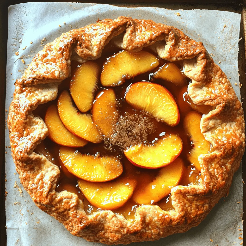 To make a great peach galette, you need fresh ingredients. Here is what you will need: - 3 perfectly ripe peaches, sliced - 1 tablespoon fresh lemon juice - 1 tablespoon granulated sugar - 1 teaspoon pure vanilla extract - 1 ready-made pie crust (store-bought or homemade) - 1 tablespoon cornstarch - 1 egg, beaten (for egg wash) - 1 tablespoon unsalted butter, cut into small cubes - 1 tablespoon brown sugar (for sprinkling) Using ripe peaches gives your galette the best flavor. Look for peaches that are soft but not mushy. They should smell sweet too! While the basic recipe is lovely, you can add your twist! Here are some ideas: - A pinch of cinnamon for warmth - Fresh basil or mint for a fresh flavor - A handful of blueberries for extra color - A splash of almond extract for a nutty taste These optional add-ins can make your galette even more exciting. Feel free to experiment with what you like! Having the right tools makes cooking easier. Here’s what you need: - A mixing bowl for the peach filling - A rolling pin for the pie crust - A baking sheet lined with parchment paper - A pastry brush for the egg wash - A sharp knife for slicing peaches With these tools, you will make your galette with ease. Enjoy the process and have fun! If you want the full recipe, check out the section above. Start by slicing three ripe peaches. You want them juicy and sweet. Place the peach slices in a bowl. Add one tablespoon of fresh lemon juice. This will brighten the flavor. Next, sprinkle in one tablespoon of granulated sugar. This will help sweeten the filling. Then, pour in one teaspoon of pure vanilla extract. It adds a lovely aroma. Finally, mix in one tablespoon of cornstarch. This helps thicken the juices. Gently toss everything together. Let the mixture sit for about 10 minutes. This allows the peaches to release their juices. Trust me, it enhances the taste! Take your ready-made pie crust out of the package. Place it on a lightly floured surface. Roll it out into a rough circle. Aim for about 12 inches in diameter. Don’t stress about making it perfect; rustic is beautiful! Once rolled, carefully transfer the crust to a baking sheet. Line the sheet with parchment paper to avoid sticking. Now your base is ready for the filling! Spoon the peach mixture into the center of the crust. Be sure to leave a 2-inch border around the edge. Begin folding the edges over the peaches. Create small pleats as you go. It’s okay if the center stays open. That’s the charm of a galette! Next, brush the exposed crust with a beaten egg. This gives it a golden color when baked. Now, place small cubes of butter on the peach filling. Finally, sprinkle one tablespoon of brown sugar on top. This helps create a lovely caramelization. Now, it's time to bake! When selecting peaches, look for firm, ripe fruit. You want peaches that yield slightly to gentle pressure. Their skin should be smooth and slightly fuzzy. A deep yellow or orange color shows great ripeness. If you smell a sweet peach scent, you’ve found a winner! To create a flaky crust, keep your butter cold. Use cold water when mixing the dough. Handle the dough as little as possible to prevent it from getting tough. Rest the dough in the fridge for at least 30 minutes before using. This step keeps the fats from melting too soon when you bake. If your crust becomes soggy, try adding cornstarch to the filling. This helps absorb excess juice. If the crust browns too fast, cover the edges with foil. For a crust that crumbles, ensure your butter is well-incorporated. If your peaches are not sweet enough, add more sugar to the filling. For detailed instructions, check the Full Recipe. {{image_4}} You can use many fruits in a galette. If peaches are not your favorite, try these: - Apples - Pears - Berries (like blueberries or raspberries) - Plums Each fruit brings its unique taste. For example, apples add a crisp bite, while berries offer a sweet burst. Just adjust the sugar based on the fruit's sweetness. While a pie crust works well, you can switch it up. Consider these options: - Puff pastry for a flaky texture - Biscuit dough for a softer bite - Oat crust for a nutty flavor Each crust changes the galette's texture and taste. Puff pastry creates a light and airy galette. An oat crust gives a hearty twist. Enhancing flavors can make your galette special. Here are some ideas: - Add cinnamon or nutmeg for warmth. - Mix in fresh herbs like basil or mint for a fresh note. - Drizzle honey or maple syrup for extra sweetness. These small changes can create a unique dessert. You can find your favorite combinations through experimentation. For the full recipe, be sure to check out the Heavenly Peach Galette. To store your leftover galette, allow it to cool completely. Then, wrap it in plastic wrap or place it in an airtight container. This helps keep the crust crisp and the filling fresh. Store it in the fridge for up to three days. If you want to enjoy it later, freezing is a great option. When you’re ready to eat your galette, preheat your oven to 350°F (175°C). Place the galette on a baking sheet. Heat it for about 10 to 15 minutes. This method warms it up without making the crust soggy. You can also use a microwave, but the crust may lose its crisp texture. To freeze your galette, wrap it tightly in plastic wrap. Then, place it in a freezer bag or container. It can last for up to three months in the freezer. When you’re ready to bake it, thaw it in the fridge overnight. Then, reheat in the oven for the best results. Enjoy your peach galette anytime with these easy storage tips! To make peach galette from scratch, start with ripe peaches. Slice them thinly and mix with lemon juice, sugar, and cornstarch. This helps the peaches stay juicy. Roll out your pie crust into a circle on a floured surface. Place the peach filling in the center, leaving a border. Fold the edges over the filling, making pleats. Brush the crust with an egg wash. Bake at 375°F (190°C) for about 30-35 minutes. Your galette will be golden brown and bubbly. For the full recipe, refer to the [Full Recipe]. Yes, you can use frozen peaches! Just make sure to thaw and drain them first. This step prevents excess moisture from making the galette soggy. Frozen peaches may not be as firm as fresh ones, but they still taste great. They work well in the galette, especially with some added sugar for sweetness. Serve peach galette warm for the best flavor. Cut it into wedges and add a scoop of vanilla ice cream or a dollop of whipped cream. The creaminess pairs well with the warm, sweet peaches. You can also sprinkle fresh mint leaves on top for a nice touch. Enjoy your rustic dessert! In this blog post, we explored how to make a delicious peach galette from scratch. We covered fresh ingredients, step-by-step instructions, and helpful tips. You learned how to choose the best peaches, create a flaky crust, and troubleshoot issues. Plus, I shared variations for unique flavors and how to store your galette. With these insights, you can create a perfect dessert for any occasion. Enjoy baking and sharing it with others!