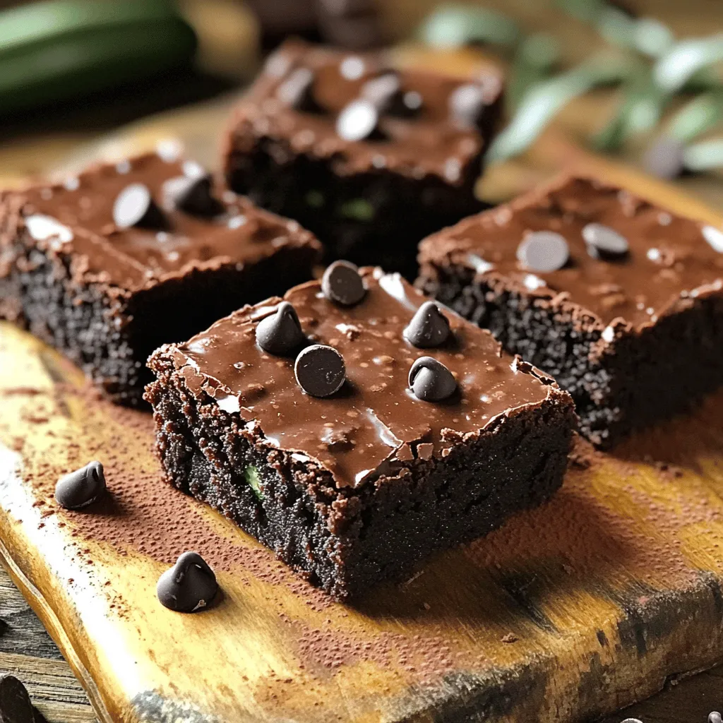 To make flourless chocolate zucchini brownies, you need some simple yet rich ingredients. Here’s what you’ll need: - Grated zucchini (1 medium) - Smooth almond butter (1 cup) - Unsweetened cocoa powder (1/2 cup) - Maple syrup or honey (1/2 cup) - Large eggs (2) - Pure vanilla extract (1 teaspoon) - Baking soda (1/2 teaspoon) - Salt (1/4 teaspoon) - Dark chocolate chips (1/2 cup) These ingredients blend together to create a fudgy, chocolatey dessert. The zucchini adds moisture and nutrients without changing the taste. Almond butter gives the brownies a creamy texture. Cocoa powder is key for that rich chocolate flavor. Sweeteners like maple syrup or honey provide just the right amount of sweetness. Using eggs helps bind everything together, while vanilla extract adds warmth. Baking soda gives the brownies a slight lift. A pinch of salt balances all the flavors, and dark chocolate chips melt beautifully for pockets of chocolate joy in every bite. For those looking for a full recipe, check the section titled "Full Recipe" to follow along with the instructions. - Preheat oven to 350°F (175°C) - Line an 8x8 inch baking pan with parchment paper Start by setting your oven to 350°F. This heat helps the brownies bake perfectly. Next, prepare your baking pan. Line it with parchment paper. Leave some paper hanging over the edges. This makes it easier to lift out the brownies later. - Combine zucchini, almond butter, cocoa powder, maple syrup, eggs, and vanilla - Mix until smooth Now, grab a large mixing bowl. In it, add the grated zucchini, almond butter, cocoa powder, maple syrup, eggs, and vanilla extract. Use a whisk or spatula to mix everything together. Keep stirring until the batter looks smooth and well combined. This step is key for a nice texture in the brownies. - Add baking soda and salt; stir until incorporated - Fold in dark chocolate chips - Pour batter into pan and bake for 25-30 minutes Next, sprinkle the baking soda and salt into the bowl. Stir again until everything is mixed in. Now, it’s time to add the dark chocolate chips. Gently fold them into the batter so they spread evenly. Pour this fudgy mixture into your prepared baking pan. Make sure it’s spread out evenly. Bake the brownies in your preheated oven for 25 to 30 minutes. To check if they are done, insert a toothpick into the center. It should come out with a few moist crumbs but no wet batter. Once they are baked, let them cool in the pan for about 15 minutes. Use the parchment paper to lift them out and transfer to a wire rack. Allow the brownies to cool completely before slicing. This whole process takes about 45 minutes, and you will have 16 delicious servings. - Use dairy-free chocolate chips for a vegan option. This keeps your brownies rich and plant-based. - Substitute sweeteners for different tastes. You can try honey, agave, or coconut sugar to mix it up. - Check doneness with a toothpick. Insert it in the center. It should come out with a few moist crumbs. - Cool before slicing for better texture. Let the brownies rest for at least 15 minutes. This helps them set nicely. - Dust with cocoa powder or shredded coconut. This adds a lovely touch and looks great on a plate. - Serve with fresh berries or whipped coconut cream. The contrast of flavors enhances the taste and makes it special. {{image_4}} - Use peanut butter instead of almond butter. This swap can add a different taste. - Substitute maple syrup with agave nectar. It keeps the brownies sweet and smooth. - Incorporate nuts or seeds for added crunch. Walnuts or chia seeds work well. - Add a pinch of cinnamon for warmth. This spice enhances the chocolate flavor. - Ensure all ingredients are certified gluten-free. This keeps the brownies safe for all. Keep your brownies in an airtight container. This helps keep them moist and fresh. They last up to five days at room temperature. If you want them to last longer, store them in the fridge. Wrap individual pieces in plastic wrap. This keeps them from getting freezer burn. You can also use a freezer bag. They stay good for up to three months. Just label them with the date. To enjoy your brownies warm, pop them in the microwave. Just a few seconds will do. This makes them soft and gooey again. You can also serve them with ice cream for a special treat. Yes, peanut butter or cashew butter can be used. Both options add a nice flavor. They also keep the brownies rich and creamy. Do not overbake; they should have moist crumbs. Check them at the 25-minute mark. If the toothpick comes out with a few wet crumbs, they're perfect! Yes, it’s a healthy treat that's kid-friendly! The zucchini keeps it moist and adds nutrients. Kids will love the rich chocolate taste without knowing it’s good for them! Refer to the section titled "Full Recipe" for detailed instructions. It has all the steps you need for these delicious brownies. These brownies make a tasty treat with healthy ingredients. You only need a few steps. Combine veggies and chocolate, and bake to perfection. Remember, you can swap flavors and add fun toppings. Storing leftovers is easy, and they freeze well. Enjoy these yummy snacks at home or share with friends. Simple, delicious, and good for you! Happy baking!