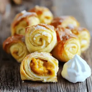 - Canned pumpkin puree - Refrigerated crescent roll dough - Brown sugar - Pumpkin pie spice - Vanilla extract - Egg wash - Granulated sugar for topping For this recipe, I use canned pumpkin puree. It’s smooth and rich, making it perfect for our filling. The refrigerated crescent roll dough is so easy to work with. It saves time and adds a flaky texture. Brown sugar gives a nice sweetness, while pumpkin pie spice adds warmth. Vanilla extract enhances all the flavors. You will also need an egg wash. This helps the rolls get that nice golden color when baked. Lastly, a sprinkle of granulated sugar on top adds a sweet crunch. Gather these ingredients before you start. Having everything ready makes the process smooth and fun. If you want to see the full recipe, look for the section with all the steps. Enjoy your cooking! 1. Preheat your oven to 375°F (190°C). This helps the rolls bake evenly. 2. Line a baking sheet with parchment paper. This keeps the rolls from sticking. 1. In a medium bowl, combine the pumpkin puree, brown sugar, pumpkin pie spice, and vanilla extract. 2. Mix well until the filling is smooth. This filling will be creamy and sweet. 1. Unroll the crescent roll dough on a clean surface. Make sure to keep it flat. 2. Carefully separate the dough into triangles. Each triangle will hold the filling. 3. Spoon about 1 tablespoon of pumpkin filling onto the wide end of each triangle. Don’t overfill, or it may spill out. 4. Starting from the wide edge, roll the dough towards the pointy end. Make sure the filling is inside. 5. Place the rolled crescents on the baking sheet, leaving space between them. They will puff up as they bake. To get that perfect golden brown color on your mini pumpkin pie crescent rolls, an egg wash is key. The beaten egg gives the rolls a nice shine and color as they bake. Just brush the egg on top before baking. Also, keep a close eye on the baking time. These rolls usually take 12 to 15 minutes. If you leave them in too long, they can burn. Check them around the 12-minute mark for that beautiful golden hue. Filling is fun, but too much can cause a mess. I recommend using about 1 tablespoon of filling per crescent roll. This amount keeps the filling inside while baking. If you add more, the filling may leak out during baking, and nobody wants that! Serving your mini pumpkin pie crescent rolls with whipped cream adds a lovely touch. A dollop on the side makes them feel extra special. For presentation, arrange the rolls on a pretty plate. Dust them lightly with powdered sugar for a sweet look. You can also add a few cinnamon sticks or small pumpkins around them. This makes your dessert feel festive and inviting! For the full recipe, check the provided link. {{image_4}} You can make these mini pumpkin pie crescent rolls even better. Try adding cream cheese to the filling. This makes the rolls creamy and rich. Just mix 4 oz of softened cream cheese with the pumpkin filling. It adds a smooth texture that you will love. Another fun option is to add chocolate chips. Simply mix in 1/2 cup of semi-sweet chocolate chips with the pumpkin filling. This gives a sweet twist that kids adore. You get the warm pumpkin flavor with a hint of chocolate. It’s a delightful surprise! If you need a gluten-free treat, don’t worry! You can use gluten-free crescent roll dough. Many brands offer this option. Just check the package for instructions. The taste stays delicious, and the texture remains fluffy. You won’t miss out on the fun flavors! Want to spice things up? You can add more spices to the filling. Try mixing in a pinch of cinnamon or nutmeg. These spices boost the warmth and richness of the pumpkin. You can also use ginger or allspice for a unique twist. Experiment with flavor to find your favorite mix! For the full recipe, check out the Mini Pumpkin Pie Crescent Rolls section. Enjoy making these delightful treats! To store your mini pumpkin pie crescent rolls, place them in an airtight container. This keeps them fresh and tasty. You can put them in the fridge for up to three days. If you want to enjoy them later, let them cool first. This step helps avoid sogginess. Wrap them tightly with plastic wrap for extra protection from air. Freezing these treats is easy! First, let them cool completely. Then, place the rolls in a single layer on a baking sheet. Freeze them for about two hours until they are firm. Once frozen, transfer them to a freezer bag. Be sure to remove as much air as possible. You can keep them in the freezer for up to three months. When you want to enjoy your crescent rolls again, preheat your oven to 350°F (175°C). Place the rolls on a baking sheet and cover them with foil. This keeps them moist. Heat for about 10-15 minutes, or until warm. You can also use a microwave if you are in a hurry. Just heat them for 15-30 seconds. However, the oven method gives the best results. Yes, you can prepare mini pumpkin pie crescent rolls ahead of time. Make the filling and fill the rolls. Then, cover them and store in the fridge for up to 24 hours before baking. This saves time and lets the flavors blend. Just remember to let them sit at room temperature for about 15 minutes before baking. This helps them bake evenly and puff up nicely. If you can't find canned pumpkin, try using butternut squash puree. It has a similar taste and texture. You can also use sweet potato puree for a fun twist. Just make sure it is smooth and free of lumps for the best filling. Both options will keep the flavor rich and delicious. Once baked, mini pumpkin pie crescent rolls stay fresh for about 2 days at room temperature. Store them in an airtight container to keep them soft. If you want them to last longer, put them in the fridge for up to a week. Reheat them in the oven or microwave before serving to enjoy their warm, gooey filling again. This blog post covered delicious mini pumpkin pie crescent rolls. We explored the simple ingredients, step-by-step instructions, and helpful tips. You learned how to make a tasty filling and assemble the rolls perfectly. Remember to use an egg wash for color and enjoy them warm. You can also try different fillings or gluten-free dough. Store any leftovers well or freeze them for later. With these tips, baking can be fun and easy. Enjoy these treats with friends and family!