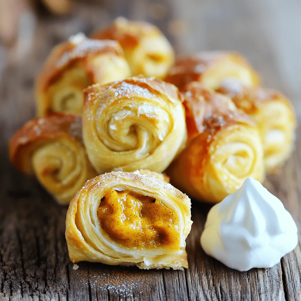 - Canned pumpkin puree - Refrigerated crescent roll dough - Brown sugar - Pumpkin pie spice - Vanilla extract - Egg wash - Granulated sugar for topping For this recipe, I use canned pumpkin puree. It’s smooth and rich, making it perfect for our filling. The refrigerated crescent roll dough is so easy to work with. It saves time and adds a flaky texture. Brown sugar gives a nice sweetness, while pumpkin pie spice adds warmth. Vanilla extract enhances all the flavors. You will also need an egg wash. This helps the rolls get that nice golden color when baked. Lastly, a sprinkle of granulated sugar on top adds a sweet crunch. Gather these ingredients before you start. Having everything ready makes the process smooth and fun. If you want to see the full recipe, look for the section with all the steps. Enjoy your cooking! 1. Preheat your oven to 375°F (190°C). This helps the rolls bake evenly. 2. Line a baking sheet with parchment paper. This keeps the rolls from sticking. 1. In a medium bowl, combine the pumpkin puree, brown sugar, pumpkin pie spice, and vanilla extract. 2. Mix well until the filling is smooth. This filling will be creamy and sweet. 1. Unroll the crescent roll dough on a clean surface. Make sure to keep it flat. 2. Carefully separate the dough into triangles. Each triangle will hold the filling. 3. Spoon about 1 tablespoon of pumpkin filling onto the wide end of each triangle. Don’t overfill, or it may spill out. 4. Starting from the wide edge, roll the dough towards the pointy end. Make sure the filling is inside. 5. Place the rolled crescents on the baking sheet, leaving space between them. They will puff up as they bake. To get that perfect golden brown color on your mini pumpkin pie crescent rolls, an egg wash is key. The beaten egg gives the rolls a nice shine and color as they bake. Just brush the egg on top before baking. Also, keep a close eye on the baking time. These rolls usually take 12 to 15 minutes. If you leave them in too long, they can burn. Check them around the 12-minute mark for that beautiful golden hue. Filling is fun, but too much can cause a mess. I recommend using about 1 tablespoon of filling per crescent roll. This amount keeps the filling inside while baking. If you add more, the filling may leak out during baking, and nobody wants that! Serving your mini pumpkin pie crescent rolls with whipped cream adds a lovely touch. A dollop on the side makes them feel extra special. For presentation, arrange the rolls on a pretty plate. Dust them lightly with powdered sugar for a sweet look. You can also add a few cinnamon sticks or small pumpkins around them. This makes your dessert feel festive and inviting! For the full recipe, check the provided link. {{image_4}} You can make these mini pumpkin pie crescent rolls even better. Try adding cream cheese to the filling. This makes the rolls creamy and rich. Just mix 4 oz of softened cream cheese with the pumpkin filling. It adds a smooth texture that you will love. Another fun option is to add chocolate chips. Simply mix in 1/2 cup of semi-sweet chocolate chips with the pumpkin filling. This gives a sweet twist that kids adore. You get the warm pumpkin flavor with a hint of chocolate. It’s a delightful surprise! If you need a gluten-free treat, don’t worry! You can use gluten-free crescent roll dough. Many brands offer this option. Just check the package for instructions. The taste stays delicious, and the texture remains fluffy. You won’t miss out on the fun flavors! Want to spice things up? You can add more spices to the filling. Try mixing in a pinch of cinnamon or nutmeg. These spices boost the warmth and richness of the pumpkin. You can also use ginger or allspice for a unique twist. Experiment with flavor to find your favorite mix! For the full recipe, check out the Mini Pumpkin Pie Crescent Rolls section. Enjoy making these delightful treats! To store your mini pumpkin pie crescent rolls, place them in an airtight container. This keeps them fresh and tasty. You can put them in the fridge for up to three days. If you want to enjoy them later, let them cool first. This step helps avoid sogginess. Wrap them tightly with plastic wrap for extra protection from air. Freezing these treats is easy! First, let them cool completely. Then, place the rolls in a single layer on a baking sheet. Freeze them for about two hours until they are firm. Once frozen, transfer them to a freezer bag. Be sure to remove as much air as possible. You can keep them in the freezer for up to three months. When you want to enjoy your crescent rolls again, preheat your oven to 350°F (175°C). Place the rolls on a baking sheet and cover them with foil. This keeps them moist. Heat for about 10-15 minutes, or until warm. You can also use a microwave if you are in a hurry. Just heat them for 15-30 seconds. However, the oven method gives the best results. Yes, you can prepare mini pumpkin pie crescent rolls ahead of time. Make the filling and fill the rolls. Then, cover them and store in the fridge for up to 24 hours before baking. This saves time and lets the flavors blend. Just remember to let them sit at room temperature for about 15 minutes before baking. This helps them bake evenly and puff up nicely. If you can't find canned pumpkin, try using butternut squash puree. It has a similar taste and texture. You can also use sweet potato puree for a fun twist. Just make sure it is smooth and free of lumps for the best filling. Both options will keep the flavor rich and delicious. Once baked, mini pumpkin pie crescent rolls stay fresh for about 2 days at room temperature. Store them in an airtight container to keep them soft. If you want them to last longer, put them in the fridge for up to a week. Reheat them in the oven or microwave before serving to enjoy their warm, gooey filling again. This blog post covered delicious mini pumpkin pie crescent rolls. We explored the simple ingredients, step-by-step instructions, and helpful tips. You learned how to make a tasty filling and assemble the rolls perfectly. Remember to use an egg wash for color and enjoy them warm. You can also try different fillings or gluten-free dough. Store any leftovers well or freeze them for later. With these tips, baking can be fun and easy. Enjoy these treats with friends and family!