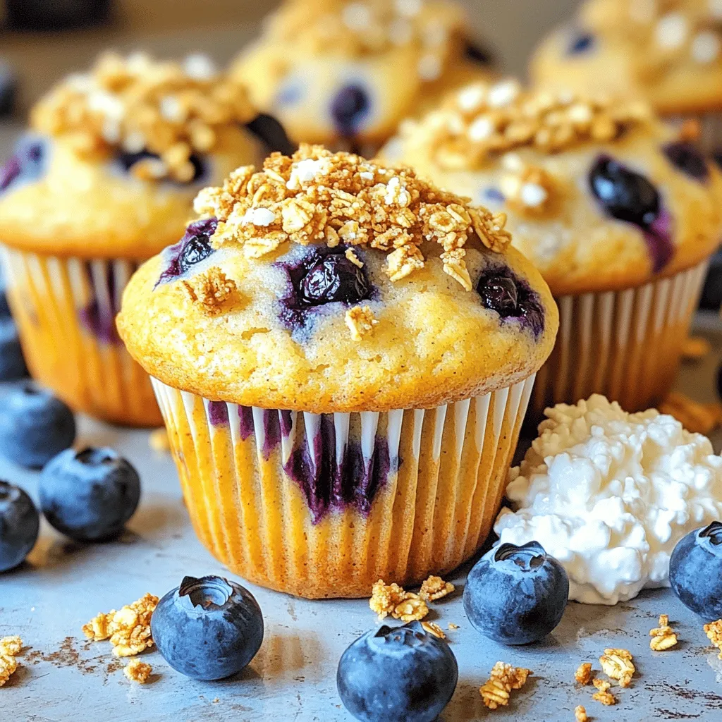 Let’s dive into what you'll need for these tasty cottage cheese blueberry muffins. The ingredients are simple and wholesome. Here’s the list: - 1 cup creamy cottage cheese - 1/2 cup milk (whole or low-fat) - 1/4 cup honey or maple syrup - 2 large eggs - 1 teaspoon pure vanilla extract - 1 1/2 cups all-purpose flour - 1/2 teaspoon baking soda - 1 tablespoon baking powder - 1/2 teaspoon fine salt - 1 1/2 cups fresh blueberries - Zest of 1 lemon - 1/4 teaspoon ground cinnamon (optional) - 1/4 cup granola (optional topping) Each ingredient adds to the flavor and texture of the muffins. The cottage cheese gives them a nice creaminess and boosts protein. Using milk helps keep the muffins moist. Honey or maple syrup adds natural sweetness, making these muffins a great snack. The eggs help bind everything together, while the vanilla gives a lovely aroma. The flour, baking powder, and baking soda work together to give the muffins a light and fluffy rise. Adding fresh blueberries brings bursts of juicy flavor. The lemon zest adds brightness, and a pinch of cinnamon can warm up the taste. Lastly, granola on top gives a nice crunch. For the full recipe and instructions, check out the [Full Recipe]. - Preheat oven to 375°F (190°C) - Prepare muffin tin with liners or grease Start by preheating your oven to 375°F. This step is key to making sure your muffins rise nicely. Next, grab a muffin tin and either line it with paper liners or grease it lightly. This will help the muffins come out easily after baking. - Combine cottage cheese, milk, honey, eggs, and vanilla in a bowl - Whisk until smooth In a large bowl, mix the creamy cottage cheese, milk, honey, eggs, and vanilla. I like to use a whisk here, as it helps blend everything together smoothly. Make sure there are no lumps, as a smooth batter leads to fluffy muffins. - Whisk together flour, baking soda, baking powder, salt, lemon zest, and cinnamon - Ensure even distribution of ingredients Now, take another bowl and whisk the dry ingredients. Combine all-purpose flour, baking soda, baking powder, salt, lemon zest, and cinnamon. This step is important because mixing these ingredients evenly prevents any clumps. - Gradually combine wet and dry ingredients - Avoid overmixing Slowly add your dry mix to the wet ingredients. Use a spatula or wooden spoon to fold them together. Be gentle here! Overmixing can make your muffins tough. Just mix until you see no dry flour. - Fold in blueberries carefully - Spoon batter into muffin tin, filling each cup two-thirds full Next, fold in the fresh blueberries. Be careful not to smash them! Their juice will create lovely spots in your muffins. Then, spoon the batter into the muffin cups, filling each about two-thirds full. This gives them room to rise. - Bake for 18-20 minutes until cooked through - Let cool before serving Place the muffin tin in your preheated oven. Bake for about 18 to 20 minutes. To check if they are done, insert a toothpick in the center. If it comes out clean, they are ready! Let them cool in the tin for a few minutes, then transfer to a wire rack. Enjoy these tasty snacks! For the full recipe, check the title above. - Use room temperature ingredients for better mixing. - Avoid overmixing for fluffy muffins. Using room temperature ingredients is key. It helps your batter blend smoothly, making the muffins light and airy. Cold ingredients can create lumps in your batter, which you want to avoid. Overmixing is a common mistake. When you mix too much, the muffins can turn out dense. Stir just until the ingredients are combined. This keeps your muffins tender and soft. - Add nuts or seeds for extra crunch. - Experiment with spices like nutmeg or cardamom. To make your muffins even tastier, add nuts or seeds. They give a nice crunch and boost nutrition. Walnuts or sunflower seeds are great choices. Spices can take your muffins to the next level. A pinch of nutmeg adds warmth, while cardamom brings a unique flavor. Try different combinations to find your favorite. - Pair muffins with cottage cheese or yogurt. - Garnish with fresh blueberries. For a fun twist, serve your muffins with cottage cheese or yogurt. It adds creaminess and makes a filling snack. Garnishing with fresh blueberries not only looks pretty, but it also enhances the flavor. Scatter a few berries on top before serving for a pop of color and taste. {{image_4}} You can change the fruit in these muffins. Use raspberries, blackberries, or strawberries instead of blueberries. Each fruit gives a unique taste. If you want something different, try adding a banana. This gives a nice, sweet flavor and moisture. You don’t have to use honey. You can swap it for agave syrup or coconut sugar. Each option changes the taste slightly. Feel free to adjust the sweetness based on your taste. You can add more or less to make it just right for you. If you need a gluten-free choice, it’s easy to swap the flour. Replace all-purpose flour with a gluten-free blend. Just make sure to check the blend's instructions. This will help you get the best results in your muffins. For the full recipe, check out the Cottage Cheese Blueberry Muffins section. After baking, let the muffins cool completely. This step is key to keeping them fresh. Once cool, place them in an airtight container. This will help keep the muffins moist and tasty for longer. If you want to save muffins for later, wrap them in plastic wrap. Then, put them in a freezer bag. They can stay in the freezer for up to three months. This way, you can enjoy a quick snack anytime! To enjoy your muffins again, reheat them in the microwave. You can also use a toaster oven for the best results. Just heat them until warm to bring back their soft texture. For more ideas, check the Full Recipe. Yes, plain yogurt can be a good substitute. It adds creaminess and moisture. The flavor will shift slightly, but the muffins will still taste great. Use flax eggs and a plant-based milk alternative. Replace honey with maple syrup for sweetness. This keeps the muffins moist and delicious without dairy. Frozen blueberries work well. Just rinse and drain them before adding to the batter. They keep the muffins juicy and flavorful. Check for a toothpick inserted in the center to come out clean or with a few moist crumbs. This ensures they are baked but still soft. Yes, simply double all the ingredients. You may need to adjust baking times slightly. Keep an eye on them to make sure they don’t overbake. For the full recipe, refer to the detailed instructions above. These muffins are easy to make and taste great! We mixed cottage cheese, fresh blueberries, and simple ingredients to create a fluffy treat. Remember to not overmix the batter for the best texture. Feel free to customize your muffins with different fruits or sweeteners to match your taste. Enjoy them fresh or store them for later. Happy baking!