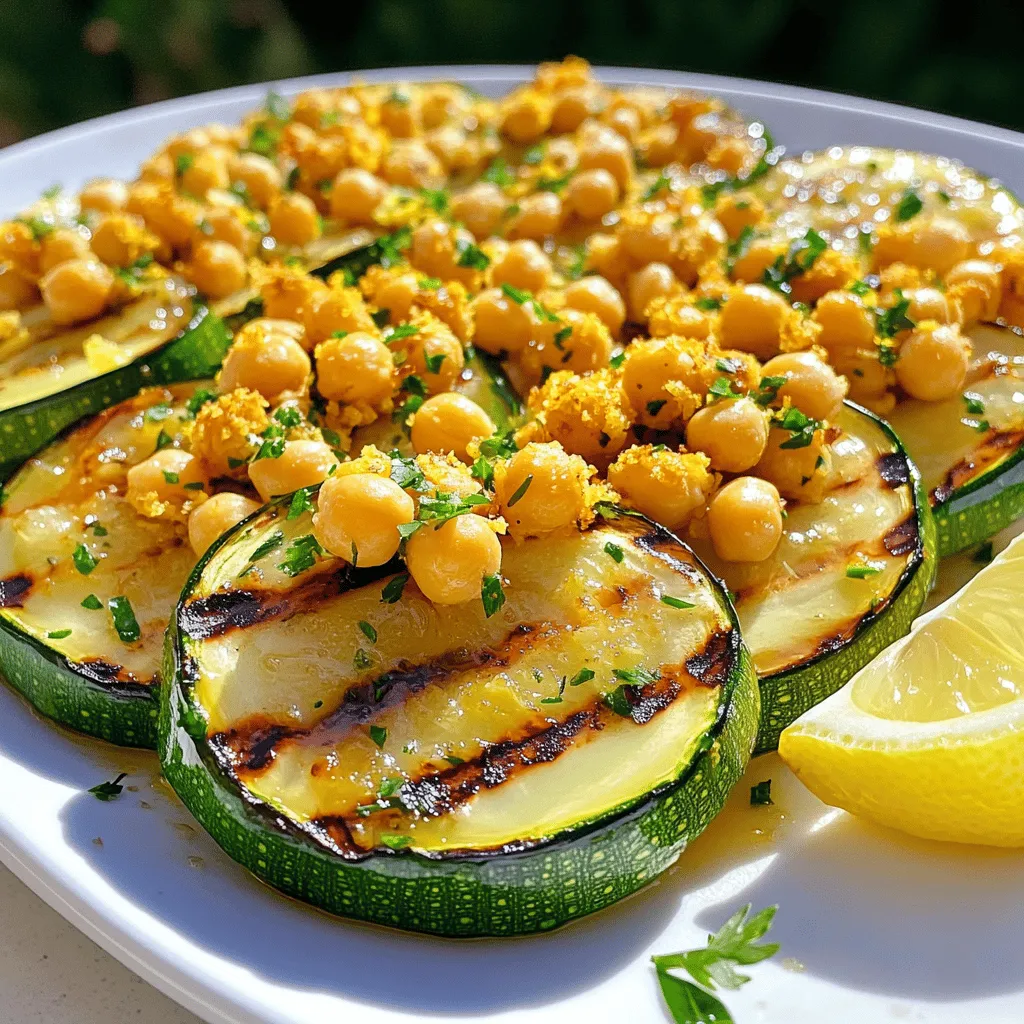 - 2 medium zucchinis, sliced into 1/4-inch rounds - 1 can (15 oz) chickpeas, drained and rinsed - 3 tablespoons olive oil, divided - 1 lemon (zest and juice) - 1 teaspoon garlic powder - 1 teaspoon smoked paprika - Salt and pepper, to taste - Fresh parsley, chopped (for garnish) Alternatives for zucchinis You can swap zucchinis with yellow squash. It offers a similar texture and taste. Options for chickpeas If you don’t have chickpeas, try using canned white beans. They add a nice creaminess. Different oils or seasonings to try You can replace olive oil with avocado oil for a lighter flavor. Experiment with different spices, like cumin or chili powder, for more kick. 1. Preheat your grill or grill pan to medium-high heat. This ensures the zucchini cooks well. 2. In a bowl, combine the drained chickpeas with 1 tablespoon of olive oil. Add garlic powder, smoked paprika, salt, and pepper. Mix until they are evenly coated. 1. In another bowl, toss the zucchini slices with 2 tablespoons of olive oil, lemon zest, salt, and pepper. Make sure they are well coated. 2. Place the zucchini directly on the grill grates. Grill for 3-4 minutes on each side. Look for nice grill marks and tenderness. 1. Preheat your oven to 400°F (200°C). Spread the seasoned chickpeas on a baking sheet in a single layer. 2. Roast them for 20-25 minutes. Stir them halfway through to ensure they cook evenly and become crispy. This simple method brings out the best in both zucchini and chickpeas. Enjoy the great flavors! For the complete cooking instructions, check out the Full Recipe. To make your Lemony Grilled Zucchini & Crispy Chickpeas shine, consider adding spices. Try cumin or coriander for a warm touch. Fresh herbs like thyme or oregano can also boost flavor. Fresh lemon juice is key. It adds brightness and enhances the taste of the zucchini, making every bite refreshing. Prevent sticking by brushing the grill grates with oil before cooking. It helps the zucchini release easily. For perfect texture, grill until you see nice marks and the zucchini is tender but firm. This gives a great contrast to the crispy chickpeas. For a beautiful serving, use a large white plate. This lets the colors pop. Layer the grilled zucchini and chickpeas neatly. A lemon wedge on the side adds charm. Finally, sprinkle extra parsley on top for a vibrant finish. These small touches can make your dish look gourmet. Enjoy the compliments! {{image_4}} This dish is already vegan, which makes it a great choice for many. You can add more veggies like bell peppers, eggplant, or mushrooms. These will add different textures and flavors. Try grilling asparagus or corn for a nice twist. Both pair well with the lemony taste. You could also serve this dish with a side of quinoa or couscous for a hearty meal. If you like heat, try adding chili flakes to the chickpeas. This gives a spicy kick that complements the lemon. For a fresh herbal twist, mix in chopped basil or thyme with the zucchini. These herbs boost the dish's aroma and flavor, making it even more delightful. This dish pairs well with a light salad or rice. A simple green salad with lemon vinaigrette can add a refreshing touch. You can also serve it with grilled chicken or fish for a complete meal. If you want a vegetarian option, add some feta cheese or a dollop of hummus to enhance the flavors. For the full recipe, check out the complete guide. To keep leftovers fresh, store them in an airtight container. Place the grilled zucchini and crispy chickpeas together or separately. They can last for up to three days in the refrigerator. If you want to keep them longer, consider freezing. You can reheat zucchini and chickpeas in a few ways. For zucchini, use a microwave for about 30 seconds. If you want them crispy again, reheat them in a pan on medium heat for a few minutes. For chickpeas, heat them in a pan or oven to retain their crunch. Just make sure to check often. Yes, you can freeze leftover chickpeas! Place them in a freezer-safe bag for up to three months. Just thaw them in the fridge when you're ready to use them. Grilled zucchini is a bit softer once frozen, so it's best to eat it fresh. If you must freeze it, slice it before freezing, and use within one month. Grill zucchini for about 3-4 minutes on each side. This time gives you nice grill marks and makes the zucchini tender but still firm. Watch closely so it doesn't overcook. Overcooked zucchini can become mushy and lose its flavor. Yes, you can prep some steps early. Slice the zucchini and store it in a container in the fridge. Season the chickpeas ahead of time too. Just roast the chickpeas and grill the zucchini when you're ready to eat. This makes it easier on busy days and keeps everything fresh. You can pair this dish with a light salad or a grain bowl. Quinoa or couscous works well. A yogurt sauce on the side adds creaminess. You can also serve it with grilled chicken or fish for a heartier meal. For a vegetarian option, add some feta cheese on top for extra flavor. For the full recipe, check the earlier section. In this post, we explored how to make Lemony Grilled Zucchini and Crispy Chickpeas. We covered ingredients and their substitutes, along with step-by-step instructions for preparation and cooking. I shared tips for enhancing flavor and presented ideas for variations and meal pairings. Lastly, we discussed storage, reheating, and answered common questions. With these easy steps, you can enjoy a tasty, healthy dish that’s simple to make. Try different herbs or spices to find what you love best!