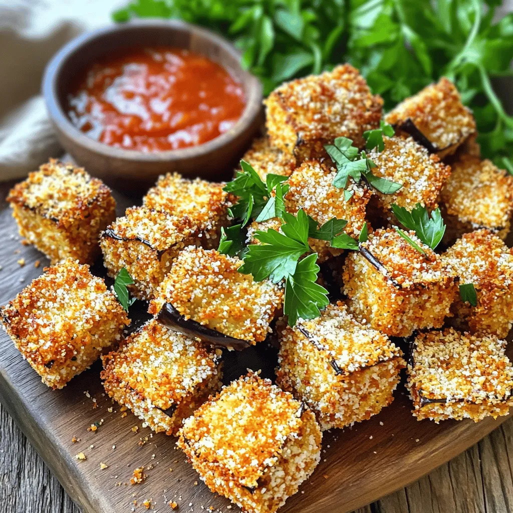 To make these tasty bites, gather these main ingredients: - 1 medium eggplant, cut into uniform bite-sized cubes - 1 cup breadcrumbs (your choice of seasoned or plain) - 1/2 cup finely grated Parmesan cheese - 2 large eggs, beaten until frothy - 1 teaspoon garlic powder - 1 teaspoon onion powder - 1/2 teaspoon smoked paprika - 1/2 teaspoon freshly cracked black pepper - Salt, to taste - Olive oil spray for crisping These ingredients work together to give the eggplant a crunchy outside and a soft inside. The eggplant is the star, and it takes on all the flavors well. Feel free to mix in some fun flavors! Here are a few ideas: - Add 1 teaspoon of Italian seasoning for a herby kick. - Use panko breadcrumbs for extra crunch. - Try substituting the Parmesan with nutritional yeast for a vegan twist. - Mix in some fresh herbs like basil or parsley for freshness. These options let you customize the flavor to your taste. They can turn a classic recipe into something special. These eggplant bites are not just tasty; they are also healthy! Here’s a simple breakdown: - Serving Size: 4 bites - Calories: About 200 - Protein: 10g - Carbohydrates: 25g - Fat: 8g Eggplant is low in calories and high in fiber. It’s a great choice if you want a light snack or appetizer. You also get protein from the cheese and eggs, making it a balanced bite. For the full recipe, check out the detailed instructions! First, turn on your air fryer and set it to 375°F (190°C). This helps heat the fryer evenly. Preheating is key to getting that perfect crispiness. It usually takes about 5 minutes to heat up. While it warms, you can prepare your eggplant and coating. For the eggplant, take one medium eggplant. Cut it into small, even cubes. Aim for uniform sizes so they cook evenly. This step is important for consistent texture. You can sprinkle a little salt on the cubes. This helps draw out moisture, making them less soggy. Now, let's coat those eggplant cubes. Grab a bowl and mix your breadcrumbs, Parmesan cheese, garlic powder, onion powder, smoked paprika, black pepper, and a pinch of salt. In a second bowl, beat the two eggs until they are frothy. Dip each eggplant cube in the egg mixture, covering all sides. Then, roll it in the breadcrumb mix, pressing gently to ensure a solid coating. Place the coated eggplant bites in the air fryer basket in a single layer. Lightly spray them with olive oil for extra crispiness. Cook the eggplant bites for 15-20 minutes. Remember to shake the basket halfway through. This helps them brown evenly. You want them golden brown and crispy. Once done, take them out and let them cool a bit before serving. You can find the full recipe [here](#). To get that perfect crispiness, follow these tips. First, cut the eggplant into even cubes. This helps them cook at the same rate. Next, coat each piece with egg. This step is key for the breadcrumbs to stick. Don't rush this part. Make sure every side is covered. Then, roll the cubes in the breadcrumb mix. Press gently to ensure a good coating. Finally, spray the bites lightly with olive oil before cooking. This will help them get crispy in the air fryer. Many people make simple mistakes that can ruin their eggplant bites. One big mistake is not preheating the air fryer. This can lead to uneven cooking. Another mistake is overcrowding the basket. If you pile too many eggplant pieces together, they won’t crisp up well. Always leave space between the bites. Lastly, skip the salt before cooking. Instead, add it to the breadcrumb mix. This will enhance the flavor without making them soggy. Serving your eggplant bites is fun! I love to place them on a rustic platter. This makes the dish look inviting. You can sprinkle fresh parsley on top for color. For dipping, a small bowl of marinara sauce is perfect. The sauce adds tang and flavor. You can also serve them with yogurt or a spicy sauce for extra kick. These bites can be a tasty appetizer or a side dish. They also make a great snack for game day or movie night. For the full recipe, check out the details above. {{image_4}} To make a vegan version of air fryer eggplant, swap eggs with a flax egg. Mix one tablespoon of ground flaxseed with three tablespoons of water. Let it sit for five minutes until it thickens. This mix will help the breadcrumbs stick to the eggplant. Use vegan breadcrumbs for a fully plant-based dish. You can still enjoy the crispy bites without using any animal products. If you need a gluten-free option, replace regular breadcrumbs with gluten-free ones. You can also use crushed rice or cornflakes for a unique crunch. For a lighter breading, try using chickpea flour mixed with spices. Just coat the eggplant cubes in the flour mix and air fry them. Each method offers a different texture and taste, allowing you to customize the recipe to your liking. You can change the flavor of your eggplant bites by adding different herbs and spices. For a Mediterranean twist, use oregano, basil, and thyme. To spice things up, add cayenne pepper or chili flakes for heat. Experiment with cumin, coriander, or smoked paprika for a unique flavor. These variations can elevate your dish and surprise your taste buds. After you enjoy your eggplant bites, store any leftovers in an airtight container. Make sure to let them cool first. Place parchment paper between layers to keep them crisp. Store in the fridge for up to three days. This helps the bites stay fresh and tasty. To reheat your eggplant bites, use the air fryer again. Preheat it to 375°F (190°C). Place the bites in the basket in a single layer. Heat for about 5-7 minutes or until they are hot and crispy. This method keeps them from getting soggy. You can also use an oven if you prefer. Just bake them at the same temperature for about 10 minutes. If you want to save some for later, freezing works well. First, let the cooked bites cool completely. Then, place them in a single layer on a baking sheet and freeze for about 1 hour. Once frozen, transfer them to a freezer bag or container. They can stay frozen for up to three months. When you want to eat them, reheat straight from frozen, adding a few extra minutes to the time. This method keeps them delicious and crispy. For the full recipe, check out the crispy air fryer eggplant bites! You should cook eggplant bites in the air fryer for 15 to 20 minutes. This time will give you a crispy texture. Midway, shake the basket. This step helps all sides cook evenly. Yes, you can use other vegetables! Try zucchini, bell peppers, or mushrooms. Cut them into similar sizes for even cooking. The same coating works well for these veggies, too. Serve air fryer eggplant bites with marinara sauce for dipping. You can also pair them with a fresh salad. A yogurt sauce or garlic aioli adds a nice touch, too. For a fun twist, try them on a sandwich or in a wrap. In this post, I covered how to make delicious air fryer eggplant bites. We explored key ingredients, step-by-step cooking instructions, and helpful tips for crispiness. I shared various ways to adapt the recipe with different flavors and dietary needs. We also discussed storage options and answered common questions. Now, you can enjoy tasty eggplant bites any time. Get creative and try new flavors. They are simple to make and a healthy snack option. Enjoy your cooking journey!