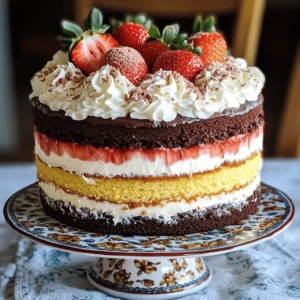 To make a Neapolitan layer cake, you need the following ingredients: - 2 cups all-purpose flour - 1 ½ cups granulated sugar - ½ cup unsweetened cocoa powder - 1 cup unsalted butter, softened - 4 large eggs - 1 cup whole milk - 1 tablespoon baking powder - 1 teaspoon vanilla extract - ½ teaspoon salt - 1 cup strawberry puree (fresh or frozen) - 1 cup whipped cream (for frosting) - Fresh strawberries and grated chocolate for garnish These ingredients come together to create rich layers. The chocolate, vanilla, and strawberry flavors make this cake special. You can add extra flavors or textures to your cake. Consider these options: - Nuts (like chopped almonds or walnuts) for crunch - Different fruit purees (like raspberry or mango) for unique flavors - Food coloring to enhance the strawberry layer's pink hue - Flavored extracts (like almond or lemon) for added depth Feel free to mix and match these ingredients to make the cake your own! Not all ingredients may be on hand. Here are some substitutes: - For all-purpose flour, use cake flour for a lighter texture. - Use brown sugar instead of granulated sugar for a deeper flavor. - If you lack unsweetened cocoa powder, try Dutch-processed cocoa. - Substitute butter with vegetable oil for a lighter cake. - Use almond milk instead of whole milk for a dairy-free option. These swaps can help you create a delicious cake, no matter what you have in your pantry. You can find the full recipe online for more details. Before you start, gather your ingredients. You will need flour, sugar, cocoa, butter, eggs, milk, baking powder, vanilla, salt, strawberry puree, and whipped cream. 1. Preheat your oven to 350°F (175°C). 2. Grease three 8-inch round cake pans. Dust them with flour. This helps the cakes come out easily. 1. In a bowl, sift the flour, cocoa powder, baking powder, and salt. Set it aside. 2. In a large bowl, cream the softened butter and sugar with an electric mixer. Mix until light and fluffy. 3. Add the eggs, one at a time. Mix well after each egg. Then add the vanilla and mix until all is combined. 4. Slowly add the dry mix to the wet mix. Alternate with the milk. Start and end with the dry mix. Mix until no flour shows. 5. Divide the batter into three bowls. Mix cocoa into one bowl for chocolate. Leave one bowl plain for vanilla. 6. In the last bowl, fold in the strawberry puree gently. Don’t over-mix. 1. Pour the chocolate batter into one pan. Pour the vanilla batter into the second pan. Lastly, pour the strawberry batter into the third pan. 2. Bake the layers for 25-30 minutes. Check with a toothpick to see if they are done. 3. Let the cakes cool in the pans for 10 minutes. Then, move them to a wire rack to cool completely. 4. Once cool, place the chocolate layer first. Add the vanilla layer next, then the strawberry layer. 5. Spread whipped cream between each layer. Cover the top and sides with more whipped cream. 6. For a nice touch, add fresh strawberries and grated chocolate on top. Follow this process for a delightful Neapolitan Layer Cake. For the full recipe, check the sections above. To get moist layers, use room temperature ingredients. Cold eggs and butter can make your batter dense. Mix until just blended; overmixing will lead to dry cake. When you bake, check for doneness with a toothpick. If it comes out clean, your cake is ready. Also, let the cakes cool completely before you frost them. This helps the frosting to stick better. For a smooth frosting, use cold whipped cream straight from the fridge. Start by spreading a thin layer of frosting between the layers. This is called a crumb coat. It keeps crumbs from messing up the final layer. After that, add more frosting to cover the top and sides. Use a spatula or a knife to create a clean edge. You can also swirl the frosting for a fun look. Make your cake pop with fresh strawberries on top. They add color and flavor. You can also sprinkle grated chocolate for a fancy touch. For extra flair, consider adding fun sprinkles or edible flowers. Each slice will look like art! If you want, you could even write a message on the cake with melted chocolate. It adds a personal touch for celebrations. For the full recipe, check out the details above. Enjoy your baking adventure! {{image_4}} You can make a vegan version of this cake easily. Replace the eggs with applesauce or flaxseed meal. Use plant-based butter and almond milk in place of regular butter and milk. This way, you keep the cake moist and tasty. It’s a great option for those who avoid animal products. To make a gluten-free Neapolitan layer cake, swap out the all-purpose flour for gluten-free flour. Look for a blend that works well in baking. You may also want to add a bit of xanthan gum to help with texture. This variation keeps the cake light and fluffy without the gluten. Get creative with flavors! You can add coffee to the chocolate layer for a richer taste. Just mix in 1-2 tablespoons of instant coffee granules. For a citrus twist, add lemon zest to the vanilla layer. These small changes can give your cake a fresh spin. You can even try different fruit purees for unique flavors! For the full recipe, check out the detailed instructions above. To store leftover Neapolitan layer cake, wrap it tightly in plastic wrap. This keeps the cake moist. You can also use a cake dome for added protection. Store it in the fridge if you have whipped cream on the cake. The cold helps keep the frosting fresh. If you want to freeze the cake, slice it first. Place the slices in an airtight container or wrap them in plastic wrap. Then, put them in a freezer bag. This keeps the cake fresh for up to three months. When you're ready to eat it, let the cake thaw in the fridge overnight. To keep your cake fresh, avoid placing it in direct sunlight. Heat can dry it out. Also, do not cut into the cake until you are ready to serve. This helps keep the other layers intact. Always use a clean knife to slice, as this prevents crumbs from mixing into the frosting. Check your storage regularly to ensure it remains tasty and appealing. Yes, you can make this cake ahead of time. It’s best to bake the layers a day before you want to serve. Allow the layers to cool completely. Then, wrap each layer in plastic wrap. This keeps them fresh. You can frost the cake the next day. This saves time and lets the flavors blend well. Neapolitan Layer Cake lasts about 3 to 5 days if stored properly. Keep it in an airtight container in the fridge. The layers stay moist this way. If you want to keep it longer, consider freezing it. Just wrap it well in plastic wrap and foil. It can last up to three months in the freezer. You can find Neapolitan Layer Cake at many bakeries. Local shops often make this cake fresh. Some grocery stores also carry it. If you want something special, consider ordering from a bakery online. They may offer delivery right to your door. Check for options near you for the best choices. For a fun experience, you can also try to make it at home using the Full Recipe. You’ve learned about the key ingredients and methods for making Neapolitan Layer Cake. From prepping the batter to layering and decorating, these steps guide you to success. Remember, customization is key—use different flavors or substitutes to fit your needs. Store your cake properly to keep it fresh longer. With these tips, you can impress anyone with your baking skills. Enjoy creating your own delicious cake and share the joy with others. Happy baking!