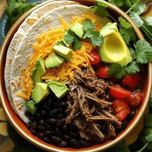 - 2 lbs beef chuck roast - 1 can (15 oz.) black beans - 1 can (15 oz.) diced tomatoes with green chilies - Additional ingredients: onion, garlic, spices - Optional toppings: cheese, sour cream, avocado I love using beef chuck roast for this dish. It becomes tender and juicy when slow-cooked. You can find this cut at most grocery stores. The black beans add protein and fiber. They also give a nice texture to the burrito meat. Diced tomatoes with green chilies bring a lovely flavor and some heat. When it comes to spices, I like to keep it simple but bold. Onion and garlic form the base for a savory taste. The chili powder, cumin, smoked paprika, and oregano add depth. These spices work together to create that classic burrito flavor. Don't forget about the toppings! Cheese, sour cream, and avocado make each bite creamy and delicious. You can mix and match your toppings to suit your taste. If you want to try this recipe, check out the Full Recipe for all the details you need! 1. Start by cutting the beef chuck roast into bite-sized chunks. Make sure they are even for good cooking. 2. Heat the olive oil in a large skillet over medium-high heat. Once hot, add the beef chunks in batches. Sear the beef for about 4-5 minutes, turning them until they are brown on all sides. Transfer the beef to your slow cooker. 3. In the same skillet, add the finely diced onion. Sauté the onion for about 3 minutes until it turns tender and translucent. Then add the minced garlic. Cook for one more minute until you smell its great aroma. 4. Next, sprinkle in the chili powder, ground cumin, smoked paprika, and dried oregano. Stir the mix constantly for 1-2 minutes to toast the spices. This step helps release their rich flavors. 5. Pour the seasoned onion and spice mix over the seared beef in the slow cooker. Make sure it spreads evenly. 6. Now, add the drained black beans, diced tomatoes (with their juice), and beef broth to the slow cooker. Gently stir everything to combine. 7. Season with salt and freshly ground black pepper to taste. Cover the slow cooker and set it to cook on low for 8 hours or on high for 4 hours. This slow cooking melds the flavors beautifully. 8. When the cooking time is up, remove the lid. Use two forks to shred the beef directly in the slow cooker. Mix it well with the juices for added flavor. 9. To serve, spoon the shredded burrito filling into warm tortillas. Let everyone top their burritos how they like, using options like cheese, sour cream, diced avocado, and fresh cilantro. For the complete experience, don't forget to check the Full Recipe for additional tips and serving suggestions. - Importance of searing: Searing your beef is key for great taste. It creates a rich crust that locks in juices. Start by heating olive oil in a skillet over medium-high heat. Add the beef in batches, letting it brown for 4-5 minutes. This step brings out deep flavors. - Choosing the right spices: The spices set the tone for your burrito meat. I use chili powder, cumin, smoked paprika, and oregano. They add warmth and depth. Toast these spices in the skillet with the onions and garlic to enhance their flavors. This small step makes a big difference. - Customizing burritos with toppings: Burritos are fun because you can make them your own. Set out toppings like shredded cheese, sour cream, and diced avocado. Fresh cilantro adds a nice touch too. Let everyone build their burrito just how they like it. - Presentation tips for serving: Presentation matters. Serve the burrito filling in a big bowl surrounded by warm tortillas. This invites guests to take part in the fun. Garnish with cilantro for a pop of color. A well-arranged table always impresses. - Creating a vegetarian version: You can make a tasty vegetarian burrito. Swap the beef for black beans or lentils. Use vegetable broth instead of beef broth. This keeps the dish hearty and full of flavor. - Low-sodium alternatives: For a lower-sodium option, choose low-sodium broth. Rinse canned beans well to cut down on salt. You can also reduce the amount of added salt. This way, you enjoy delicious burritos without the extra sodium. {{image_4}} You can change the protein in slow cooker burrito meat. Try chicken or pork for a twist. Chicken cooks quickly and stays tender. Use boneless chicken thighs for the best flavor. Pork adds a sweet touch. Use pork shoulder for juicy meat. For plant-based options, use lentils or jackfruit. Lentils cook well and soak up flavors. Jackfruit shreds like meat and has a nice texture. Both options make tasty burrito fillings. You can make your burrito meat bolder with extra spices. Add more chili powder for heat. Try jalapeños for a kick, or use hot sauce. Adjust the spice level to suit your taste. Incorporating fresh herbs like cilantro or parsley brightens the dish. Add them at the end for freshness. You can also use lime juice for a zesty touch. These additions bring new life to your meal. Switch up how you serve your slow cooker burrito meat. Burrito bowls are a fun option. Layer rice, beans, and meat in a bowl. Top with cheese, salsa, and guacamole. You can also try taco-style serving. Use crunchy tortillas or tortilla chips. This gives texture and fun to your meal. Let everyone build their own tacos for a casual vibe. Check out the Full Recipe for more ideas! To keep your Slow Cooker Burrito Meat fresh, cool it first. Store it in the fridge within two hours. Use airtight containers for best results. Glass or plastic containers work well. Label them with the date, so you know how long they last. You can also freeze your burrito filling. To freeze, let it cool completely. Then, place it in freezer-safe bags. Remove as much air as possible. Write the date on the bag for easy tracking. When ready to eat, thaw it in the fridge overnight. You can reheat it on the stove or in the microwave. For food safety, consume your burrito meat within three to four days when refrigerated. If frozen, it lasts about three months. Look for signs of spoilage. If it smells off or has a strange color, do not eat it. Always prioritize your health and safety. You can store Slow Cooker Burrito Meat in the fridge for up to four days. Make sure to keep it in an airtight container to maintain its flavor and freshness. If you want to keep it longer, freezing is your best option. Yes, you can cook this on the stovetop. First, brown the beef in a large pot. Then, add onions, garlic, and spices, cooking until fragrant. Once that's done, add the beans, tomatoes, and broth. Cover and let it simmer on low heat for about one hour, stirring occasionally. You can serve this burrito meat with a variety of side dishes. Here are a few ideas: - Spanish rice - Refried beans - Fresh salad - Tortilla chips with salsa - Guacamole These sides complement the rich flavors and add more variety to your meal. For more ideas, check the Full Recipe. This blog post covered how to make tasty Slow Cooker Burrito Meat. We looked at ingredients like beef, beans, and spices. I shared step-by-step methods for prep and cooking. You now have tips for flavor, variations, and storage. In closing, this recipe is both easy and customizable. Enjoy your delicious burritos and feel free to get creative with the ingredients!