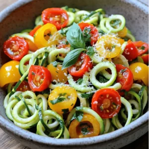 - 4 medium zucchinis - 1 cup cherry tomatoes, halved - ½ cup bell peppers, diced (mix of colors for vibrancy) - 1 cup fresh basil leaves, chopped - 2 cloves garlic, minced - ¼ cup extra-virgin olive oil - 1 teaspoon red pepper flakes (adjust for spice preferences) - Sea salt and freshly cracked black pepper to taste - ¼ cup grated Parmesan cheese (optional, for garnish) To make this zucchini pasta, you need fresh and vibrant ingredients. Each ingredient plays a key role in the dish's flavor and texture. Zucchini is the star here, a low-calorie veggie that adds a nice crunch. The cherry tomatoes bring sweetness, while bell peppers add color and crunch. Fresh basil gives a lovely aroma, and garlic adds a punch of flavor. Using high-quality olive oil enhances the dish’s richness. Red pepper flakes can add the heat you desire. Finally, a sprinkle of Parmesan cheese elevates the dish, making it extra special. - Calories per serving: About 150 calories - Carbohydrate content: Approximately 10 grams - Protein content: Roughly 5 grams This dish is light yet filling, making it perfect for a healthy meal. The low carbs make it great for those watching their intake. Enjoy the fresh flavors while knowing you're eating well! For the full recipe, check out Zucchini Noodle Delight. 1. Start by washing the zucchinis under cold water. Make sure to scrub them well. 2. Use a spiralizer to create long, noodle-like shapes. If you don’t have one, a vegetable peeler works great too! Just peel the zucchini into thin ribbons. 3. Set the noodles aside on a clean towel to absorb any extra water. This helps keep them from getting soggy later. 1. Grab a large skillet and pour in the olive oil. Heat it over medium heat. 2. Once the oil is hot, add minced garlic. Sauté it for about 1 minute. You want it fragrant, but not browned. 3. Next, toss in the diced bell peppers. Stir and cook them for 3-4 minutes until they soften. 4. Now, add the halved cherry tomatoes and red pepper flakes. Cook this mixture for 2-3 minutes. The tomatoes will soften and release their yummy juices. 1. Gently fold in the zucchini noodles. Cook them for 2-3 minutes. Stir often to ensure they heat evenly. 2. You want to keep some crunch in the noodles for texture. 3. Season everything with sea salt and freshly cracked black pepper. 4. Finally, mix in the chopped basil leaves for a fresh flavor boost. Cook for another minute to combine all the flavors nicely. This dish is not only fresh but also full of vibrant colors. You can find the Full Recipe for more detailed steps and serving ideas! To get the best texture, avoid overcooking the zucchini noodles. Cook them for just 2-3 minutes. This keeps them from getting mushy. You want a slight crunch when you bite into them. Retaining that crunch is key for optimal texture. Start by cooking the other veggies first. This way, you can add the zucchini noodles last. Stir gently to mix everything well, but keep an eye on the time. For a flavor boost, use fresh herbs and spices. Basil is a must for this dish. Add it just before serving. You can also try oregano or thyme for more depth. When it comes to oils, extra-virgin olive oil is the best choice. Drizzle it over the dish before serving. It adds a nice finish and enhances all the flavors. Pair your zucchini pasta with proteins for a complete meal. Grilled chicken or shrimp works well. They add heartiness to your dish. For garnishing ideas, consider adding fresh basil leaves on top. A sprinkle of grated Parmesan cheese also looks great. You can even add a few chili flakes for a bit of heat. For the full recipe, check out the Zucchini Noodle Delight 🥒! {{image_4}} You can mix in other veggies for fun flavors. Try adding things like carrots, spinach, or mushrooms. Seasonal veggies like asparagus or bell peppers can brighten your dish. You can also use frozen veggies if fresh ones are not available. For a vegan dish, skip the Parmesan cheese. Use nutritional yeast for a cheesy taste without dairy. If you want a gluten-free option, this recipe is already safe. Make sure to check any sauces you add to keep it gluten-free. Want to make it heartier? Add proteins like grilled chicken or shrimp. For a plant-based choice, use chickpeas or lentils. Cook meats separately, then mix them in during the last few minutes of cooking. This helps keep everything juicy and flavorful. For the full recipe, check out the Zucchini Noodle Delight! Storing leftover zucchini pasta is simple. First, let it cool down to room temperature. Then, transfer the pasta to an airtight container. This helps keep the dish fresh. You can store it in the fridge for up to three days. After that, it may lose its flavor and texture. To reheat without losing texture, use the stovetop. Place the pasta in a pan over low heat. Add a splash of olive oil or water to prevent sticking. Stir frequently, and heat for about 3-5 minutes. If you prefer the microwave, place the pasta in a microwave-safe bowl. Cover it with a damp paper towel. Heat for 1-2 minutes, stirring halfway through. This keeps the noodles from getting too soft. Yes, you can prepare zucchini noodles ahead of time. To do this, spiralize or peel your zucchinis first. After that, place the noodles in an airtight container. Store them in the fridge for up to three days. To keep them fresh, avoid salting them until you cook. Salt draws out moisture and can make them soggy. No spiralizer? No problem! You can use a vegetable peeler to create thin strips. Simply run the peeler along the zucchini lengthwise. You can also use a knife to cut them into matchstick shapes. Both methods work well for making zucchini noodles. To make this dish ahead, cook the zucchini noodles and veggies as usual. Let them cool, then store in an airtight container. Keep the dish in the fridge for up to two days. When ready to eat, reheat it in a skillet on medium heat. This keeps the noodles from getting too soft. For best taste, serve fresh basil and Parmesan on top right before eating. For the full recipe, check out the Zucchini Noodle Delight! This blog post covered how to make delicious zucchini noodles. We explored ingredients, cooking steps, and tips for perfect texture. I shared variations to suit different diets and preferences. Storing and reheating are also key to enjoying leftovers. With these insights, you're ready to create a healthy meal that’s quick and tasty. Enjoy the process and get creative with your ingredients!