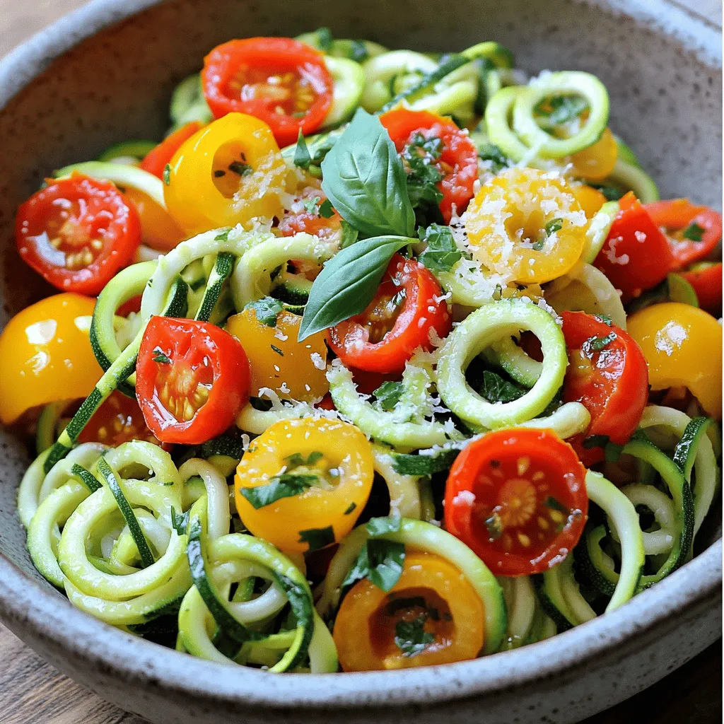 - 4 medium zucchinis - 1 cup cherry tomatoes, halved - ½ cup bell peppers, diced (mix of colors for vibrancy) - 1 cup fresh basil leaves, chopped - 2 cloves garlic, minced - ¼ cup extra-virgin olive oil - 1 teaspoon red pepper flakes (adjust for spice preferences) - Sea salt and freshly cracked black pepper to taste - ¼ cup grated Parmesan cheese (optional, for garnish) To make this zucchini pasta, you need fresh and vibrant ingredients. Each ingredient plays a key role in the dish's flavor and texture. Zucchini is the star here, a low-calorie veggie that adds a nice crunch. The cherry tomatoes bring sweetness, while bell peppers add color and crunch. Fresh basil gives a lovely aroma, and garlic adds a punch of flavor. Using high-quality olive oil enhances the dish’s richness. Red pepper flakes can add the heat you desire. Finally, a sprinkle of Parmesan cheese elevates the dish, making it extra special. - Calories per serving: About 150 calories - Carbohydrate content: Approximately 10 grams - Protein content: Roughly 5 grams This dish is light yet filling, making it perfect for a healthy meal. The low carbs make it great for those watching their intake. Enjoy the fresh flavors while knowing you're eating well! For the full recipe, check out Zucchini Noodle Delight. 1. Start by washing the zucchinis under cold water. Make sure to scrub them well. 2. Use a spiralizer to create long, noodle-like shapes. If you don’t have one, a vegetable peeler works great too! Just peel the zucchini into thin ribbons. 3. Set the noodles aside on a clean towel to absorb any extra water. This helps keep them from getting soggy later. 1. Grab a large skillet and pour in the olive oil. Heat it over medium heat. 2. Once the oil is hot, add minced garlic. Sauté it for about 1 minute. You want it fragrant, but not browned. 3. Next, toss in the diced bell peppers. Stir and cook them for 3-4 minutes until they soften. 4. Now, add the halved cherry tomatoes and red pepper flakes. Cook this mixture for 2-3 minutes. The tomatoes will soften and release their yummy juices. 1. Gently fold in the zucchini noodles. Cook them for 2-3 minutes. Stir often to ensure they heat evenly. 2. You want to keep some crunch in the noodles for texture. 3. Season everything with sea salt and freshly cracked black pepper. 4. Finally, mix in the chopped basil leaves for a fresh flavor boost. Cook for another minute to combine all the flavors nicely. This dish is not only fresh but also full of vibrant colors. You can find the Full Recipe for more detailed steps and serving ideas! To get the best texture, avoid overcooking the zucchini noodles. Cook them for just 2-3 minutes. This keeps them from getting mushy. You want a slight crunch when you bite into them. Retaining that crunch is key for optimal texture. Start by cooking the other veggies first. This way, you can add the zucchini noodles last. Stir gently to mix everything well, but keep an eye on the time. For a flavor boost, use fresh herbs and spices. Basil is a must for this dish. Add it just before serving. You can also try oregano or thyme for more depth. When it comes to oils, extra-virgin olive oil is the best choice. Drizzle it over the dish before serving. It adds a nice finish and enhances all the flavors. Pair your zucchini pasta with proteins for a complete meal. Grilled chicken or shrimp works well. They add heartiness to your dish. For garnishing ideas, consider adding fresh basil leaves on top. A sprinkle of grated Parmesan cheese also looks great. You can even add a few chili flakes for a bit of heat. For the full recipe, check out the Zucchini Noodle Delight 🥒! {{image_4}} You can mix in other veggies for fun flavors. Try adding things like carrots, spinach, or mushrooms. Seasonal veggies like asparagus or bell peppers can brighten your dish. You can also use frozen veggies if fresh ones are not available. For a vegan dish, skip the Parmesan cheese. Use nutritional yeast for a cheesy taste without dairy. If you want a gluten-free option, this recipe is already safe. Make sure to check any sauces you add to keep it gluten-free. Want to make it heartier? Add proteins like grilled chicken or shrimp. For a plant-based choice, use chickpeas or lentils. Cook meats separately, then mix them in during the last few minutes of cooking. This helps keep everything juicy and flavorful. For the full recipe, check out the Zucchini Noodle Delight! Storing leftover zucchini pasta is simple. First, let it cool down to room temperature. Then, transfer the pasta to an airtight container. This helps keep the dish fresh. You can store it in the fridge for up to three days. After that, it may lose its flavor and texture. To reheat without losing texture, use the stovetop. Place the pasta in a pan over low heat. Add a splash of olive oil or water to prevent sticking. Stir frequently, and heat for about 3-5 minutes. If you prefer the microwave, place the pasta in a microwave-safe bowl. Cover it with a damp paper towel. Heat for 1-2 minutes, stirring halfway through. This keeps the noodles from getting too soft. Yes, you can prepare zucchini noodles ahead of time. To do this, spiralize or peel your zucchinis first. After that, place the noodles in an airtight container. Store them in the fridge for up to three days. To keep them fresh, avoid salting them until you cook. Salt draws out moisture and can make them soggy. No spiralizer? No problem! You can use a vegetable peeler to create thin strips. Simply run the peeler along the zucchini lengthwise. You can also use a knife to cut them into matchstick shapes. Both methods work well for making zucchini noodles. To make this dish ahead, cook the zucchini noodles and veggies as usual. Let them cool, then store in an airtight container. Keep the dish in the fridge for up to two days. When ready to eat, reheat it in a skillet on medium heat. This keeps the noodles from getting too soft. For best taste, serve fresh basil and Parmesan on top right before eating. For the full recipe, check out the Zucchini Noodle Delight! This blog post covered how to make delicious zucchini noodles. We explored ingredients, cooking steps, and tips for perfect texture. I shared variations to suit different diets and preferences. Storing and reheating are also key to enjoying leftovers. With these insights, you're ready to create a healthy meal that’s quick and tasty. Enjoy the process and get creative with your ingredients!