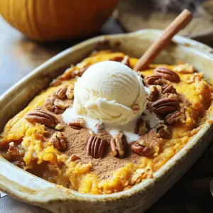 - 1 can (15 oz) pure pumpkin puree - 1 cup granulated sugar - 1/2 cup packed brown sugar - 1 teaspoon pure vanilla extract - 2 large eggs - 1 teaspoon ground cinnamon - 1/2 teaspoon ground nutmeg - 1/2 teaspoon ground ginger - 1/4 teaspoon fine sea salt - 1 cup all-purpose flour - 1 teaspoon baking powder - 1 cup whole milk - 1/2 cup unsalted butter, melted - 1 cup pecans or walnuts, chopped (optional) - Vanilla ice cream (for serving) You will need a mix of sweet and warm flavors. Pumpkin puree gives a rich taste. Sugar adds sweetness, while brown sugar brings a hint of caramel. Vanilla extract will make your dessert smell amazing. Eggs are key for the right texture. Spices are where the magic happens! Ground cinnamon, nutmeg, and ginger create that warm fall flavor. The fine sea salt enhances everything. All-purpose flour and baking powder give structure. Whole milk keeps your cobbler moist and delicious. Finally, melted butter adds richness, and nuts are optional for crunch. I love serving it warm with vanilla ice cream on top. It's a treat you won't forget! Preparation Time and Serving Size - Prep Time: 15 minutes - Cook Time: 45-55 minutes - Servings: 8-10 You can whip this up quickly and serve a crowd. Enjoy this easy and comforting dessert! For the full recipe, check out the details above. Preheat your oven to 350°F (175°C). Grease a 9x13 inch baking dish with cooking spray or butter. This helps the cobbler not stick. In a large bowl, combine the pumpkin puree, granulated sugar, brown sugar, and vanilla extract. Use a whisk or mixer to blend until smooth. This is the base of your cobbler. Add the eggs one at a time to the pumpkin mix. Stir well after each egg. Next, in a different bowl, mix the flour and baking powder. Alternate adding this dry mix and milk to the pumpkin batter. Start and end with the flour mix. Stir gently to keep it tender. Pour the melted butter into the greased baking dish. Then, gently pour the pumpkin batter over the butter. Do not mix! Bake the cobbler for 45-55 minutes. It’s ready when a toothpick comes out clean. Enjoy your delicious Pumpkin Bliss Cobbler! For the full recipe, check the previous section. - Avoid overmixing for a tender texture. This keeps the cobbler light and fluffy. - Ensure the eggs are at room temperature for better incorporation. Warm eggs mix in smoothly, giving you a creamier batter. - Pair with vanilla ice cream for a classic dessert experience. The cold ice cream balances the warm cobbler perfectly. - Dust with cinnamon for added flavor. This simple touch enhances the pumpkin taste and looks great too. - Not preheating the oven properly can lead to uneven baking. Always set your oven ahead of time. - Substituting ingredients without adjusting ratios can ruin your cobbler. Stick to the recipe, especially for baking! {{image_4}} You can easily make this cobbler gluten-free. Simply swap the all-purpose flour with a gluten-free blend. Look for blends that include xanthan gum for better texture. You can also try almond flour or coconut flour, but adjust the amount. Use about 3/4 cup of almond flour or 1/2 cup of coconut flour. Both options will give a unique flavor and texture to your cobbler. To make a vegan version, replace the eggs with flaxseed meal. Use 1 tablespoon of flaxseed meal mixed with 2.5 tablespoons of water for each egg. Let it sit for a few minutes until it thickens. For the dairy, use almond milk or coconut milk instead of whole milk. You can also use coconut oil in place of butter for a richer taste. Want to spice things up? Add chocolate chips to the pumpkin batter for a sweet twist. You can use semi-sweet or dark chocolate chips. Consider adding a pinch of cayenne pepper for a hint of heat. Want a fruity flair? Toss in some fresh blueberries or cranberries. These little changes can make your pumpkin cobbler a new favorite! To keep your pumpkin cobbler fresh, chill it in the fridge. Place it in an airtight container. This way, it will stay good for about three days. Make sure to let it cool to room temperature before sealing it. This helps avoid extra moisture. If you want to save your cobbler longer, freezing works great. Cut it into slices and wrap each piece in plastic wrap. Then, place the wrapped slices in a freezer bag. Press out the air before sealing. Your cobbler can last up to three months in the freezer. When you're ready to enjoy it, just thaw it in the fridge overnight. To heat up your cobbler, you can use the oven or a microwave. For the oven, preheat it to 350°F (175°C). Place the cobbler in a baking dish and cover it with foil. Heat for about 15-20 minutes. This keeps the texture nice. If using a microwave, warm a slice for about 30-45 seconds. Enjoy it warm, maybe with a scoop of ice cream for a special treat! You can tell when your pumpkin cobbler is done by checking a few signs. Look for a firm center that is set. A toothpick inserted in the middle should come out clean. The edges will be slightly golden, and the cobbler will have risen. Allow it to cool for about 15 minutes before serving, as it will continue to firm up as it cools. Yes, you can use fresh pumpkin! To do this, start with a sugar pumpkin. Roast or steam it until soft, then scoop out the flesh. Blend it until smooth to make pumpkin puree. This can give a fresher taste to your cobbler. Just be sure to measure the same amount as the canned version. Pumpkin cobbler pairs well with many treats. A scoop of vanilla ice cream adds creaminess and balances the flavors. Whipped cream also works great. For drinks, try spiced cider or a hot cup of coffee. These pairings enhance the cozy feel of this dessert. Traditional pumpkin cobbler contains flour, which has gluten. To make it gluten-free, you can use a gluten-free flour blend instead. Almond flour or coconut flour can also work, but you may need to adjust the liquid in the recipe. Always check ingredient labels to ensure they are gluten-free. Store leftover pumpkin cobbler in an airtight container. Keep it in the fridge for up to three days. To preserve the texture, let it cool completely before covering. If you have a lot left, you can freeze it. Just slice it up, wrap in plastic wrap, and store in a freezer-safe container for up to three months. For the complete Pumpkin Bliss Cobbler recipe, including detailed steps and instructions, refer to the full recipe. This blog post covered everything you need for the perfect pumpkin cobbler. You now know the key ingredients, step-by-step instructions, and tips for serving. Consider trying variations like gluten-free or vegan options to suit your needs. Remember to store leftovers properly for the best taste later. Enjoy a warm slice topped with vanilla ice cream. This dish brings comfort and joy, making it great for any gathering or cozy night in. Happy baking!