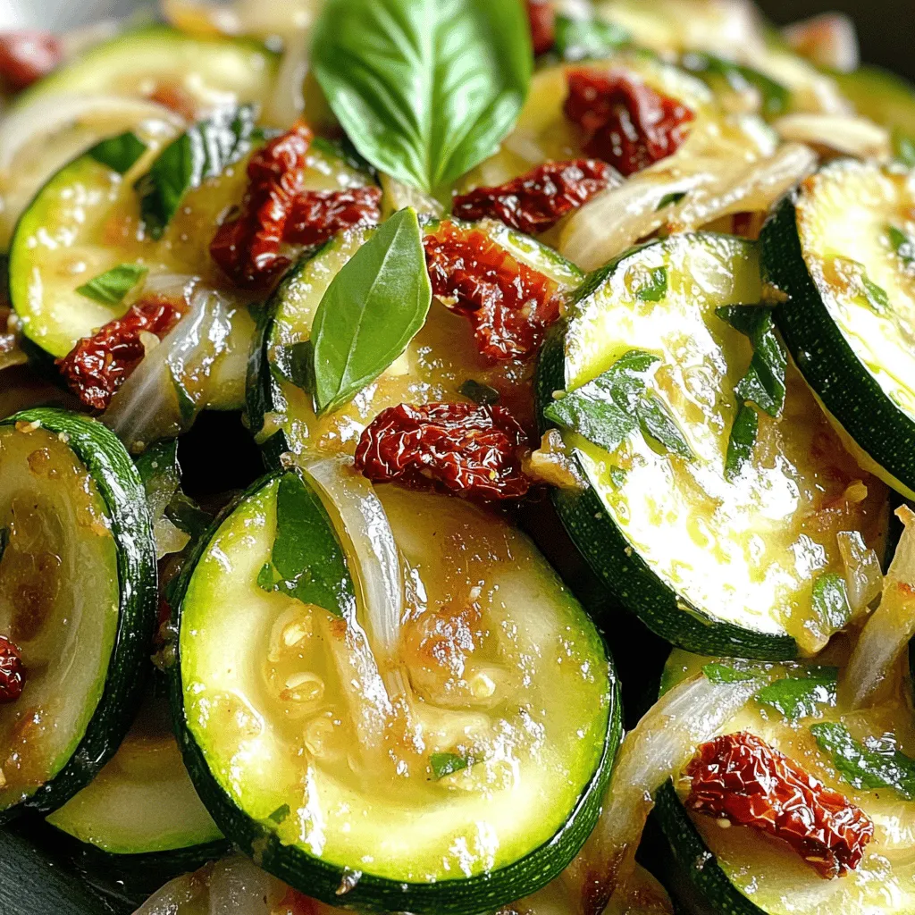To make sautéed zucchini with sun-dried tomatoes, you need fresh and flavorful ingredients. Here’s what you need to gather: - 3 medium zucchinis, sliced into half-moons - 1 cup sun-dried tomatoes, chopped - 1 medium onion, diced - 2 cloves garlic, minced - 1 tablespoon extra virgin olive oil - 1 teaspoon dried oregano - 1/2 teaspoon red pepper flakes (optional) - Salt and freshly ground black pepper - Fresh basil leaves for garnish - Grated parmesan cheese (optional) Each ingredient plays a key role in creating a dish that bursts with flavor. The zucchinis bring a mild and fresh taste, while sun-dried tomatoes add a rich, tangy kick. The garlic and onion provide depth, and the herbs enhance the overall profile. You can adjust the red pepper flakes based on your spice preference. If you want to elevate the dish, the optional parmesan adds a creamy finish. When you prepare this dish, focus on using good-quality sun-dried tomatoes, as they can make a big difference. For the best taste, try to find those packed in oil. This recipe is perfect for a quick meal or a side dish at dinner. You can also find the full recipe in the article. - Heat the Oil: Start by heating 1 tablespoon of extra virgin olive oil in a large skillet over medium heat. This oil will add flavor to your dish. - Sauté the Onion: Next, add 1 medium diced onion to the skillet. Cook for about 3-4 minutes. Stir it often until the onion becomes soft and clear. This shows it is ready. - Add Garlic: Now, stir in 2 cloves of minced garlic. Cook for another minute, stirring frequently. This will make your kitchen smell wonderful! - Prepare the Zucchini: Slice 3 medium zucchinis into half-moons. Toss the zucchini into the skillet along with some salt, freshly ground black pepper, and 1 teaspoon of dried oregano. If you like heat, add 1/2 teaspoon of red pepper flakes. - Cook the Zucchini: Sauté the zucchini for about 5-7 minutes. You want it to be soft yet still a bit crisp. This gives it a nice texture. - Add Sun-Dried Tomatoes: Next, mix in 1 cup of chopped sun-dried tomatoes. Cook for another 2-3 minutes. This will warm the tomatoes and let their tangy flavor blend into the dish. - Taste and Adjust: Remove the skillet from the heat. Taste the mix and add more salt, pepper, or red pepper flakes if you want. Adjust it to your liking. - Serve with Garnishes: Plate the warm sautéed zucchini. Garnish it with torn fresh basil leaves and a sprinkle of grated parmesan cheese if you like. This adds a rich touch to your dish. For the complete cooking experience, check out the Full Recipe. Enjoy your meal! - Ensure Zucchini Retains Crispness: Cook the zucchini on medium-high heat. This helps it stay firm. Sauté for just 5-7 minutes. You want it tender but still crunchy. - Use Fresh Ingredients for Best Flavor: Fresh zucchini and sun-dried tomatoes make a big difference. Look for bright zucchinis and plump tomatoes. Fresh herbs also boost the taste. - Presentation Tips: Serve the dish in a bright bowl. This makes the colors pop. Drizzle extra virgin olive oil around the edges for a tasty touch. - Recommended Pairings: This dish pairs well with grilled chicken or fish. You can also serve it with pasta or quinoa for a complete meal. {{image_4}} Using Different Varieties of Zucchini You can use yellow squash or pattypan squash if you want a twist. Both have similar textures and flavors. They will work well in this dish. You can also mix different types for fun colors and tastes. Alternative Seasonings If you like different flavors, try adding herbs like thyme or basil. You can also use lemon zest for a fresh kick. For a Mediterranean twist, add olives or capers. Experimenting keeps your meals exciting. Vegan Option This dish is already close to vegan. Just skip the parmesan cheese. You can also add nutritional yeast for a cheesy flavor without dairy. Gluten-Free Option This recipe is gluten-free as it stands. You don’t need any bread or grains. Enjoy it fresh and flavorful without worry. By exploring these variations, you can customize sautéed zucchini with sun-dried tomatoes to fit your taste and dietary needs. This makes it a versatile dish that everyone can enjoy. You can find the full recipe to get started on this delightful dish. - Refrigeration Guidelines: Place your sautéed zucchini in an airtight container. It stays fresh for 3 to 4 days in the fridge. Make sure it cools down before sealing. This way, it keeps its taste and texture. - Freezing Instructions: If you want to freeze the dish, let it cool first. Then, put it in a freezer-safe bag or container. It can last for 2 to 3 months. When ready to eat, thaw it in the fridge overnight before reheating. - Best Methods for Reheating: Reheat your zucchini on the stove over medium heat. This method helps it warm up evenly. Stir it often to avoid burning. You can also use the microwave, but heat it in short bursts. This way, it won’t get soggy. If you like, add a splash of olive oil for extra flavor. How long does sautéed zucchini last in the fridge? Sautéed zucchini can last up to 3 days in the fridge. Store it in an airtight container. To keep it fresh, let it cool before sealing. If you want to enjoy it longer, consider freezing it. Can I use fresh tomatoes instead of sun-dried? Yes, you can use fresh tomatoes. Fresh tomatoes will add moisture. Use about 2 medium tomatoes, diced. Keep in mind that the dish may taste different. Sun-dried tomatoes offer a rich, tangy flavor that fresh ones do not. What other dishes pair well with sautéed zucchini? Sautéed zucchini is versatile. It pairs well with pasta, grilled chicken, or fish. You can also serve it as a side with rice or quinoa. Try it on a bed of mixed greens for a light salad. What is the best way to slice zucchini for sautéing? Slice zucchini into half-moons for even cooking. Aim for ¼-inch thick slices. This size helps it cook quickly while keeping a nice texture. You can also cut them into sticks or rounds based on your preference. How do I know when zucchini is fully cooked? Zucchini is done when it is tender yet slightly crisp. It should have a bright color. If you press it gently with a fork, it should give but not be mushy. Cooking for 5-7 minutes usually achieves this ideal texture. This blog post covers all you need for making sautéed zucchini. You learned about key ingredients, step-by-step instructions, and helpful tips. Variations, storage, and common questions ensure you're prepared. Cooking should be fun and tasty. Try this recipe your way, and enjoy the great flavors. Remember, fresh ingredients make a big difference. Happy cooking!
