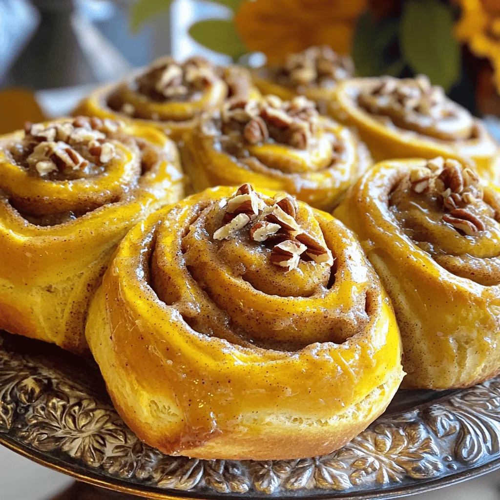 To make the perfect pumpkin cinnamon rolls, you need a mix of simple, tasty ingredients. Here’s what you will need: - 2 cups all-purpose flour - 1/2 cup pumpkin puree - 1/4 cup granulated sugar - 1/4 cup brown sugar - 1/2 teaspoon salt - 1 teaspoon baking soda - 1 teaspoon baking powder - 1 teaspoon ground cinnamon - 1/2 teaspoon ground nutmeg - 1/2 teaspoon ground ginger - 1/2 cup warm milk (around 110°F) - 1/4 cup unsalted butter, melted - 1 large egg These ingredients blend to create a soft, flavorful dough. The pumpkin gives it a lovely color and taste. The brown butter frosting adds a rich, nutty flavor to the rolls. You’ll need: - 1/2 cup unsalted butter - 1 cup powdered sugar - 1 teaspoon vanilla extract - 1 tablespoon milk (or more to adjust consistency) This frosting is creamy and smooth, making it a perfect topping for warm rolls. You can make your rolls even more special with some tasty add-ins. Consider these options: - 1/4 cup finely chopped pecans - 1/4 cup raisins or dried cranberries These add-ins bring extra flavor and texture. Feel free to mix and match based on your favorites. For the full recipe, check the details above. To start, gather your ingredients. In a large mixing bowl, whisk together the flour, granulated sugar, brown sugar, salt, baking soda, baking powder, cinnamon, nutmeg, and ginger. This mix sets the stage for your rolls. In another bowl, blend the warm milk, melted butter, and egg. Whisk until smooth. Add the pumpkin puree and mix well. Gradually pour the wet mix into the dry mix while stirring. Knead the dough on a floured surface for about five minutes. It should feel smooth and a bit sticky. Now it's time for the filling. In a small bowl, blend softened butter, brown sugar, and cinnamon. Mix until you get a spreadable paste. If you like a crunch, fold in the finely chopped pecans. This filling adds rich flavor to your rolls, making them extra special. After the dough has risen, roll it out on a floured surface into a rectangle about 14x10 inches. Spread the cinnamon filling evenly over the dough, leaving a small border. Starting from one long edge, roll the dough tightly into a log shape. Use a sharp knife or string to slice the log into 12 even pieces. Place the rolls in a greased baking dish with space in between. Cover with a towel and let them rise for another 30 minutes. While they rise, preheat your oven to 350°F (175°C). Bake the rolls for 20 to 25 minutes until golden brown. While the rolls bake, prepare the frosting. In a small saucepan, melt unsalted butter over medium heat. Watch closely as it turns golden brown and releases a nutty aroma. Remove it from the heat and let it cool slightly. In a mixing bowl, combine the cooled brown butter with powdered sugar, vanilla extract, and milk. Whisk until smooth. Adjust the milk to get your desired frosting thickness. When the rolls are out of the oven, drizzle the brown butter frosting over the warm rolls for added flavor. For the full recipe, check out the link provided. Enjoy making these delicious pumpkin cinnamon rolls! To get the best dough, keep it slightly sticky but manageable. If the dough feels too dry, add a bit of warm milk. If it’s too wet, sprinkle in a little flour. Knead the dough for about five minutes. You want it smooth and elastic. Let it rise in a warm spot. It should double in size, which takes about one hour. For the frosting, start by browning the butter. This gives a deep, nutty flavor. Once browned, let it cool slightly. Mix it with powdered sugar and vanilla. If the frosting is too thick, add a teaspoon of milk. If it’s too thin, add more sugar. Aim for a creamy, spreadable texture. Avoid over-kneading the dough. This can make the rolls tough. Don’t rush the rising times, as they are key for fluffiness. Lastly, when making frosting, ensure the butter isn’t super hot. Hot butter can melt the sugar, making it runny. Following these tips ensures your pumpkin cinnamon rolls turn out amazing! For a full recipe, check the [Full Recipe]. {{image_4}} You can make these pumpkin cinnamon rolls a bit healthier. Try using whole wheat flour instead of all-purpose flour. Whole wheat adds fiber and nutrients. You can also swap out some sugar for natural sweeteners like honey or maple syrup. This change keeps the sweetness while reducing refined sugars. There are many fun ways to change the flavor of your rolls. Adding chocolate chips gives a sweet twist. You can also mix in dried fruits like cranberries or raisins for extra texture. Spice lovers can add cardamom or cloves to the filling. These spices bring warmth and depth. Serve your pumpkin cinnamon rolls warm for the best taste. They pair well with a cup of coffee or tea. You can also add a side of cream cheese or vanilla ice cream. For a festive touch, garnish with extra pecans or a sprinkle of cinnamon. For the full recipe, check out the details above. Store your leftover pumpkin cinnamon rolls in an airtight container. Keep them at room temperature for up to two days. If you want to keep them longer, move them to the fridge. They will last for about a week in the fridge. Make sure they are wrapped well to avoid drying out. To reheat your rolls, preheat your oven to 350°F (175°C). Place the rolls on a baking sheet. Cover them with foil to keep them moist. Heat for about 10-15 minutes until warm. You can also use the microwave. Heat each roll for about 20-30 seconds. This method is quicker but may make them a bit chewy. If you want to freeze the rolls, let them cool completely first. Place them in a freezer-safe bag or container. They can be frozen for up to three months. When you are ready to eat them, thaw in the fridge overnight. Reheat them using the tips above for the best taste. Enjoy your delicious pumpkin cinnamon rolls again later! You can find the Full Recipe in the article above. Yes, you can make the dough ahead. Just prepare it and let it rise. Once it doubles in size, shape the rolls. Then, wrap them tightly in plastic wrap and store them in the fridge. You can also freeze the dough. Just let it thaw in the fridge overnight before baking. To make these rolls vegan, swap out the egg for a flax egg. Mix 1 tablespoon of ground flaxseed with 2.5 tablespoons of water. Let it sit for five minutes to thicken. Use almond milk or oat milk instead of regular milk. Lastly, choose a vegan butter for the dough and frosting. If you don't have brown butter, you can use regular unsalted butter. Just melt it and mix it with the other frosting ingredients. You can also add a touch of vanilla or maple syrup for flavor. This way, you still get a tasty frosting. These rolls last for about three days at room temperature. Keep them in an airtight container to stay fresh. If you want them to last longer, store them in the fridge for about a week. You can also freeze them for up to three months. Just make sure to wrap them well! You now know how to make pumpkin cinnamon rolls from scratch. We covered essential ingredients, step-by-step baking, and tips for success. You can try variations to make them your own and learn how to store leftovers. Remember, homemade treats bring joy. Don't hesitate to share these rolls with family and friends. Enjoy the process and the outcome!