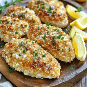 - 4 boneless, skinless chicken breasts - 1 cup finely grated Parmesan cheese - 1 cup panko breadcrumbs - 2 teaspoons garlic powder - 1 teaspoon dried Italian herb blend - Salt and pepper to taste - 2 large eggs - 1 tablespoon Dijon mustard - 2 tablespoons extra virgin olive oil Using these simple ingredients, you create a dish that is both tasty and easy. The chicken stays juicy while the coating gives a satisfying crunch. Each ingredient plays a key role. The Parmesan cheese adds a rich, nutty taste. The panko breadcrumbs ensure a crispy texture. Garlic powder and Italian herbs bring delightful flavors to every bite. The eggs and Dijon mustard act as binding agents. They help the coating stick to the chicken. This keeps it from falling off during cooking. Salt and pepper add basic seasoning that enhances the dish without overpowering it. This recipe is flexible too. Feel free to swap out seasonings to match your taste. You can also explore different cheese blends or breadcrumbs. For a detailed guide, check the Full Recipe. - Preheat the oven to 400°F (200°C). - Line a baking sheet with parchment paper for easier cleanup. - In a shallow bowl, whisk together 2 large eggs and 1 tablespoon of Dijon mustard until smooth. - In a separate bowl, combine: - 1 cup finely grated Parmesan cheese - 1 cup panko breadcrumbs - 2 teaspoons garlic powder - 1 teaspoon dried Italian herb blend - Salt and freshly cracked black pepper, to taste. Mix these well. - Take each chicken breast and dip it into the egg mixture. Make sure it is fully coated. - Then, dredge the chicken in the breadcrumb mixture. Press gently to help it stick well. - Arrange the coated chicken breasts on the baking sheet in a single layer. - Drizzle with 2 tablespoons of extra virgin olive oil. This helps get a crispy crust. - Place the baking sheet in the oven and bake for 25-30 minutes. The chicken is done when juices run clear and the crust is golden brown. - After baking, remove the chicken from the oven and let it rest for 5 minutes. This helps keep the juices inside. - Garnish with freshly chopped parsley before serving. For the full recipe, refer back to the earlier section. Enjoy your delicious Parmesan Crusted Chicken! To get the perfect crispy crust, use panko breadcrumbs. They are lighter and crunchier than regular breadcrumbs. Here are some tips to maximize that crunch: - Mix the panko with finely grated Parmesan cheese. - Add a bit of olive oil to the breadcrumb mix. This helps it crisp up in the oven. - Press the breadcrumbs firmly onto the chicken. This ensures they stick well during baking. You want your chicken to be juicy and tender. Here’s how to achieve that: - Bake the chicken at 400°F (200°C) for 25-30 minutes. - Check for doneness by cutting into the thickest part. The juices should run clear. - If you have a meat thermometer, aim for an internal temperature of 165°F (74°C) for safety. To kick up the flavor, consider adding herbs or spices. Here are some ideas: - Mix in dried rosemary or thyme with your breadcrumbs. - Try adding a pinch of cayenne pepper for heat. - For a fresh taste, sprinkle lemon zest on top before serving. These simple tips will help you master Parmesan crusted chicken every time. For the full recipe, check the link included in this article. Enjoy your cooking! {{image_4}} You can switch up the cheese for new flavors. Mozzarella melts well and adds creaminess. Cheddar gives a sharp taste that many love. You might also try gouda for a smoky twist. The options are endless, so feel free to experiment until you find your favorite! If you need a gluten-free option, don't worry! You can use gluten-free breadcrumbs instead of regular ones. Look for brands that offer a good crunch. Almond flour is another great option. It adds a nice nutty flavor and still keeps the chicken crispy. Want to change the flavor of your chicken? Add lemon zest to the egg mixture for a bright touch. You can also mix in some smoked paprika or cayenne pepper for a kick. Fresh herbs like thyme or rosemary can enhance the taste too. Experiment and find the flavor you love most! To keep your Parmesan crusted chicken fresh, refrigerate leftovers. Place the chicken in an airtight container. This helps to keep moisture in and prevents drying out. Make sure to store it within two hours of cooking. To freeze Parmesan crusted chicken, wrap each piece tightly in plastic wrap. Then, place them in a freezer bag or container. This helps avoid freezer burn. When you're ready to eat, thaw it overnight in the fridge. Reheat in the oven at 350°F (175°C) until warmed through. This keeps the crust crispy. Cooked Parmesan crusted chicken lasts about 3 to 4 days in the fridge. Always check for signs of spoilage, like a strange smell or color change. If you notice anything off, it's best to toss it out. Enjoy your meal safely! To check if your chicken is done, look for clear juices. You can also use a meat thermometer. The chicken should reach an internal temperature of 165°F (75°C). This ensures it is safe to eat. If you slice into the chicken, the meat should be white, not pink. This means the chicken is cooked perfectly. Yes, you can use chicken thighs! Thighs have a richer flavor and stay moist. However, they may take longer to cook. Bake them for about 30-35 minutes. Always check the internal temperature to ensure they reach 165°F (75°C). Adjust your time based on thickness. Parmesan Crusted Chicken goes well with many sides. Here are some great options: - Steamed broccoli - Roasted carrots - Mixed green salad - Garlic mashed potatoes - Quinoa with herbs These sides complement the chicken's flavor and create a balanced meal. Parmesan Crusted Chicken can be part of a healthy diet. It has protein from chicken and calcium from cheese. To make it healthier, try these tips: - Use less cheese or a low-fat version. - Swap panko for whole grain breadcrumbs. - Serve with lots of veggies. This way, you keep the taste while making it lighter. For the complete recipe, check out the [Full Recipe]. It has all the steps, tips, and details you need to create this delicious dish! In this guide, we covered how to create delicious Parmesan Crusted Chicken. We explored key ingredients like chicken breasts, Parmesan cheese, and panko breadcrumbs. I shared step-by-step instructions for making a crispy crust and tips for juicy meat. You learned about flavor variations and storage methods too. Now, with these insights, you can prepare a tasty meal that delights. Enjoy cooking and experimenting with different flavors to make this dish your own!